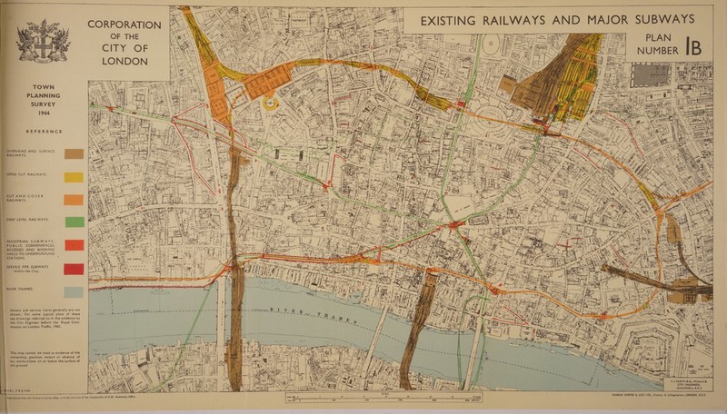 fh ; [ig nD ili CORPORATION OF THE LONDON itanc Teall PLANNING Renee So SURVEY Mi DINGS Gu 1944 fa aai = REFERENCE  IWERHEAD AND SURFACE KILWAYS. OPEN CUT RAILWAYS.  CUT AND COVER RAILWAYS. DEEP LEVEL RAILWAYS.  PEDESTRIAN SUBWAYS, k ‘ 7 i aC 5 eS = Hi F \ PUBLIC CONVENIENCES, _ ACCESSES AND BOOKING _ HALLS TO UNDERGROUND x _ STATIONS. EN NN, eW] : . : | vy r oh, iy P |) SE iar SERVICE PIPE SUBWAYS within the City. F gethe Tower ge RIVER THAMES. oo a ae ee eeesldee Mies Fp sng mech ent Sewers and service mains generally are not For some typical plans of these shown, see drawings referred to in the evidence by the City Engineer before the Royal Com- mission on London Traffic, 1905. er : :  This map cannot be cited as evidence of the ownership, position, extent or absence of any works either on or below the surface of   the ground. -F.B.L./F &amp; $/1944 Reproduced from the Ordnance Survey Map, with the ‘sanction of the Comptroller of H.M. Stationery Office. 