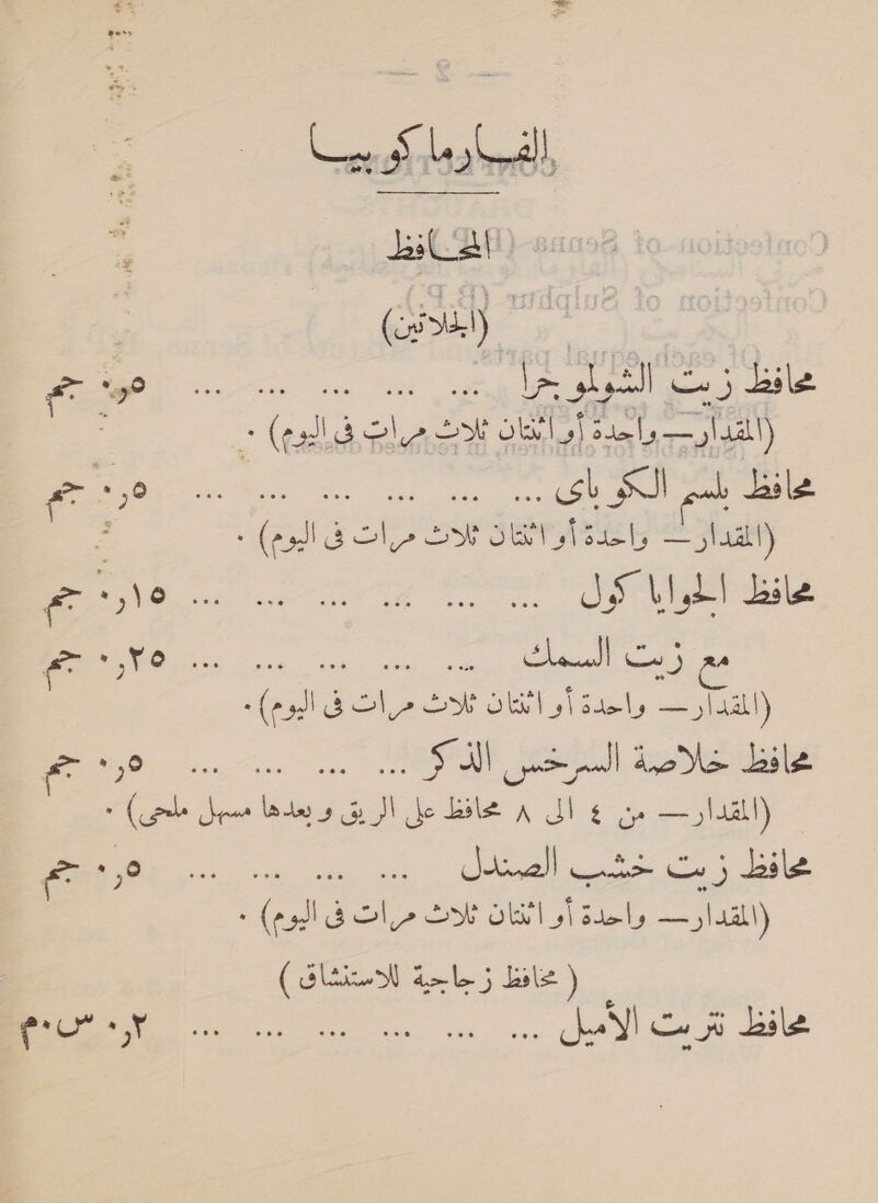 Lal BM ' (اخلانين) محافظط زت ا aa at‏ ال cs‏ 32 (المقدار ب واحدة أو ايان 0700 ٠‏ : محافظ بلس الكوباى ... ... ... . eee‏ ee‏ واحدة أو ot sh‏ ات و . 9 ٠ اليوم)‎ BSI oe نكا ف‎ die hee (pb 2 ا‎ bole A a $ من‎ play (المقدار — واحدة أو اثنتان ثلاث مرات فى اليوم) ٠‏ an‏ زجاحية لتم