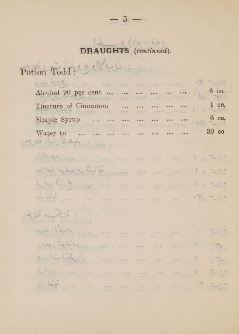 DRAUGHTS (continued). ji 2 Potion Todd 5 ** Alcohol 90 per لك كا سي الصف‎ ee eR Tincture of Cinnamon s.r see ام‎ nee 1 ce. Simple Syrup ا‎ 6.6.0 se ا...‎ cee ee see ee 6 ce, Water EO see he aes kee” eee eee Sem ee 30 ce