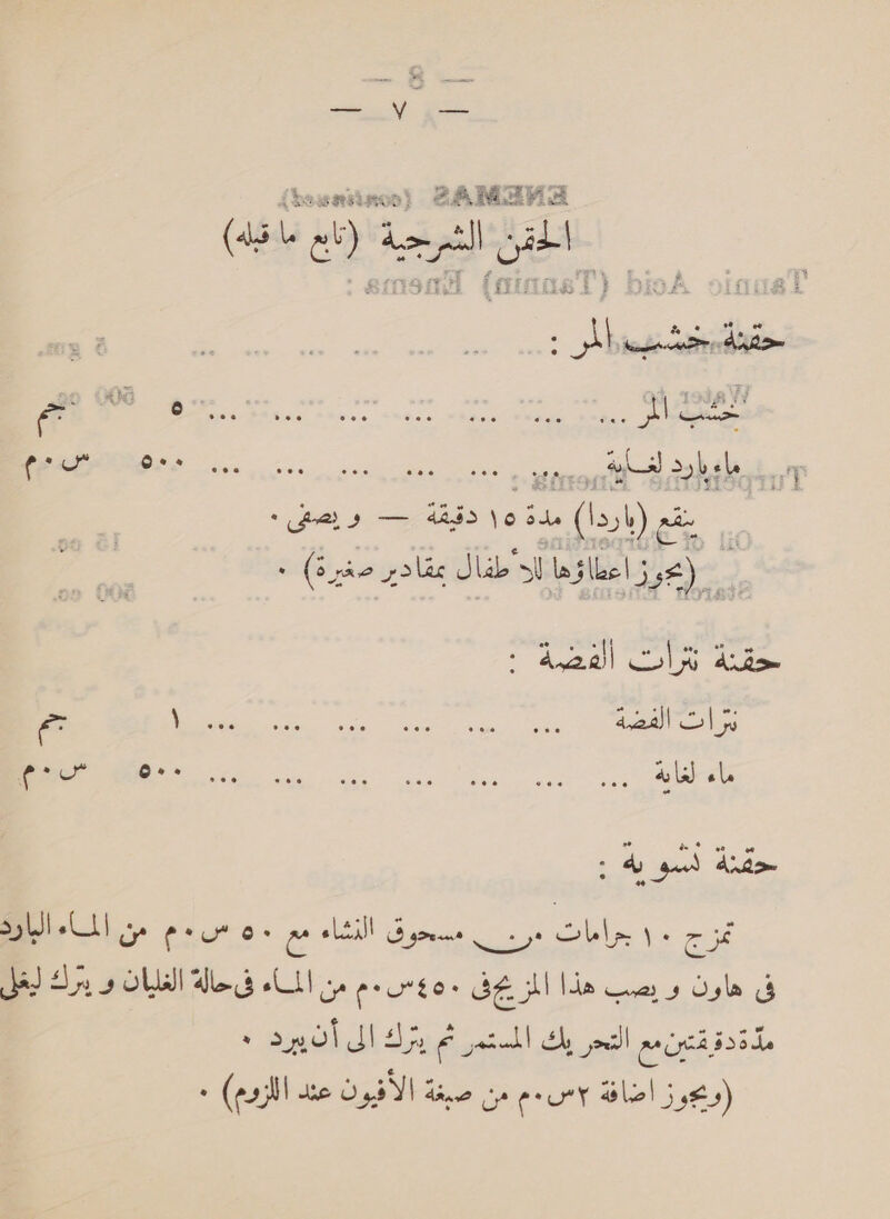 seme! ZAMAVaA 0 7 ‘one Soe SO ee ene ae ee ee cme “Beis ةقيقد‎ 5 3 be (باردا)‎ aie ٠ ره(‎ rae بمقادير‎ J Lake 5 las (#وزاعطا‎ . : القضة‎ OLS حقنة‎ مي ا الي ا جم‎ emt نرات الفضة‎ i es oes aoe اي‎ ee نمزج bl» \ ٠‏ دراه مس دوق ltl‏ و ٠‏ م6 Cie‏ من | pl‏ المارد فى هاون و يصب هذا GE BI‏ .٠ه‏ ؛ س مم من الماء Weg‏ الغليان و يترك ليغل i250‏ مين مع التحر يك المستمر ثم رك الى أن يبرد ٠‏ (ويجوز اضافة erry‏ من dine‏ الأفيون عند اللزوم) ٠‏