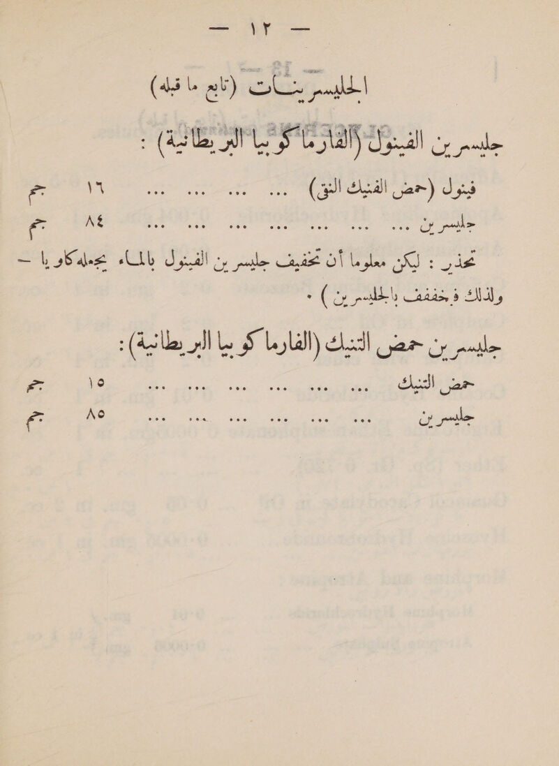 ald |‏ ينات (تابع ما قبله) cy pale‏ الفينول I SCA‏ يظائية) : فينول ver)‏ الفنيك !3( <ايسر بن 3 واذلك 5 خففف بالخليسرين ) ٠‏ حمض التنيك جليسر بن ا جم Ag‏ جم