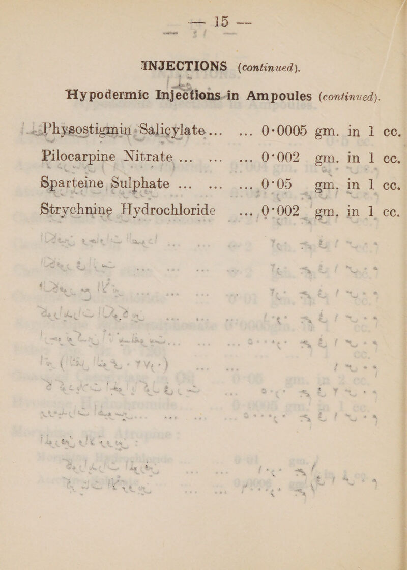 Hy podermic Injections.-in Am poules (continued). ..:Physostigmin Salicylate... ... 0١0005 gm. in 1 ce. Pilocarpine Nitrate vee vss se, 0°002 gm. in 1 ce. Sparteine Sulphate ... tpl 05. تبترت‎ |
