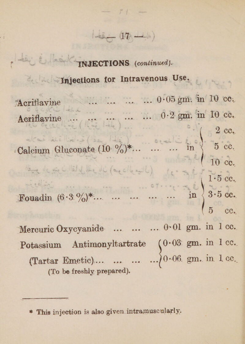 ١ -Ynjeetions. for Intravenous Use. | “Acrifiavine it. اوه‎ OR gh Sn! TO vo. Acriflavine i. ل‎ ar eee. ea stile (tape 1 Genk Calcium Gluconate. (10 of ie, 2 a ع‎ iets | | 10 ce. ‘Fouadin (6°3:%)*.... 2 اميه‎ oe Ph jn \ 3-5 ce. 5 06 “Mercuric Oxycyanide ... ... ... 0-01 gm. in lee. Potassium Antimonyltartrate (0-03 gm. in 1 ce. (Tartar Emetic):... ... «+ ...| 6 om. in. | ee, (To be freshly. prepared). * This injection is also given. intramuscularly.