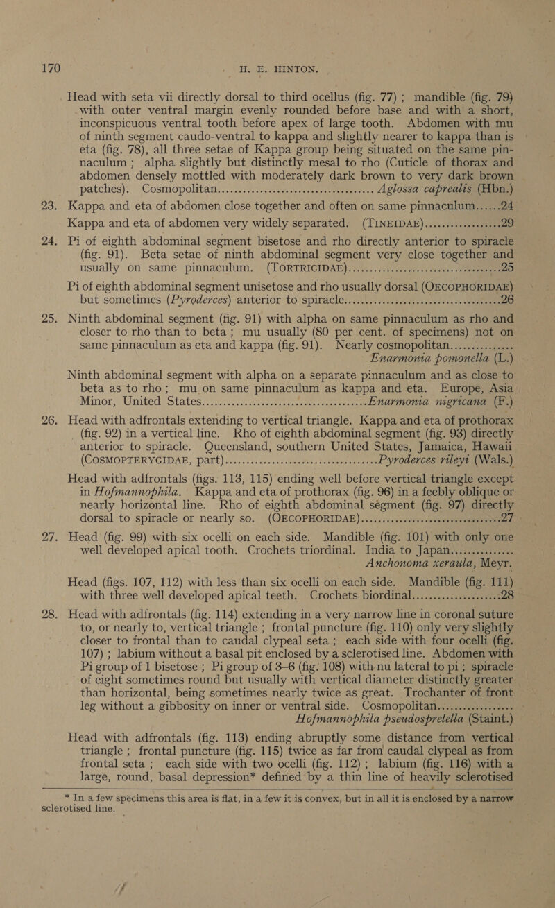 23. 24. 25. 26. 27. 28. Head with seta vu directly dorsal to third ocellus (fig. 77) ; mandible (fig. 79) with outer ventral margin evenly rounded before base and with a short, inconspicuous ventral tooth before apex of large tooth. Abdomen with mu of ninth segment caudo-ventral to kappa and slightly nearer to kappa than is eta (fig. 78), all three setae of Kappa group being situated on the same pin- naculum ; alpha slightly but distinctly mesal to rho (Cuticle of thorax and abdomen densely mottled with moderately dark brown to very dark brown patches):’ Cosmopolitans. 5st sve seaes ere emer Aglossa caprealis (Hbn.) Kappa and eta of abdomen close together and often on same pinnaculum...... 24 Kappa and eta of abdomen very widely separated. (TINEIDAE).................. 29 Pi of eighth abdominal segment bisetose and rho directly anterior to spiracle (fig. 91). Beta setae of ninth abdominal segment very close together and usually on same pinnaculum, \(TORTRICIDAE).%..-.J.yc;cee.0-o-ess ee 25 Pi of eighth abdominal segment unisetose and rho usually dorsal (OECOPHORIDAE) but sometimes -(Pyroderces) anterior to spitacle’2.. 1 meaaene eee 26 Ninth abdominal segment (fig. 91) with alpha on same pinnaculum as rho and closer to rho than to beta; mu usually (80 per cent. of specimens) not on same pinnaculum as eta and kappa (fig. 91). Nearly cosmopolitan............... Enarmonia pomonella (L.) Ninth abdominal segment with alpha on a separate pinnaculum and as close to beta as to rho; mu on same pinnaculum as kappa and eta. Europe, Asia Minor, (United Statesr. sevsi1-5 ccs uenean ees ane Enarmonia nigricana (F.) (fig. 92) in a vertical line. Rho of eighth abdominal segment (fig. 93) directly anterior to spiracle. Queensland, southern United States, Jamaica, Hawaii (COSMOPTERYGIDAE, Dart) :....2%. 4+ +-canee tere Beane ene Pyroderces rileyt (Wals.) Head with adfrontals (figs. 113, 115) ending well before vertical triangle except in Hofmannophila. Kappa and eta of prothorax (fig. 96) in a feebly oblique or nearly horizontal line. Rho of eighth abdominal segment (fig. 97) directly dorsal to spiracle or nearly ‘so. _(OECOPHORIDAE).;..4)..1..09) 5. eee 27. Head (fig. 99) with six ocelli on each side. Mandible (fig. 101) with only one well developed apical tooth. Crochets triordinal. India to Japan..,............. Anchonoma xeraula, Meyr. Head (figs. 107, 112) with less than six ocelli on each side. Mandible (fig. 111) with three well developed apical teeth. Crochets. biordinal..............0.....: 28 © Head with adfrontals (fig. 114) extending in a very narrow line in coronal suture to, or nearly to, vertical triangle ; frontal puncture (fig. 110) only very slightly closer to frontal than to caudal clypeal seta ; each side with four ocelli (fig. 107) ; labium without a basal pit enclosed by a sclerotised line. Abdomen with — Pi group of 1 bisetose ; Pi group of 3-6 (fig. 108) with nu lateral to pi; spiracle of eight sometimes round but usually with vertical diameter distinctly greater than horizontal, being sometimes nearly twice as great. Trochanter of front leg without a gibbosity on inner or ventral side. Cosmopolitan.................. . Hofmannophila pseudospretella (Staint.) Head with adfrontals (fig. 113) ending abruptly some distance from vertical triangle ; frontal puncture (fig. 115) twice as far from caudal clypeal as from frontal seta ; each side with two ocelli (fig. 112) ; labium (fig. 116) with a large, round, basal depression* defined ae a thin line of heavily sclerotised   * In a few specimens this area is flat, in a few it is convex, but in all it is enclosed by a narrow