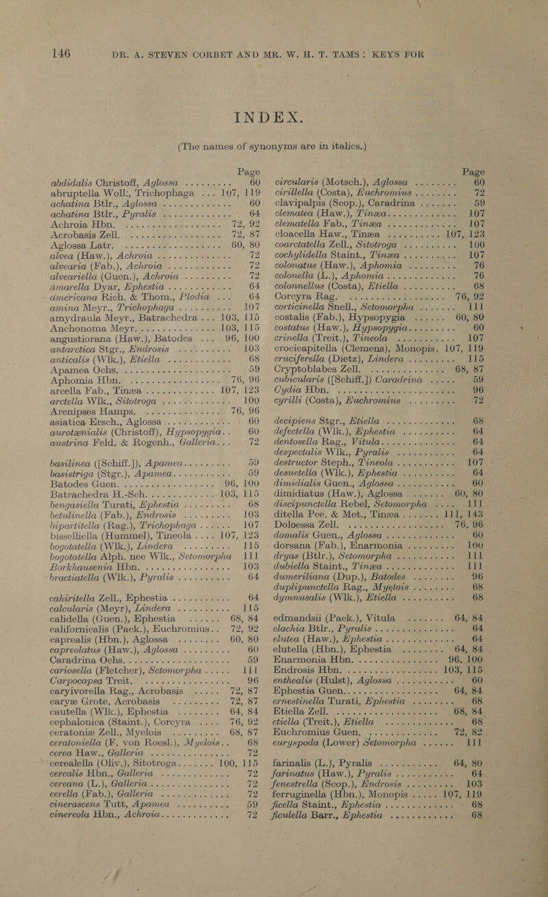 INDEX. (The names of synonyms are in italics.) Page Page abdidalis Christoff, Aglossa ......... 60 circularis (Motsch.), Aglossa ........ 69. abruptella Woll:, Trichophaga ... 107, 119 carillella (Costa), Huchromius ........ 72 achatina Btlr,, Aglossaigs 0. .'..0 5.35% 60 clavipalpis (Scop.), Caradrina ....... 59 achatina Btlr., Pyralis Wi. . 6. veo oe 64 clematea (Haw.), Tinwa..........+%. 107 Achroja Hb, Vso. +a eles oe 72,92. clematelia Fab., Jinan 2. -ce ae 107 Acrobasis Zell. -\ 3 \. 3. scsi sensi ote 72,87 cloacella Haw., Tinea 205.55 ee 107, 123 Aglossa Siar) -45\s 5 ier + - Gm neni 60, 80 coarctatella Zell., Sitotroga .......... 100 alvea (Haw,),; AcChroid oF. «1. m. wns =: 72 cochylidella Staint., Tinwza .......:.. 107 alvearia (Fab.), Achroia ......+.+55- 72 colonatus (Haw.), Aphomia ......... 76 alveariella (Guen.), Achroia ......... 72 colonélla (L.), Aphomia.'......+.-.4- 76 amarella Dyar, Hphestia ............ 64 colonnellus (Costa), Hitella .......... 68 americana Rich. &amp; Thom., Plodia ... 64. Corcyra Rag. i osebn eee 76, 92 amina Meyr., Trichophaga .......... 107 corticinella Snell., Setomorpha ....... 111 amydraula Meyr., Batrachedra... 103, 115 costalis (Fab.), Hypsopygia ...... 60, 80 Anchonomia Meyrares 5 oo. 5)s rere 103, 115 costatus (Haw.), Hypsopygia......... 60 angustiorana (Haw.), Batodes 96,100 — erinelia (Treit.), Tineola a. eee ee 107 antarctica Stgr., Hndrosis .......... 103 crocicapitella (Clemens), Monopis. 107, 119 anticalis (W1k.), Hivella..........+.... 68 cruciferella (Dietz), Lindera ......... 115 Apames Och&amp;, p.asieeks seu ee aes 59. Cryptoblabes Zelle&gt; .« venules soe 68, 87 Aphomia big, 4.) .snGneaey kage 76, 96 cubicularis ([Schiff.]) Caradrina ..... 59 arcella Fab., Winza '.;¥.2g... fh. cet 107, 123° -Cydha Hbny. Skit y eee eee 96 arctella Wl1k., Sitotroga ......-....4. 100 cyrilla (Costa), Huchromius ......... 72 Arenipses Hamps. .............. 76, 96 asiatica Ersch., Aglossa...........¢.. 60 decipiens Ster,, Hella 1.0... ..eeeee 68 aurotzenialis (Christoff), Hypsopyga. . 60 defectella (WI1k.), Hphestia .......... 64 austrina Feld. &amp; Rogenh., Galleria... 2 dentosella Ragi, Vitula in cise. ute eee 64 despectalis'‘Wlk., Pyralis ........... 64 basilinea ([Schiff.]), Apamea......... 59 | destructor Steph., Tineola ........... 107 » basistriga (Stgr.), Apamed........... 59 desuetella (W1k.), Hphestia .......... 64 Gatodes Guen iy ict, soe Saou tga ore 96, 100 dimidialis Guen., Aglossa........ he Batrachedra H)-Sclivs: his oie eee 103, 115 dimidiatus (Haw.), Aglossa ...... 60, 80 bengasiella Turati, Hphestia ......... 68 discipunctella Rebel, Setomorpha .... 111 betulinella (Fab.), Endrosis oo... eeu 103 ___ ditella Pce. &amp; Met., Tinza....... lll, 143 bipartitella (Rag.), T'richophaga ...... 107. Doloessa Zell. ..... 50. ae eee 76, 96 bisselliclla (Hummel), Tineola.... 107, 123 domalis Guen., Aglossa............. 60 bogotatella (W1k.), Lindera ......... 115 \ dorsana (Fab.), Enarmoniay a oer. 100 bogotatella Alph. nec W1k., Setomorpha 111 dryas (Btlr.), Setomorpha ........... lll Borichiiiseengy SADE seis ss + ++ &gt; Sees 103 ~ dubiella Staint., Tinwa .... 6... +&gt; Ad bractiatella (W1k.), Pyralis .......... 64 dumeriliana (Dup.), Batodes ........ 96 duplipunctella Rag., Myelois ........ 68 caliritella Zell., Ephestia ........... 64 dymnusalis (WI1k.), Htiella ...... ha we 68 calcularis (Meyr), Lindera .......... 115 | calidella (Guen.), Ephestia ...... 68, 84 edmandsii (Pack.), Vitula ....... 64, 84 californicalis (Pack.), Euchromius.. 72, 92 elachia Btlr., Pyralis............... 64 caprealis (Hbn.), Aglossa ........ 60, 80° . elutea (Haw.), Hphesiia ... 5... aaes 64 capreolatus (Haw.), Aglossa ......... 60 elutella (Hbn.), Ephestia ........ 64, 84 Caratirina S3ebhs /i Seb 6 -&lt;5 AG pie ves. oe 59 Enarmonia Hbn, ... cee 96, 100 cartosella (Fletcher), Setomorpha..... 111. Endrosis Hbn,”. ...2.3,55 eee 103, 115 Garpoch psa TTpit Mes sis oe Soave G eee 96 enthealis (Hulst), Aglossa ........... 60 caryivorella Rag., Acrobasis ..... 72, 87 —Epbestia Guen,...2.. ic .5-eu eee 64, 84 cary Grote, Acrobasis ......... 72, 87 ernestinella Turati, Ephestia ........ 68 cautella (W1k.), Ephestia ........ 64, 84 Etiella Zell; 2... 5... eee 68, 84. cephalonica (Staint.), Corcyra .... 76,92 etrella (Treit.), Hitella .........+..4. 68 ceratoniz Zell., Myelois ......... 68, 87 Huchromius Guen, |; .)..s.. eee 72; 82 ceratomiella (F. von Roesl.), Myelois.. 68 euryspoda (Lower) Setomorpha ...... Lid, COTE ELA APGHETIE hii Wives os Saas woe ie cerealella (Oliv.), Sitotroga....... 100, 115 ~—farinals (L.), Pyralis ...-¢sa cee 64, 80 . cerealis Hbn., Gallerza ........02.55 72 | farinatus (Haw.), Pyralis ........48&gt; 64 coreane (Ti.), Galeria. owe es cee nes 72 fenestrella (Scop.), Lndrosis .......9 103 cerelia (Fab,),Gaueria «. 065.0 i tod 72 ferruginella (Hbn.), Monopis ..... 107, 119 cinerascens Tutt, Apamea .......... 59 ficella Staint., Uphesiia....... sss ene s 68 cinereola Hbn., Achroia............. 72 ficulella Barr., Ephestia ..... ees vere: » 68 