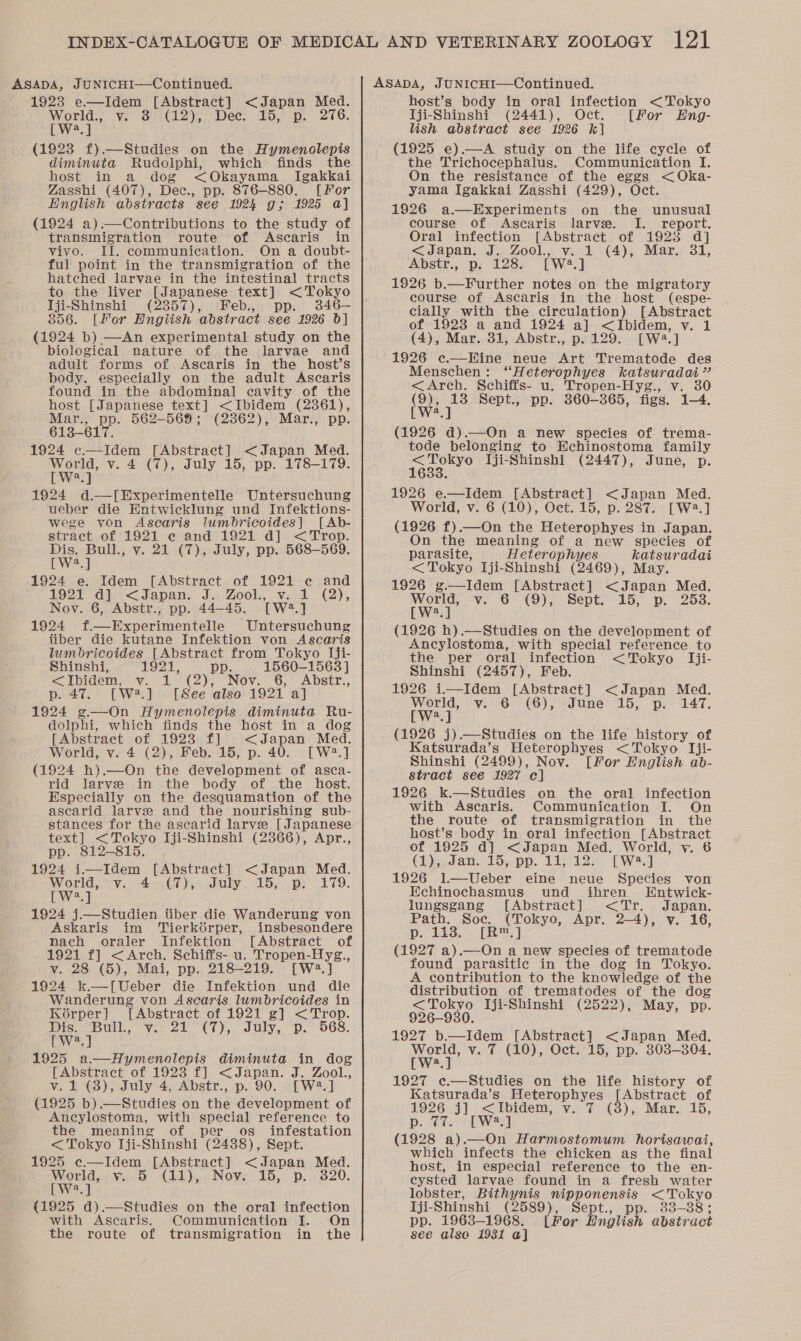 1923 e.—Idem [Abstract] &lt;Japan Med. World., v. 3° (12), Dec. 15, p. 276. EW. (1923 f).—Studies on the Hymenolepis diminuta Rudolphi, which finds the host in a dog &lt;Okayama Igakkai Zasshi (407), Dec., pp. 876-880. [For English abstracts see 1924 g; 1925 a] (1924 a).—Contributions to the study of transmigration route of Ascaris in vivo. II. communication. On a doubt- ful point in the transmigration of the hatched larvae in the intestinal tracts to the liver [Japanese text] &lt;Tokyo Iji-Shinshi (2357), Feb., pp. 346— 856. [For Hnglish abstract see 1926 6] (1924 b) —An experimental study on the biological nature of the larvae and adult forms of Ascaris in the host’s body. especially on the adult Ascaris found in the abdominal cavity of the host [Japanese text] &lt;Ibidem (2361), Mar., pp. 562-569; (2862), Mar., pp. 613-617. 1924 e.—Idem [Abstract] &lt;Japan Med. oe vy. 4 (7), July 15, ‘pp. 178-179. Ja 1924 d.—[Experimentelle Untersuchung ueber die Entwicklung und Infektions- wege yon Ascaris lumbricoides|] [Ab- stract of 1921 ec and 1921 d] &lt; Trop. Dis. Bull., v. 21 (7), July, pp. 568-569. [W2.] 1924 e. Idem [Abstract of 1921 e and 1921 -d}..&lt; Japan. Ji. Zool., wii (2), Noy. 6, Abstr., pp. 44-45. [W2?.] 1924 f.—Experimentelle Untersuchung liber die kutane Infektion von Ascaris lumbricoides [Abstract from Tokyo I[ji- Shinshi, T9211, pp. 1560-1563] &lt;Ibidem,- v. 1 -(2), “Nov. “6, Abstr., p. 47. [W2.] [See also 1921 a] 1924 ¢—On Hymenolepis diminuta Ru- dolphi, which finds the host in a dog [Abstraet of 1928 f] &lt;Japan Med. World, v. 4 (2), Feb. 15, p. 40. [W2.] (1924 h).—On the development of asca- rid larve in the body of the host. Especially on the desquamation of the ascarid larve and the nourishing sub- stances for the ascarid larve [Japanese text] &lt;Tokyo Iji-Shinshi (2366), Apr., pp. 812-815. 1924 i—Idem [Abstract] &lt;Japan Med. World, v. 4 (7), July 15, p: 179. [ W2.] 1924 j.—Studien tiber die Wanderung von Askaris im Tierkérper, insbesondere nach oraler Infektion [Abstract of 1921 f] &lt;Arch. Schiffs- u. Tropen-Hyg., vy. 28 (5), Mai, pp. 218-219. [W:.] 1924 k.—[Ueber die Infektion und die Wanderung von Ascaris lumbricoides in Korper] [Abstract of 1921 g] &lt;Trop. Wis Buk, vi 2) (7). July, ‘p. O68. [w.] 1925 a—Hymenolepis diminuta in dog [Abstract of 1923 f] &lt;Japan. J. Zool., v. 1 (3), July 4, Abstr., p. 90. [W2.] (1925 b).—Studies on the development of Ancylostoma, with special reference to the meaning of per os infestation &lt; Tokyo Iji-Shinshi (2438), Sept. 1925 ¢c.—Idem [Abstract] &lt;Japan Med. World; Vs-5 (11), Nov: 15, p.;.320. wed (1925 d).—Studies on the oral infection with Ascaris. Communication I. On the route of transmigration in the  host’s body in oral infection &lt;Tokyo Tji-Shinshi (2441), Oct. [For Eng- lish abstract see 1926 k] (1925 e).—A study on the life cycle of the Trichocephalus. Communication I. On the resistance of the eggs &lt;Oka- yama Igakkai Zasshi (429), Oct. 1926 a.—Experiments on the unusual course of Ascaris larve. I. report. Oral infection [Abstract of 1923 d] &lt;Japan. J. Zool., v. 1 (4), Mar. 31, Abstr., p. 128. [W2.] 1926 b.—Further notes on the migratory course of Ascaris in the host (espe- cially with the circulation) [Abstract of 1923 a and 1924 a] &lt;Ibidem, v. 1 (4), Mar. 31, Abstr., p. 129. [W2.] 1926 e.—Hine neue Art Trematode des Menschen: “Heterophyes katsuradai ’”’ &lt;Arch. Schiffs- u. Tropen-Hyg., v. 30 (oa ae Sept., pp. 860-365, figs. 1-4. a (1926 d).—On a new species of trema- tode belonging to Echinostoma family eee Tji-Shinshi (2447), June, p. 1926 e—Idem [Abstract] &lt;Japan Med. World, v. 6 (10), Oct. 15, p. 287. [W2.] (1926 f).—On the Heterophyes in Japan. On the meaning of a new species of parasite, Heterophyes katsuradai &lt; Tokyo Iji-Shinshi (2469), May. 1926 g—Idem [Abstract] &lt;Japan Med. World, v. 6 (9), Sept. 15, p. 253. [W?.] (1926 h).—Studies on the development of Ancylostoma, with special reference to the per oral infection &lt;Tokyo Iji- Shinshi (2457), Feb. 1926 i—Idem [Abstract] &lt;Japan Med. World, v. 6 (6), June 15, p. 147. [W?.] (1926 j).—Studies on the life history of Katsurada’s Heterophyes &lt;Tokyo Iji- Shinshi (2499), Nov. [For English ab- stract see 1927 c] 1926 k.—Studies on the oral infection with Ascaris. Communication I. On the route of transmigration in the host’s body in oral infection [Abstract of 1925 d] &lt;Japan Med. World, v. 6 (1)5.Fan. 15, pp. 11,12: [WwW 1926 1.—Ueber eine neue Species von Echinochasmus und ihren. Entwick- lungsgang [Abstract] &lt;Tr. Japan. Path. Soc. (Tokyo, Apr. 2-4), v. 16, p. 113. [R™.] (1927 a).—-On a new species of trematode found parasitic in the dog in Tokyo. A contribution to the knowledge of the distribution of trematodes of the dog &lt;Tokyo Iji-Shinshi (2522), May, pp. 926-930. 1927 b.—Idem [Abstract] &lt;Japan Med. ea? v. 7 (10), Oct. 15, pp. 303-304. a  1927 c.—Studies on the life history of Katsurada’s Heterophyes [Abstract of 1926 j] &lt;Ibidem, v. 7 (3), Mar. 15, Dp. “CFs &gt; [Ws] (1928 a).—On Harmostomum horisawai, which infects the chicken as the final host, in especial reference to the en- ecysted larvae found in a fresh water lobster, Bithynis nipponensis &lt;'Tokyo Iji-Shinshi (2589), Sept., pp. 83-38; pp. 1963-1968. [For English abstract see alse 19381 a] |