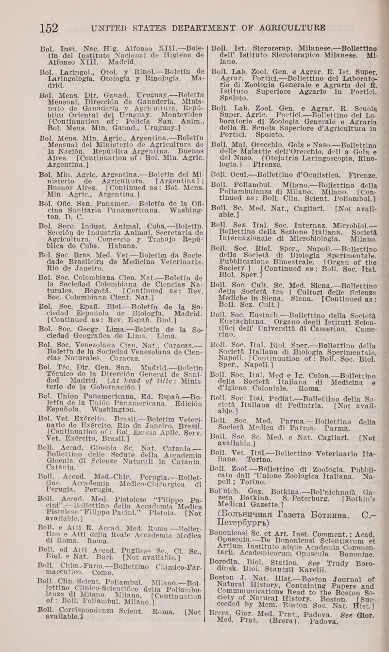 Bol. Laringol., Otol. y Rinol.—Boletin de Bol. Mens. Dir. Ganad., Uruguay.—Boletin Mensual, Direccién de Ganaderfa, Minis- terio de Ganaderia_y Agricultura, Repu- {Continuation of: Policfa San. Anim., Bol. Mens. Min. Ganad., Uruguay.] Bol. Mens. Min. Agric., Argentina.—Boletin Mensual del Ministerio de Agricultura de la Nacién. Repdblica Argentina. Buenos Argentina. ] Bol. Min. Agric. Argentina.—Boletin del Mi- nisterio de Agricultura. [Argentina]; Min. Agric., Argentina. ] Bol. Ofic. San. Panamer.—Boletin de la Ofi- cina Sanitaria Panamericana. Washing- ton, D Bol. Sece. Indust. Animal, Cuba.—Boletin. Seccién de Industria Animal, Secretaria de Agricultura, Comercio y Trabajo Rept- blica de Cuba. Habana. ‘dade Brasileira de Medicina Veterinaria. Rio de Janeiro. Bol. Soc. Colombiana Cien. Nat.—Boletin de la Sociedad Colombiana de Ciencias Na- turales. Bogota. [Continued as: Rev. Soc. Colombiana Cient. Nat.] ciedad WBspafiola de Biologia. Madrid. [Continued as: Rev. Hspafi. Biol.] Bol. Soc. Geogr. Lima.—Boletin de la So- ciedad Geografica de Lima. Lima. Bol. Soc. Venezolana Cien. Nat., Caracas.— Boletin de la Sociedad Venezolana de Cien- cias Naturales. Caracas. Bol. Téc. Dir. Gen. San. Madrid.—Boletin Técnico de la Direcci6n General de Sani- dad. Madrid. [At head of title: Minis- terio de la Gobernaci6n. ] Bol. Union Panamericana, Ed. Espafi.—Bo- letin de la Unién Panamericana. Edicion Espafiola. Washington. Bol. Vet. Exército. Brasil_—Boletim Veteri- nario do Wxército. Rio de Janeiro, Brasil. [Continuation of: Bol. Hscola Aplic. Serv. Vet, Exército, Brasil. ] Boll. Accad. Gioenia Se. Nat. Catania.— Bollettino delle Sedute della Accademia Gioenia di Scienze Naturali in Catania. Catania. Boll. Acecad. Med.-Chir. tino. Accademia Perugia. Perugia. Boll. Accad. Med. Pistoiese “Filippo Pa- cini”.—Bollettino della Accademia Medica Pistoiese “Filippo Pacini.” Pistoia. [Not Boll. e Atti R. Accad. Med. Roma —Bollet- tino e Atti della Reale Accademia Medica di Roma. Roma. Boll. ed Atti Accad. Pugliese Sc., C1. Biol. e Nat. Bari. [Not available. ] Boll. Chim.-Farm.—Bollettino Chimico-Far- maceutico. Como. Boll. Clin.-Scient. Poliambul. Milano.—Bol- lettino Clinico-Scientifico della Poliambu- lanza di Milano. Milano. [Continuation of: Boll. Poliambul. Milano. ] Boll. Corrispondenza Scient. available. ] Perugia.—Bollet- Medico-Chirurgica di Sce., Roma. [Not Boll. Lab. Zool. Gen. e Agrar. R. Ist. Super, Sieroterap. epee Istituto Superiore Agrario in Portici. Spoleto. Boll. Lab. Zool. Gen. e Agrar. R. Scuola boratorio di Zoologia Generale e Agraria della R. Scuola Superiore d’Agricultura in Portici. Spoleto. Boll. Mal. Orecchio, Gola e Naso.—Bollettino delle Malattie dell’Orecchio, dell a Gola e logia.) Firenze. Boll. Ocul.—Bollettino d’Oculistica. Firenze. Boll. Poliambul. Milano.—Bollettino della Poliambulanza di Milano. Milano. [Con- tinued as: Boll. Clin. Scient. Poliambul.] Boll. Sec. Med. Nat., Cagliari. [Not avail- able. ] Boll. Sez. Ital. Soc. Internaz. Microbiol.— Bollettino della Sezione Italiana. Societ&amp; Internazionale di Microbiologia. Milano. Boll. Soc. Biol. Sper., Napoli.—Bollettino — Pubblicazione Bimestrale. [Organ of the Society.] [Continued as: Boll. Soc. Ital. Biol. Sper. ] Boll. Soe. Cult. Se. Med. Siena.—Bollettino della Societ&amp;éa tra i Cultori delle Scienze Mediche in Siena. Siena. [Continued as: Boll. Sez. Cult. ] Eustachiana. Organo degli Istituti Scien- tifici dell’ Universita di Camerino. Came- rino. Boll. Soe. Ital. Biol. Sper.—Bollettino della Societa Italiana di Biologia Sperimentale, Napoli. [Continuation of: Boll. Soc. Biol. Sper., Napoli. ] Boll. Soc. Ital. Med e Ig. Colon.—Bollettino della Societé Italiana di Medicina e d’Igiene Coloniale. Roma. Boll. Soc. Ital. Pediat.—Bollettino della So- cieta_ Italiana di Pediatria. [Not avail- able. ] Boll. Soc. Med, Parma.—Bollettino della Societ&amp;é Medica di Parma. Parma. Boll. Soc. Se. Med. e Nat. Cagliart. available. ] Boll. Vet. Ital.—Bollettino Veterinario Ita- liano. Torino. Boll. Zool.—Bollettino di Zoologia, Pubbli- cato dall ’Unione Zoologica Italiana. Na- poli; Torino. Bolnich. Gaz. Botkina.—Bol’nichnaia Ga- zeta Botkina. S.-Peterburg. {[Botkin’s Medical Gazette. ] CH= (Boupamaan Tasera Borrkuna. Ilerep6yprs) Bononiensi Sc. et Art. Inst. Comment. ; Acad. Opuscula.—De Bononiensi Scientiarum et Artium Instituto atque Academia Commen- tarii. Academicorum Opuscula. Bononiae. Borodin. Biol. Station. See Trudy Boro- dinsk. Bioi. Stantsii Karelii. Boston J. Nat. Hist.—Boston Journal of Natural History, Containing Papers and Commmunications Read to the Boston So- [Not ciety of Natural History. Boston. [ Sue- ceeded by Mem. Boston Soc. Nat. Hist. ] Brera, Gior. Med. Prat., Padova. Sce Gior. Med. Prat. (Brera). Padova. 