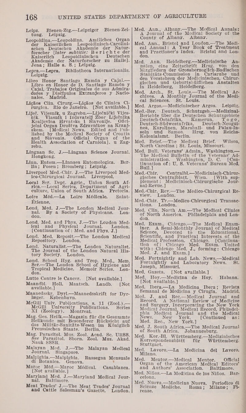 Leipz. Bienen-Ztg.—-Leipziger tung. Leipzig. Leopoldina.—Leopoldina. Amitliches Organ der Kaiserlichen Leopoldinisch-Carolini- schen Deutschen Akademie der Natur- forscher [later subtitle: Berichte der Kaiserlich Leopoldinischen Deutschen Akademie der Naturforscher zu Halle]. Jena; Halle a. S.; Leipzig. Tepra Lepras Bibliotheca Internationalis. eipzig. Libro Honor Santiago Ramén y Cajai— Libro en Honor de D. Santiago Ramon y Cajal, Trabajes Originales de sus Admira- dores y pee ee Extranjeros y Nacio- nales. Madrid. Licios Clin. Cirurg.—Ligfios de Clinica Ci- rurgica. Rio de Janeiro. [Not available.] Lijec. Vijesnik, u Zagrebu.—Lijecnitki Vijes- nik. WViasnik i Izdavatelj Zbor Lijetnika Kraljevina Hrvatske i Slavonije. fici- jelni Organ Dru&amp;Stva Zdravnikov na Kranj- skem. [Medical News. Edited and Pub- lished by the Medical Society of Croatia and Slavonia. Official Organ of the ees Association of Carniola]. u Zag- rebu. Lingnan Se. J.—Lingnan Science Journa!. Hongkong. , Linn. Entom.—Linnaea Entomologica. lin; Posen; Bromberg; Leipzig. Liverpool Med.-Chir. J.—The Liverpool Med- ico-Chirurgical Journal. Liverpool. Local Ser. Dept. Agric., Union South Af- rica.—Local Series, Department of Agri- culture, Union of South Africa. Pretoria. Loire Méd.—La Loire Médicale. Saint- Etienne. Lond, Med. J.—The London Medical Jour- nal. By a Society of Physicans. Lon- don. Lond. Med. and Phys. J.—The London Med- ical and Physical Journal. London. [Continuation of : Med. and Phys. J.] Lond. Med. Reposit—The London Medical Repository. ondon. Lond. Naturalist—The London Naturalist. The Journal of the London Natural His- tory Society. London. Lond. School Hyg. and Trop. Med., Mem. Ser.—The London School of Hygiene and Bienen-Zei- Ber- dmopical Medicine. Memoir Series. Lon- on. Lutte Contre le Cancer. [Not available.] Maandbl. Holl. Maatsch. Landb. [Not available. ] Maanedsskr. Dyrl.——-Maanedsskrift for Dyr- leger. Kgbenhavn. McGill Univ. Publications, s. 11 (Zool.).— McGill University Publications. Series XI (Zoology). Montreal. Mas. Ges. Heilk.—Magazin fiir die Gesammte eilkunde mit Besonderer Riicksicht auf das Militir-Sanitits-Wesen im Kdéniglich Preussischen Staate. Berlin. ee Parasitol. Mus. Zool. Acad. Sc. URSS. ee Parazitol. Sborn. Zool. Muz. Akad. Nauk SSSR. Malayan Med. J.—The Malayan Medical Journal. Singapore. Malpighia.—MaIpighia. di Botanica. Genova. Maroc Méd.—Maroc Médical. {Not available. } Maryland Med. J.—Maryland Medical Jour- nal. Baltimore. Meat Trades’ J.—The Meat Trades’ Journal and Cattle Salesman’s Gazette. London. Rassegna Mensuale ¥ Casablanca. Med. Ann., Albany.—The Medical Annals: A Journal of the Medical Society of the County of Albany. Albany. Med. Ann., Bristol and London.—The Medi- eal Annual: A Year Book of Treatment and Practioner’s Index. Bristol and Lon- don. Med. Ann. MHeidelberg.—Medicinische An- — nalen, eine Zeitschrift Hrsg. von den = Mitgliedern der Grossherzoglich-Badischen Stanitits-Commission in Carlsruhe und den Vorstehern der Medicinischen, Chirur- gischen und Geburtshiilflichen Anstalten in Heidelberg, Heidelberg. Med. Arch., St. Louis.—The Medical Ar- chives. A Monthly Journal of the Medi- cal Sciences. St. Louis. Med. Argos.—Medicinischer Argos. Leipzig. Med.-Ber. Deutsch. Schutzgeb.—Medizinal- Berichte tiber die Deutschen Schutzgebiete Deutsch-Ostafrika, Kamerun, TO 20g Deutsch-Stidwestafrika, Deutsch-Neugui- nea, Karolinen, Marshall- und Palau-In- seln und Samoa. Hrsg. von Reichs- Kolonialamt. Berlin. Med. Brief.—The Medical Brief. Wilson, North Carolina ; St. Louis, Missouri. Med. Bull. Veterans’ Admin., Washington.— The Medical Bulletin of the Veterans’ Ad- ministration. Washington, D. C. [Con- ee of: U. S. Veterans’ Bureau Med, ull. Med.-Chir. Centralbl.—Medicinisch-Chirur- gisches Centralblatt. Wien. [With sup- plement: Medicinisch-Chirurgische Jour- nal-Revue. ] Med.-Chir. Rev.—The Medico-Chirurgical Re- view. London. Med.-Chir. Tr.—Medico-Chirurgical Transac- tions. London. Med. Clin. North Am.—The Medical Clinics a North America. Philadelphia and Lon- on. Med. HExam., Chicago.—The Medical Exam- iner. A Semi-Monthly Journal of Medical Science, Devoted to the Educational, Scientific, and Practical Interests of the Medical Profession. Chicago. [Continua- tion of: Chicago Med. Exam. United with: Chicago Med. J., forming: Chicago Med. J. and Exam.] Med. Fortnightly and Lab. News.—Medical Fortnightly and Laboratory News. St. Joseph, Missouri. Med. Gazeta. [Not available.] Med. Hoy.—Medicina de Hoy. Habana. [Not available. ] Med. Ibera.—La Medicina Ibera; Revista Semanal de Medicina y Cirugia. Madrid. Med. J. and Rec.—Medical Journal and Record. A National Review of Medicine and Surgery, Incorporating the New York Medical Journal, Medical Record, Philadel- hia Medical Journal and the Medical ews. New York. [Continued as: Med. Rec., New York.] Med. J. South Africa——The Medical Journal of South Africa. Johannesburg. Med. Kor.-Bl. Wiirttemberg.—Medizinisches Korrespondenzblatt fiir Whirttemberg. Stuttgart. Med. Lavoro.—La Medicina del Lavoro. Milano. Med. Mentor.—Medical Mentor. Official Organ of the American Medical Editors’ and Authors’ Association. Baltimore. Med. Nifios.—La Medicina de los Nifios. Bar- celona. Med. Nuova.—Medicina Nuova. Scienze Mediche. Roma; renze. Periodico di Milano; Fi- -~ -