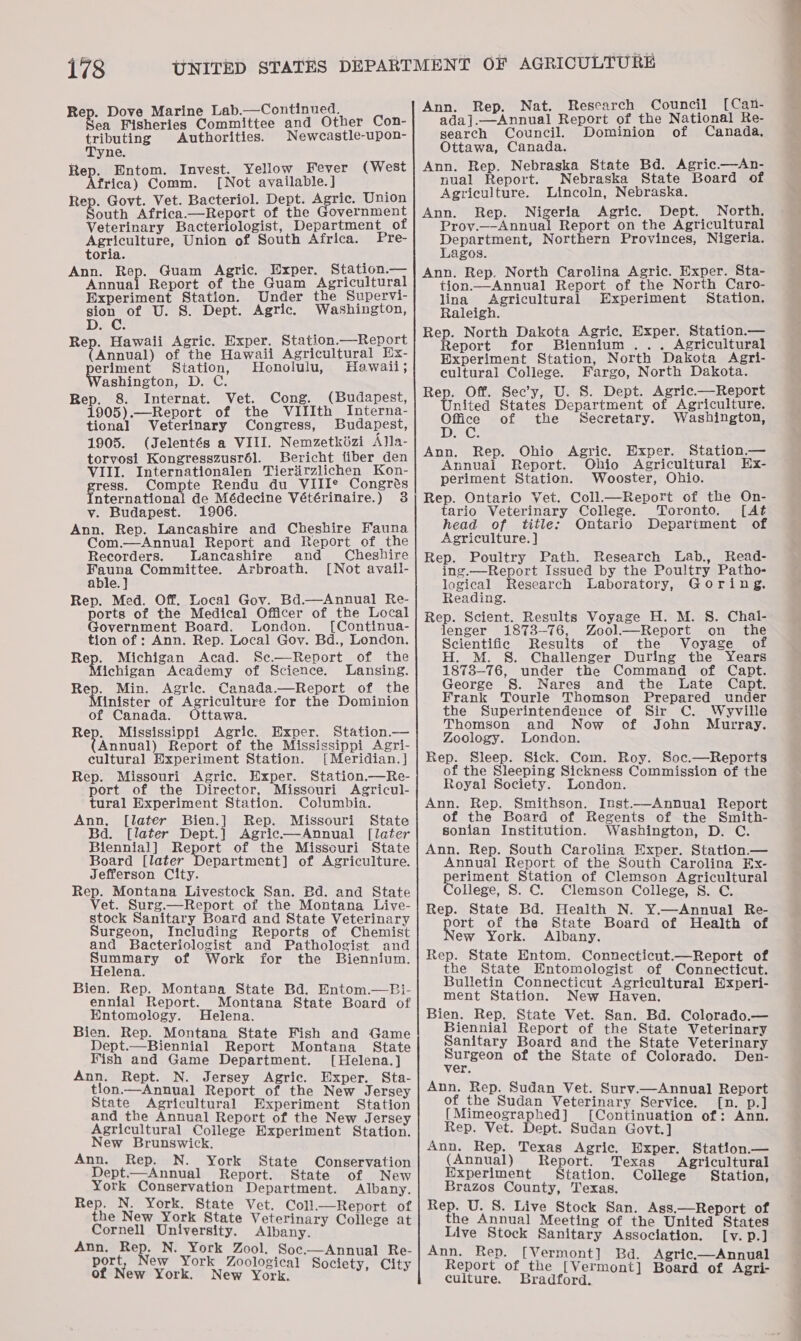 Rep. Dove Marine Lab.—Continued. ee Fisheries Committee and Other Con- Authorities. Newcastle-upon- tributing Tyne. Rep. Entom. Invest. Yellow Fever (West Ktrica) Comm. [Not available. ] Rep. Govt. Vet. Bacteriol. Dept. Agric. Union Bath Africa.—Report of the Government Veterinary Bacteriologist, Department_ of Agriculture, Union of South Africa. Pre- toria. Ann. Rep. Guam Agric. Exper. Station.— ADnnay Report of the Guam Agricultural Experiment Station. Under the Supervi- sion of U. S. Dept. Agric. Washington, Dz. C; Rep. Hawaii Agric. Exper. Station.—Report Pxhnualy of the Hawaii Agricultural Ex- eriment Station, ashington, D. C. Rep. 8. Internat. Vet. Cong. (Budapest, 1905) .—-Report of the VIIIth Interna- tional Veterinary Congress, Budapest, 1905. (Jelentés a VIII. Nemzetkiézi Alla- torvosi Kongresszusr6l.__Bericht_tiber den VIII. Internationalen Tieriirzlichen Kon- ress. Compte Rendu du VIIIe¢ Congrés International de Médecine Vétérinaire.) 3 v. Budapest. 1906. Ann. Rep. Lancashire and Cheshire Fauna Com.—Annual Report and Report of the Honolulu, Hawaii; Recorders. Lancashire and Cheshire ASK Committee. Arbroath. [Not avail- able. Rep. Med. Off. Local Gov. Bd—Annual Re- ports of the Medical Officer of the Local Government Board. London. [Continua- tion of : Ann. Rep. Local Goy. Bd., London. ae Michigan Acad. Se.—Report of the ichigan Academy of Science. Lansing. Rep. Min. Agric. Canada.—Report of the Minister of Agriculture for the Dominion of Canada. Ottawa. Rep. Mississippi Agric. Exper. Station.— CORAL Report of the Mississippi Agri- cultural Experiment Station. [Meridian.] Rep. Missouri Agric. Exper. Station.—Re- port of the Director, Missouri Agricul- tural Experiment Station. Columbia. Ann, [later Bien.] Rep. Missouri State Bd. [later Dept.] Agric—Annual [later Biennial] Report of the Misscuri State Board [later Department] of Agriculture. Jefferson City. Rep. Montana Livestock San. Bd. and State Vet. Surg.—Report of the Montana Live- stock Sanitary Board and State Veterinary Surgeon, Including Reports of Chemist and Bacteriologist and Pathologist and Summary of Work for the Biennium. Helena. Bien. Rep. Montana State Bd. Entom.—Bi- ennial Report. Montana State Board of Entomology. Helena. Bien. Rep. Montana State Fish and Game Dept.—Biennial Report Montana State Wish and Game Department. [Helena.] Ann. Rept. N. Jersey Agric. Exper. Sta- tion.—Annual Report of the New Jersey State Agricultural Experiment Station and the Annual Report of the New Jersey Agricultural College Experiment Station. New Brunswick. Ann. Rep. N. York State Conservation ept.—Annual Report. State of New York Conservation Department. Albany. Rep. N. York. State Vet. Coll.—Report of the New York State Veterinary Galles at Cornell University. Albany. Ann. Rep. N. York Zool. Soc.—Annual Re- port, New York Zoological Societ of New York. New York, on saat Ann. Rep. Nat. Research Council [Can- ada].—Annual Report of the National Re- search Council. Dominion of Canada, Ottawa, Canada. Ann. Rep. Nebraska State Bd. Agric.—An- nual Report. Nebraska State Board of Agriculture. Lincoln, Nebraska. Ann. Rep. Nigeria Agric. Dept. North. Prov.—-Annual Report on the Agricultural Department, Northern Provinces, Nigeria. Lagos. Ann. Rep. North Carolina Agric. Exper. Sta- tion.—Annual Report of the North Caro- lina Agricultural Experiment Station. Raleigh. Rep. North Dakota Agric, Exper. Station.— Report for Biennium... Agricultural Experiment Station, North Dakota Agri- cultural College. Fargo, North Dakota. Rep. Off. Sec’y, U. S. Dept. Agric.—Report United States Department of Agriculture. pec of the Secretary. Washington, Ann. Rep. Ohio Agric. Exper. Station.— Annual Report. Ohio Agricultural Ex- periment Station. Wooster, Ohio. Rep. Ontario Vet. Coll.—Report of the On- tario Veterinary College. Toronto. [At head of title: Ontario Department of Agriculture. ] Rep. Poultry Path. Research Lab., Read-  ing.—Report Issued by the Poultry Patho- logical Research Laboratory, Goring. Reading. Rep. Scient. Results Voyage H. M. S. Chal- lenger 1873-76, Zool—Report on the Scientific Results of the Voyage of H. M. S. Challenger During the Years 1873-76, under the Command of Capt. George S. Nares and the Late Capt. Frank Tourle Thomson Prepared under the Superintendence of Sir C. Wyville Thomson and Now of John Murray. Zoology. London. Rep. Sleep. Sick. Com. Roy. Soc.—Reports of the Sleeping Sickness Commission of the Royal Society. London. Ann. Rep. Smithson. Inst.—Annual Report of the Board of Regents of the Smith- sonian Institution. Washington, D. C. Ann. Rep. South Carolina Exper. Station.— Annual Report of the South Carolina Ex- Peeee Station of Clemson Agricultural ollege, S. C. Clemson College, S. C. Rep. State Bd. Health N. Y.—Annual Re- ort of the State Board of Health of ew York. Albany. Rep. State Entom. Connecticut.—Report of the State Hntomologist of Connecticut. Bulletin Connecticut Agricultural Experi- ment Station. New Haven. Bien. Rep. State Vet. San. Bd. Colorado.— Biennial Report of the State Veterinary Sanitary Board and the State Veterinary nurszon of the State of Colorado. Den- er, Ann. Rep. Sudan Vet. Survy.—Annual Report of the Sudan Veterinary Service. [n. p.] [Mimeographed] [Continuation of: Ann. Rep. Vet. Dept. Sudan Govt.] Ann. Rep. Texas Agric. Exper. Station.— (Annual) Report. Texas Agricultural Experiment Station. College Station,: Brazos County, Texas. Rep. U. 8. Live Stock San. Ass.—Report of the Annual Meeting of the United States Live Stock Sanitary Association. [v. p.] Ann. Rep. [Vermont] Bd. Agric.—Annual Report of the [Vermont] Boa Agri- culture. Bradford. Teh