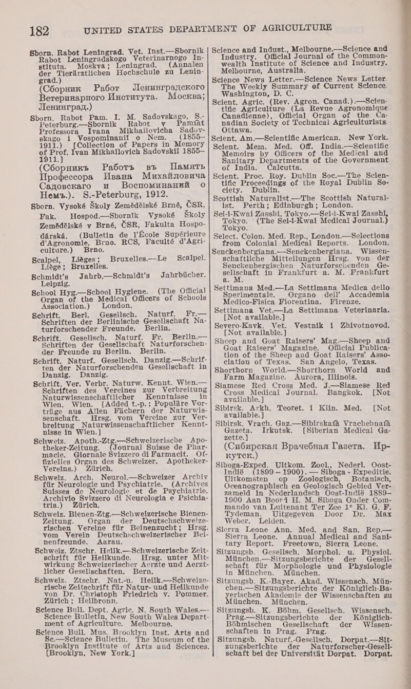 Sborn. Rabot Leningrad. Vet. Inst.—Sbornik Rabot Leningradskogo Veterinarnogo In- stituta. Moskva; Leningrad. (Annalen der Tieriirztlichen Hochschule zu Lenin- grad.) (C6opnux Pa6or JlesuurpayicKoro Berepunapnoro Mucrutyta. Mocksa,; Jlenuurpag.) Peterburg—Sbornik Rabot v Pamfat Professora Ivana Mikhailovicha Sadov- skago i Vospominanil o Nem. _(1855- 1911.) [Collection of Papers in Memory fs roe Ivan Mikhailovich Sadovskii 1855-— 1911.) (COopHuxs Padots sp IJamatp IIpopeccopa Visana Muxaiinopuua Canosckaro wu BocnoMunaHni oO Hemt.). §S.-Peterburg, 1912. Sborn. Vysoké Skoly Zemédélské Brné, CSR, Fak. Hospod.—Sbornik Vysoké Skoly Zembdelské vy Brné, GSR, Fakulta Hospo- dairské. (Bulletin de I’Hcole Supérieure d’Agronomie, Brno. RCS, Faculté ad’ Agri- Scalpel, Liéges; Bruxelles.—Le Scalpel. Liége; Bruxelles. Schmidt’s Jabrb.—Schmidt’s Jahrbiicher. Leipzig. School Hyg.—School Hygiene. (The Official Organ of the Medical Officers of Schools Association.) London. Schrift. Berl. Gesellsch. Naturf. Fr.— Schriften der Berlinische Gesellschaft Na- turforschender Freunde. Berlin. Schrift. Gesellsch. Naturf. Fr. Berlin.— Schriften der Gesellschaft Naturforschen- der Freunde zu Berlin. Berlin. Schrift. Naturf. Gesellsch. Danzig.—Schrif- ten der Naturforschenden Geselischaft in Danzig. Danzig. Schrift. Ver. Verbr. Naturw. Kennt. Wien.— Schriften des Vereines zur Verbreitung Naturwissenschaftlicher Kenntnisse in Wien. Wien. [Added t.-p.: Populaire Vor- trige aus Allen Fachern der Naturwis- sensecbaft. Hrsg. vom Vereine zur Ver- breitung Naturwissenschaftlicher Kennt- nisse in Wien. ] Schweiz. Apoth.-Ztg.—Schweizerische Apo- theker-Zeitung. {Journal Suisse de Phar- macie. Giornale Svizzero di Farmacit. Of- fizielles Organ des Schweizer. Apotheker- Vereins.) Ziirich. Schweiz. Arch. Neurol.—Schweizer Archiv fiir Neurologie und Psychiatrie. (Archives Suisses de Neurologie et de Psychiatrie. Archivio Svizzero di Neurologia e Psichia- tria.) Ziirich. Schweiz. Bienen-Ztg.—Schweizerische Bienen- Zeitung. Organ der Deutschschweize- rischen Vereine fiir Beinenzucht; Hrsg. vom Verein Deutschschweizerischer Bei- nenfreunde. Aarau. Schweiz. Ztschr. Heilk.—Schweizerische Zeit- schrift fiir Heilkunde. Hrsg. unter Mit- wirkung Schweizerischer Acrzte und Aerzt- licher Geselischaften. Bern. Schweiz. Ztschr. Nat.-u. Heilk.—Schweize- rische Zeitschrift fiir Natur- und Hellkunde von Dr. Christoph Friedrich v. Pommer. Ziirich ; Heilbronn. Science Bull. Dept. Agric. N. South Wales.—- Science Bulletin, New South Wales Depart- nent of Agriculture. Melbourne. Science Bull. Mus. Brooklyn Inst. Arts and Sc.—Science Bulletin. The Museum of the Brooklyn Institute of Arts and Sciences. (Brooklyn, New York.] Science and Indust., Melbourne.—Science and Industry. Official Journal of the Common- wealth vnetitite of Science and Industry. Melbourne, Australia. Science News Letter.—Science News Letter. The Weekly Summary of Current Science. Washington, D. C Scient. Agric. (Rev. Agron. Canad.).—Scien- tific Agriculture (La Revue Agronomique nadian Society of Technical Agriculturists. Ottawa. Scient. Am.—Scientific American. New York. Scient. Mem. Med. Off. India.—Scientific Memoirs by Officers of the Medical and Sanitary Departments of the Government of India. Calcutta. Scient. Proc. Roy. Dublin Soc.—The Scien- tific Proceedings of the Royal Dublin So- ciety. Dublin. Seottish Naturalist—The Scottish Natural- ist. Perth; Edinburgh; London. Sei-i-Kwai Zasshi, Tokyo.—Sei-i-Kwai Zasshi, Tokyo. (The Sei-i-Kwai Medical Journal.) Tokyo. Select. Colon. Med. Rep., London.—Selections from Colonial Medical Reports. London. schaftliche Mitteilungen Hrsg. von der Senckenbergischen Naturforschenden Ge- exllechatt in Frankfurt a. M. Frankfurt a. M. Settimana Med.—La Settimana Medica deilo Sperimentale. Organo dell’ Accademia Medico-Fisica Fiorentina. Firenze. Settimana Vet.—La Settimana Veterinaria. Severo-Kavk. Vet. Sheep and Goat Raisers’ Mag.—Sheep and Goat Raisers’ Magazine. Oflicial Publica- tion of the Sheep and Goat Raisers’ Asso- ciation of Texas. San Angelo, Texas. Shorthorn World.—Shorthorn World and Farm Magazine. Aurora, Illinois. Siamese Red Cross Med. J.—Siamese Red Vestnik i Zbhivotnovod. Cross Medical Journal. Bangkok. [Not Sibirsk. Arkh. Teoret. i Klin. Med. [Not Sibirsk. Vrach. Gaz.—Sibirskafa Vrachebnafa Gazeta. Irkutsk. [Siberian Medical Ga- zette.] (Cu6upckas Bpauebuaa Taseta. Up- KYTCH.) Siboga-Exped. Uitkom. Zool., Nederl. Oost- Indié (1899 — 1900). — Siboga - Expeditie. Uitkomsten op JZoologisch, Botanisch, Oceanographisch en Geologisch Gebied Ver- zameld in Nederlandsch Oost-Indié 1889-— 1800 Aan Boori H. M. Siboga Onder Com- mando van Luitenant Ter Zee 1° Kl. G. F. Tydeman. Ujitgegeven Door Dr. Max Weber. Leiden. Sierra Leone Ann. Med. and San. Rep.— Sierra Leone. Annual Medical and Sani- tary Report. Freetown, Sierra Leone. Sitzungsb. Gesellsch. Morphol. u. Physiol. Miinchen.—Sitzungsberichte der Gesell- schaft ftir Morphologie und Physiologie in Miinchen. Miinchen. Sitzungsb. K.-Bayer. Akad. Wissensch. Miin- chen.—Sitzungsberichte der K6niglich-Ba- yerischen Akademie der Wissenschaften zu Miinchen. Miinchen. Sitzungsb. K. Béhm. Gesellsch. Wissensch. Prag.—Sitzungsberichte der Kéniglich- Bbhmischen Gesellschaft der Wissen- schaften in Prag. Prag. Sitzungsb. Naturf.-Gesellsch. Dorpat.—Sit- zungsberichte der Naturforscher-Gesell- schaft bei der Universitit Dorpat. Dorpat. 