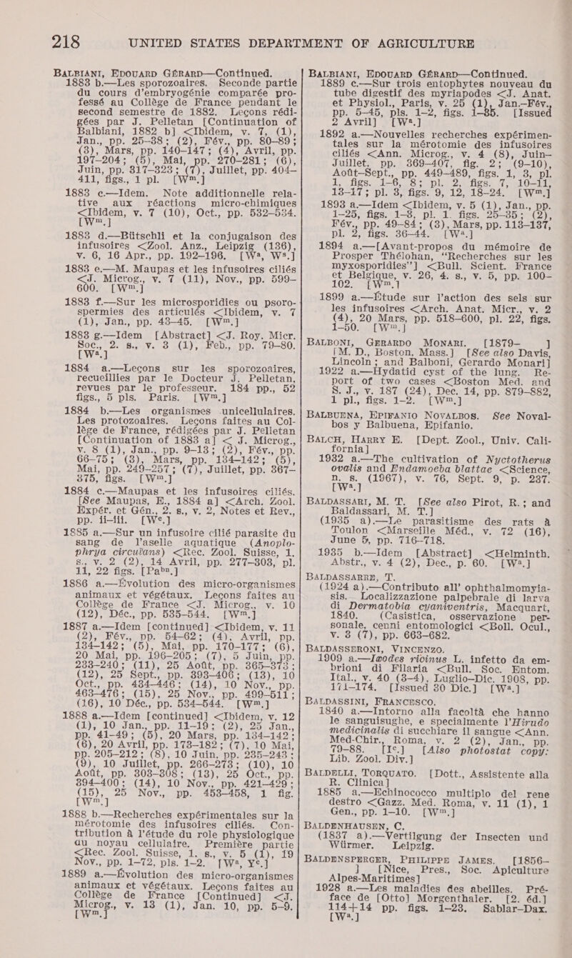 BALBIANI, Epovarp Ghrarp—Continued. 883 b.—lLes sporozoaires. Seconde partie du cours d’embryogénie comparée pro- fessé au Collége de France pendant le second semestre de 1882. lLecons rédi- gées par J. Pelletan [Continuation of Balbiani, 1882 b] &lt;Ibidem, v. 7, (1), Jan., pp. 25-88; (2), Fév., pp. 80-89; (3), Mars, pp. 140-147; (4), Avril, pp. 197-204; (5), Mai, PP: 270-281; (6), Juin, pp. 817-323; (7), Juillet, pp. 404— 411, figs., 1 pl. [W™.] 1883 e—Idem. Note additionnelle rela- tive aux réactions micro-chimiques wep v. 7 (10), Oct., pp. 582-534. 1883 d.—Biitschli et la conjugaison des infusoires &lt;Zool. Anz., Leipzig (1386), v. 6, 16 Apr., pp. 192-196. [W, Ws.] 1883 e.—M. Maupas et les infusoires ciliés &lt;J. Microg., v. 7 (11), Nov., pp. 599- 600. [W™.] 1883 f.—Sur les microsporidies ou psoro- spermies des articulés &lt;Ibidem, v. 7 (1), Jan., pp. 48-45. [W™.] 1883 g.—Idem [Abstract] &lt;J. Roy. Micr. Soc:; 2. -6.,5V. 3 (1); Feb.,. pp... 79-80. [W2.] 1884 a.—lLecons sur les sporozoaires, recueillies par le Docteur J. Pelletan, revues par le professeur. 184 pp., 52 figs., 5 pls. Paris. [W™,] 1884 b—Les organismes -unicellulaires, Les protozoaires. Lecons faites au Col- lége de France, rédigées par J. Pelletan [Continuation of 1883 a] &lt; J. Microg., vy. 8 (1), Jan., pp. 9-13; (2), Fév., pp. 66-75; (3), Mars, pp. 134-142; (5), Mai, pp. 249-257; (7), Juillet, pp. 367— 375, figs. [W™.] 1884 c.—Maupas et les infusoires ciliés. [See Maupas, E., 1884 a] &lt;Arch. Zool. Expér. et Gén., 2. 8., v. 2, Notes et Rev., pp. ii-tli, [W¢*.] 1885 a.—Sur un infusoire cilié parasite du sang de JVaselle aquatique (Anoplo- phrya circulans) &lt;Rec. Zool. Suisse, 1. 8., v. 2 (2), 14 Avril, pp. 277-308, pl. 11, 22 figs. [Pa&gt;2.] 1886 a.—LEvolution des micro-organismes animaux et végétaux. Lecons faites au Collége de France &lt;J. Microg., v. 10 (12), Déc., pp. 5385-544. [Wwm.] 1887 a.—Idem [continued] &lt;Ibidem, v. 11 (2), Fév., pp. 54-62; (4), Avril, pp. 134-142; (5), Mai, pp. 170-177; (6), 20 Mai, pp. 196-205; (7), 5 Juin, PP: 2338-240; (11), 25 Aofit, pp. 365-373: (12), 25 Sept., pp. 893-406; (13), 10 Oct., pp. 4384-446; (14), 10 Nov., : 463-476; (15), 25 Nov., pp. 499-511; (16), 10 Déc., pp. 534-544. [W™.] 1888 a.—Idem [continued] &lt;Ibidem, v. 12 (1), 10 Jan., pp: 11-19; (2), 25 Jan., pp. 41-49; (5), 20 Mars, pp. 134-142: (6), 20 Avril, pp. 178-182; (7), 10 Mai, pp. 205-212; (8), 10 Juin, pp. 235-248: (9), 10 Juillet, pp. 266-273; (10), 10 Aofit, pp. 808-808; (18), 25 Oct., pp. 894-400; (14), 10 Nov., pp. 421-429; Weey 25 Nov., pp. 4538-458, 1 fig. m 1888 b.—Recherches expérimentales sur la mérotomie des infusoires ciliés. Con- tribution a l’étude du role physiologique au noyau cellulaire. Premiere partie &lt;Rec. Zool. Suisse, 1. s., v. 5 (ty, 19 Nov., pp. 1-72, pls. 1-2. [W:2, Y°.] 1889 a.—Rvolution des micro-organismes animaux et végétaux. Lecons faites au Collége de France [Continued] &lt;J. arene ~ Ve. 13)! (1);) Jan: ‘10, ‘pp. 5-9. BALBIANI, Hpouarp Ghrarp—Continued. 1889 ¢c.—Sur trois entophytes nouveau du tube digestif des myriapodes &lt;J. Anat. et Physiol., Paris, v. 25 (1) Jan.—Féy. 5. [Issued pp. 5-45, pls. 1-2, figs. 2 Avril) [W2.] 1892 a.—Nouvelles recherches expérimen- tales sur la mérotomie des infusoires ciliés &lt;Ann. Microg., v. 4 (8), Juin— Juillet, pp. 869-407, fig. 2; (9-10), Aottt-Sept., pp. 449-489, figs. 1, 3, pl. 1, figs. 1-6, 8; pl. 2, figs. 7, 10-11, 13-17; pl. 3, figs. 9, 12, 18-24. [W™.] 1893 a.—Idem &lt;Ibidem, v. 5 (1), Jan., pp. 1—25, figs. 1-3, pl. 1. figs. 25-85; (2), Fév., pp. 49-84; (3), Mars, pp. 118-137, pl. 2, figs. 36-44. [W4.] 1894 a—[Avant-propos du mémoire de Prosper Thélohan, “Recherches sur les myxosporidies’] &lt;Bull. Scient. France et Belgique, v. 26, 4. s., v. 5, pp. 100—- 102. [W™.] 1899 a.—Wtude sur l’action des sels gur les infusoires &lt;Arch. Anat. Micr., v. 2 (4), 20 Mars, pp. 518-600, pl. 22, figs. 1-50. [W».] BALBONI, GBRARDO MOoNARI. [1879-— J {M. D., Boston, Mass.] [See also Davis, Lincoln ; and Balboni, Gerardo Monari] 1922 a.—Hydatid cyst of the lung. Re- port of two cases &lt;Boston Med. and S. J., v. 187 (24), Dec. 14, pp. 879-882, 1 pl., figs. 1-2. [W.] BALBUENA, EXPIFANIO NOVALBOS. bos y Balbuena, Epifanio. BALCH, Harry E. [Dept. Zool., Univ. Cali- fornia] 1932 a.—The cultivation of Nyctotherus ovalis and Endamoeba blattae &lt;Science, rw} (1967); v.76, Sept. “S. p. 2327. See Noval- BALDASSARI, M. T. [See also Pirot, R.; and Baldassari, M. T.] (1935 a).—lLe parasitisme des rats &amp; Toulon &lt;Marseille Méd., v. 72 (16), June 5, pp. 716—718. 1935 b.—Idem [Abstract] &lt;Helminth. Abstr., v. 4 (2), Dee. p. 60. [W2.] BALDASSARRN, T. (1924 a).—Contributo all’ ophthalmomyia- sis. Localizzazione palpebrale di larva di Dermatobia cyaniventris, Macquart, 1840. (Casistica, osservazione _ per- sonale, cenni entomologici &lt;Boll. Ocul., v. 3 (7), pp. 663-682. BALDASSDRONI, VINCENZO. 1809 a.—lImodes ricinus L. infetto da em- brioni di Filaria &lt;Bull. Soc. Entom. Ital., v. 40 (8-4), Luglio—Dic. 1908, pp. 171-174, [Issued 80 Die.] [W2.] BALDASSINI, FRANCESCO. 1840 a.—Intorno alla faecolt&amp;i che hanno le sanguisughe, e specialmente 1l’Hirudo medicinalis di succhiare il sangue &lt;Ann. Med-Chir., Roma, v. (2) 2 aE, iors 79-88. [I°.] [Also photostat copy: Lib. Zool. Div. ] BALDELLI, TORQUATO. R. Clinica ] 1885 a.—Echinococco multiplo del rene destro &lt;Gazz. Med. Roma, v. 11 (1) Gen., pp. 1-10. [W™.] BALDENHAUSEN, C., (1837 a).—Vertilgung der Insecten und {[Dott., Assistente alla ? Wiirmer. Leipzig. BALDENSPERGER, PHILIPPH JAMES. [1856— ] {[Nice, Pres., Soc. Apiculture Alpes-Maritimes] 1928 a.—Les maladies des abeilles. Pré- face de [Otto] Morgenthaler. [2. é6d.] 114+14 pp. figs. 1-28. Sablar—Dax. CW] .