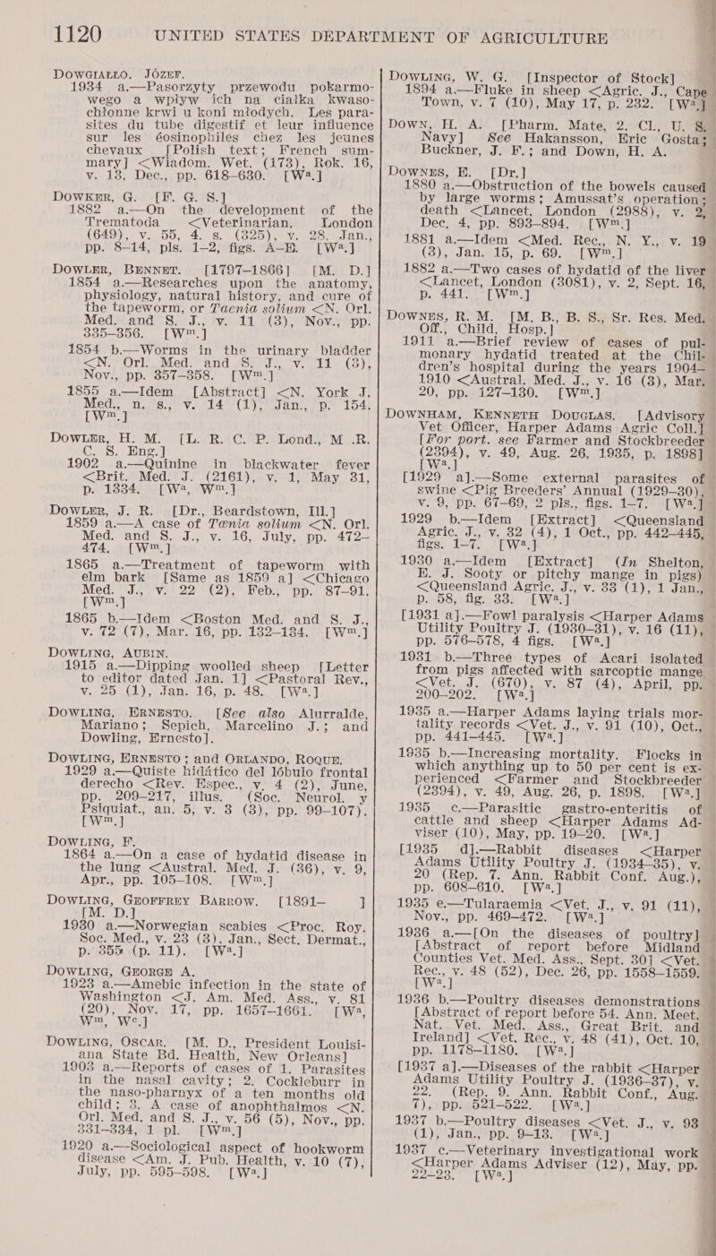 DOWGIALLO. JOZEF. 1984 a.—Pasorzyty przewodu pokarmo- wego a wpiyw ich na ciatka kwaso- chitonne krwi u koni mfodych. Les para- sites du tube digestif et leur influence sur les éosinophiles chez les jeunes chevaux [Polish text; French sum- mary] &lt;Wiadom. Wet. (1738), Rok. 16, v. 18, Dec., pp. 618-630. [W2.] [F. G. S.]  DOWKER, G. 1882 a.—On the development of the Trematoda &lt;Veterinarian, London (649), v.55, 4. s. (325), vw. 28) Jand pp. 8-14, pls. 1-2, figs. A-E. [W2.] DOWLER, BENNET. [1797-1866] [M. D.] 1854 a.—Researches upon the anatomy, physiology, natural history, and cure of the tapeworm, or Taenia soliwm &lt;N. Orl. Med. and S. J., v. 11 (8), Nov., pp. 335-356. [W™.] 1854_b.—Worms in the urinary bladder INS Ore Met. and gee. ts (vlad (34 Nov., pp. 357-358. [W™.] 1855 a—Idem [Abstract] &lt;N. York J. Meds ‘iy agave 14 (iy tan So 154) Wee | DowLER, H. M. [L. R. C. P. Lond., M .R. C. S. Eng.] 1902 a.—Quinine in blackwater fever &lt;Brit. Med. J. (2161), v. 1, May 31, p. 1334. [W, W™.] Dower, J. R. [Dr., Beardstown, I11.] 1859 a.—A case of Tenia solium &lt;N. Orl. Med: “and\ So-J., v. 16, July,. pp. 4722 474, [WwW] 1865 a.—Treatment of tapeworm with elm bark [Same as 1859 a] &lt;Chicago Med. \'J.,ve5 22) €2),&gt; Feb, “pp. “87-91; pW] 1865 b.—Idem &lt;Boston Med. and S. J., v. 72 (7), Mar. 16, pp. 132-134. [W™.] DOWLING, AUBIN. 1915 a.—Dipping woolled sheep [ Letter to editor dated Jan. 1] &lt;Pastoral Rev., v. 25 (1), Jan. 16, p. 48. [Wa2.] DOWLING, HRNESTO. [See also Alurralde, Mariano; Sepich, Marcelino J.; and Dowling, Ernesto]. DOWLING, HRNESTO; and ORLANDO, Roun. 1929 a.—Quiste hiddtico del l6bulo frontal derecho &lt;Rev. Espec., v. 4 (2), June, pp. 209-217, illus. (Soc. Neurol. y Psiquiat., an. 5, v. 3 (3), pp. 99-107). LW DOWLING, F. 1864 a.—On a ease of hydatid disease in the lung &lt;Austral. Med. J. (36), v. 9, Apr., pp. 105-108. [W™.] Do ang: GHorFrRey Barrow. [1891— ] [M. D. 1930 a.—Norwegian scabies &lt;Proc, Roy. Soc. Med., v..23 (3), Jan., Sect. Dermat., p. 355 (p. 11). [W2.] DOWLING, GEORGE A. 1923 a.—Amebic infection in the state of Washington &lt;J. Am. Med. Ags., v. 81 (20), Nov. 17, pp. 1657-1661. [W2, wm, We.) Dowuine, Oscar. [M. D., President Louisi- ana State Bd. Health, New Orleans] 1903 a.—Reports of cases of 1. Parasites in the nasal cavity; 2. Cockleburr in the naso-pharnyx of a ten months old child; 3. A case of anophthalmos &lt;N. Orl. Med. and S. J., v. 56 (5), Nov., pp. 331-334, 1 pl. [W™,] 19290 a.—Sociological aspect of hookworm disease &lt;Am. J. Pub. Health, vy. 10 (7)! July, pp. 595-598. [W2.] } I [Inspector of Stock] } 1894 a.—Fluke in sheep &lt;Agric. J., Cape LOW, 'Vi.1, CLO) ,cekay, tie. 2oor [W2.]) [Pharm. Mate, 2. Cl, U. §,) Navy] See WHakansson, Eric Gosta ; — Buckner, J. F.; and Down, H. A. 1880 a.—Obstruction of the bowels caused — by large worms; Amussat’s operation ; death &lt;Lancet, London (2988), v. 2 Dec, 4, pp. 893-894. [W™.] 1881 a.—Idem &lt;Med. Rec., N. Y., v. 19 (3), Jan. 15, p. 69. [W™.] 1882 a.—Two cases of hydatid of the liver &lt;Lancet, London (3081), v. 2, Sept. 16, p. 441. [W™.] Off., Child. Hosp.] 1911 a.—Brief review of cases of pul- monary hydatid treated at the Chil dren’s hospital during the years 1904—_ 1910 &lt;Austral. Med. J., v. 16 (3), Mar. | 20, pp. 127-130. [W™.] [Advisory | Vet Officer, Harper Adams Agric Coll.] [for port. see Farmer and Stockbreeder iaeen) v. 49, Aug. 26, 1935, p. 1898] a [1929 a].—Some external parasites of Swine &lt;Pig Breeders’ Annual (1929-30), v. 9, pp. 67-69, 2 pls., figs. 1-7. [Wa] 1929 b.—Idem [Extract] &lt;Queensland Agric. J., v. 32 (4), 1 Oct., pp. 442-445, figs. 1-7. [Wa2.] 1930 a.—Idem [Extract] (Jn Shelton, H. J. Sooty or pitchy mange in pigs) &lt;Queensland Agric. J., v. 33 (1), 1 Jan., p. 58, fig. 33. [Wa.] [1931 aj].—Fowl paralysis &lt;Harper Adams Utility Poultry J. (1930-31), v. 16 (11), pp. 576-578, 4 figs. [W2.] 1931 b.—Three types of Acari isolated from pigs affected with sarcoptie mange &lt; Vet: .d...(670) 7 v.87 0 (4),. April one 200-202. [W:2.] 1935 a.—Harper Adams laying trials mor- tality records &lt;Vet. J., v. 91 (10), Oct., pp. 441-445. [Wa] 1935 b.—Increasing mortality. Flocks in which anything up to 50 per cent is ex- perienced &lt;Farmer and Stockbreeder (2394), v. 49, Aug. 26, p. 1898. [W2.] 1935 ¢e—Parasitic gastro-enteritis of cattle and sheep &lt;Harper Adams Ad- viser (10), May, pp. 19-20. [W2.] [1985 d].—Rabbit diseases &lt;Harper Adams Utility Poultry J. (1934-35), v. 20 (Rep. 7. Ann. Rabbit Conf. Aug.), pp. 608-610. [W2.] 1935 e.—Tularaemia &lt;Vet. J., v. 91 (11), Nov., pp. 469-472. [Wa.] 1936 a—[On the diseases of poultry] [Abstract of report before Midland Counties Vet. Med. Ass., Sept. 30] &lt;Vet. — pees 48 (52), Dec. 26, pp. 1558-1559.  1936 b.—Poultry diseases demonstrations [Abstract of report before 54. Ann. Meet. Nat. Vet. Med. Ass., Great Brit. and | Ireland] &lt;Vet. Rec., v. 48 (41), Oct. 10, pp. 1178-1180. [W:.] [1937 a].—Diseases of the rabbit &lt;Harper Adams Utility Poultry J. (1936-87), v. 22, (Rep. 9. Ann. Rabbit Conf, Aug. 7), pp. 521-522. [Wwa,] 1937 b.—Poultry diseases &lt;Vet. J. Vole (1), Jan., pp. 9-18. [Wa] 1937 _c.—Veterinary investigational work — &lt;Harper Adams Adviser (12), May, pp. — 22-23. [W2.] 
