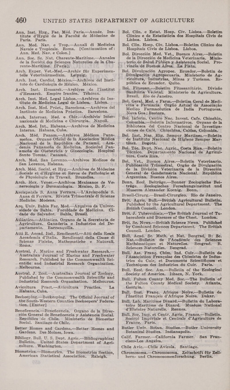 Ann, Inst. Hyg., Fac. Méd. Paris.—Année. Ins- titute d’Hygie de la Faculté de Médecine de Paris. Paris. Ann. Med. Nav. e Trop.—Aznnali di Medicina Navale e Tropicale. Roma. [Continuation of: Ann. Med. Nav. e Colon.] Ann. Soc. Se. Nat. Charente-Maritime.—Annales de la Société des Sciences Naturelles de la Cha- rente-Maritime. [Paris]. _ Arch. Exper. Vet.-Med.—Archiv fiir Experimen- telle Veterindrmedizin. Leipzig: Arch. Inst. Cardiol. México.—Archivos del Insti- tuto de Cardiologia de México. México. Arch. Inst. Hessarek.—Archives de Jinstitut d@’Hessarek. Empire Iranien. Téhéran. Arch. Inst. Med. Legal Lisboa.—Archivos do Ins- tituto de Medicina Legal de Lisboa. Lisboa. Arch. Inst. Med. Pract., Barcelona.—Archivos del Instituto de Medicina Practica. Barcelona. Arch. Internaz. Med. e Chir.—Archivio Inter- nazionale di Medicina e Chirurgia.. Napoli. Arch. Med. Int., Habana.—Archivos de Medicina Interna. Habana, Cuba. Arch. Méd. Panam.—Archiyos Médicos. Pana- mefios. Organo Oficial de la Asociacion Médica Nacional de la Reptblica de Panama. ~ Aca- demia Panamena de Medicina. Sociedad Pan- amena de Obstetricia y Ginecologia. Hospital Santo Tomas. Panama. Arch. Med. San Lorenzo.—Archivos Medicos de San Lorenzo, Habana. Arch. Méd. Social. et Hyg.—Archives de Médecine de Physiologie du Travail. Bruxelles. Arch. Mex. Yener.—Archivos Mexicanos de Ve- nereologia y Dermatologia. México, D, F. Arcispedale S. Anna Ferrara.—L’Arcispedale S. Anna di Ferrara. Rivista Trimestrale di Scienze Mediche. Modena. Arq. Univ. Bahia Fac. Med.—Arquivos da Univer- sidade da Bahia. Faculdade de Medicina. Ci- dade do Salvador. Bahia, Brasil. Atlantico.—Atlantico. Organo de la Secretaria de _Agyricultura. Ganaderia e Industrias del De- partamento. Barranquilla. Atti R. Acead. Ital., Rendiconti.—Atti della Reale Accademia d’Italia. Rendiconti della Classe di Scienze Fisiche, Mathematiche e Naturali. Roma. Austral, J. Marine and Freshwater Research.— Australian Journal of Marine and Freshwater Research. Published by the Commonwealth Sci- entific: and Industrial Research Organization. Melbourne. Austral. J. Zool.—Australian Journal of Zoology. Published by the Commonwealth Scientific and Industrial Research Organization. Melbourne. Avicultura Pract.—Avicultura Practica. La Habana, Cuba. Beekeeping.—Beekeeping. The Official Journal of the South-Western Counties Beekeepers’ Federa- tion. [Exeter] Beneficencia.—BReneficencia. Organo de la Direc- cién General de Beneficencia y Asistencia Social. Reptblica de Chile. Ministerio de Bienestar Social. Santiago de Chile. Better Homes and Gardens.—Better Homes and Gardens. Des Moines, Iowa. Bibliogr. Bull. U. S. Dept. Agric.—Bibliographical Bulletin. United States Department of Agri- culture. Washington. Biometrics.—Biometrics. The Biometrics Section, American Statistical Association. Raleigh. Bol. Clin. e Estat. Hosp. Civ. Lisboa.—Boletim Clinico e de Estatisticia dos Hospitais Civis de Lisboa. Lisboa. Bol. Clin. Hosp. Civ. Lisboa.—Boletim Clinico dos Hospitais Civis de Lisboa. Lisboa. Bol. Direccién Med. Vet., Buenos Aires.—Boletin de la Direccién de Medicina Veterinaria. Minis- , terio de Salud Publica y Asistencia Social. Pro- vincia de Buenos Aires. La Plata. Bol. Divulgaci6n Agropee. Ecuador.—Boletin de ' Divulgacién Agropecuaria. Ministerio de Ag- ricultura, Industrias, Minas y Turismo. Re- publica de Ecuador. Quito. Bol. Fitossan.—-Boletim Fitossanitario. Divisio Sanitaria Vegetal. Ministerio da Agricultura. Brasil. Rio de Janeiro. Bol. Geral. Med. e Farm.—Boletim Geral de Medi- cina e Farmacia. Orgao Actual da Associacao Medico Farmacéutica de India Portuguesa. Nova Goa; Bastora. Bol. Inform. Centro Nac. Invest. Cafe. Chinchin, Colombia.—Boletin Informativos. Organo de la Biblioteca del Centro Nacional de Investiga- ciones de Café. Chinchina, Caldas, Colombia. Bol. Inst.. Nac. Hig. Semper Martinez.—Boletin de Instituto Nacional de Higiene Semper Mar- tinez. Bogota. Bol. Téc.. Dept. Nac. Agric., Costa Rica.—Boletin Técnico. Departamento Nacional de Agricul- tura. Costa Rica. Bol. Vet., Buenos Aires.—Boletin Veterinario. Publicaci6n Trimestral. Orgao de Divulgacién de la Divisién Veterinaria de la Direccién General de Gendarmeria Nacional. Republica Argentina. Buenos Aires. Bonn. Zool. Beitrage.—Bonner Zoologische Bei- trége. Zoologisches Forschungsinstitut und Museum Alexander Koenig. Bonn. Brasil-Cirurg.—Brasil-Cirurgico. Rio de Janeiro. Brit. Agric. Bull.—British Agricultural Bulletin. Published by the Agricultural Department. The British Council. London. Brit. J. Tuberculosis.—The British Journal of Tu- berculosis and Diseases of the Chest. London. Brit. Se. News.—British Science News. Published by Combined Sciences Department. The British Council. London. Bull. Acad. Sc. Math. et Nat. Beograd, B: Se. Nat.—Bulletin de lTAcadémie des Sciences Mathématiques et Naturelles. Beograd. B. Sciences Naturelles. Beograd. Bull. Ass. Frang. Chim. Ind. Cuir.—Bulletin de Association Francaise des Chimistes de Indus- tries du Cuir, et Documents Scientifiques et Techniques des Industries du Cuir. Paris. Bull. Ecol. Soc. Am.—Bulletin of the Ecological Society of America. Ithaca, N. York. Bull. Fulton County Med. Soc.—The Bulletin of the Fulton County Medical Society. Atlanta, Georgia. Bull. Inst. France. Afrique Noire.—Bulletin de l'Institut Francais d’Afrique Noire. Dakar. Bull. Lab. Maritime Dinard.—Bulletin du Labora- toire Maritime de Dinard. Muséum National d’Histoire Naturelle. Rennes. Bull. Soe. Imp. et Centr. Agric. France.—Bulletin. Société Impériale et Centrale d’Agriculture de France. Paris. Butler Univ. Botan. Studies.—Butler University Botanical Studies. Indianapolis. Calif. Farmer.—California Farmer. cisco-Los Angeles. Chile Avic.—Chile Avicola. Chromosoma.—Chromosoma,. Zeitschrift ftir Zell- hern- und Chromosomenforschung. Berlin. San Fran- Santiago.