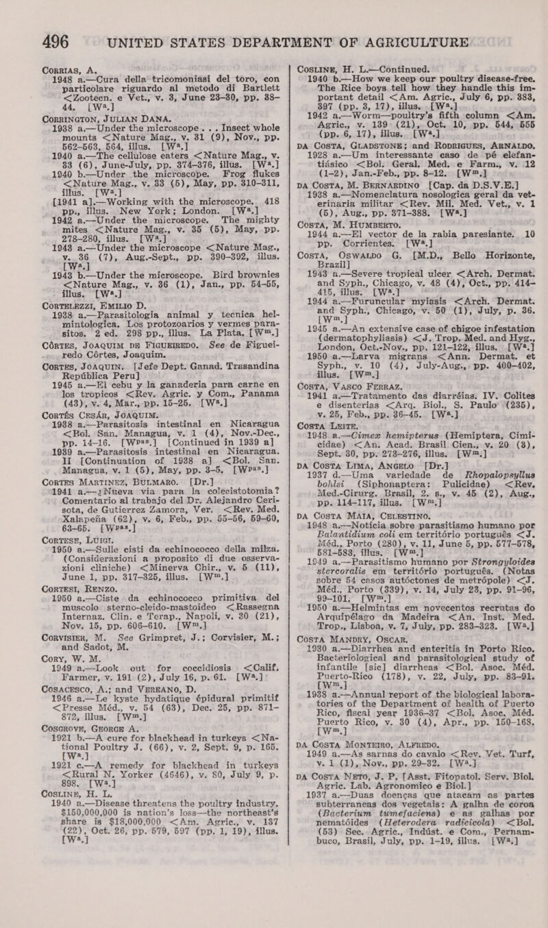 Corrias, A, 1948 a.—Cura della tricomoniasi del toro, con particolare riguardo al metodo di Bartlett &lt;Zooteecn. e Vet., v. 3, June 23-80, pp. 38- 44, [W4.] CORRINGTON, JULIAN DANA. 1938 a.—Under the microscope. . . Insect whole mounts &lt;Nature Mag., v. 81 (9), Nov., pp. 562-563, 564, illus. [W®.] 1940 a.—The cellulose eaters &lt;Nature Mag., v. 33 (6), June-July, pp, 374-376, illus. [W4.] 1940 b.—Under the microscope. Frog flukes &lt;Nature Mag., v. 83 (5), May, pp. 310-311, illus. [W2.] {1941 a].—Working with the microscope. 418 pp., illus. New York; London. [W4.] 1942 a.—Under the microscope. The mighty mites &lt;Nature Mag., v. 35 (5), May, pp. 278-280, illus. [W4.] 1948 a.—Under the microscope &lt;Nature Mag., v. 36 (7), Aug.-Sept., pp. 390-392, illus. [wa.] 1943 b.—Under the microscope. Bird brownies &lt;Nature Mag., v. 36 (1), Jan., pp. 54-55, - illus. [W*.] CORTELEZZI, EMILio D. 1938 a.—-Parasitologia animal y tecnica hel- mintologica. Los protozoarios y vermes para- sitos. 2 ed. 298 pp., illus. La Plata. [W™.] CérTES, JOAQUIM DE FIGUEIREDO. See de Figuei- redo Cortes, Joaquim. Cortes, JoAQuIN. [Jefe Dept. Ganad. Trasandina Reptblica Peru] 1945 a.—El cebu y la ganaderia para carne en los tropicos &lt;Rev. Agric. y Com., Panama (43), v. 4, Mar., pp. 15-25. [W2.] Cortés CresAr, JOAQUIM. itosis intestinal en Nicaragua &lt;Bol. San. Managua, v. 1 (4), Nov.-Dec., pp. 14-16. [Wps,] [Continued in 1939 a] 1989 a.—Parasitosis intestinal en Nicaragua. II [Continuation of 1938 a] &lt;Bol. San. Managua, v. 1 (5), May, pp. 3-5. [Wwras.] CORTES MARTINEZ, BULMARO. [Dr.] 1941 a.—3;Nueva via para la colecistotomia? Comentario al trabajo del Dr. Alejandro Ceri- seta, de Gutierrez Zamora, Ver. &lt;Rev. Med. Xalapenha (62), v. 6, Feb., pp. 55-56, 59-60, 63-65. [Wpas,] Cortess, LUIst. 1950 a.—Sulle cisti da echinococco della milza. (Considerazioni a proposito di due osserva- zioni ecliniche) &lt;Minerva Chir., v. 5 (11), June 1, pp. 317-325, illus. [W™.] CorTEs!I, RENZO. 1950 a.—Ciste da echinococco primitiva. del muscolo. sterno-cleido-mastoideo &lt;Rassegna Internaz., Clin. e Terap., Napoli, v. 30 (21), Nov. 15, pp. 606-610. [W™.] Corvister, M. See Grimpret, J.; Corvisier, M.; and Sadot, M. Cory, W. M. 1949 a.—Look out for coccidiosis Farmer, v. 191 (2), July 16, p. 61. Cosacresco, A.; and VEREANO, D. 1946 a.—Le kyste hydatique épidural primitif &lt;Presse Méd., v. 54 (63), Dec. 25, pp. 871- 872, illus. [W™.] COSGROVE, GEORGE A. 1921 b.—A cure for blackhead in turkeys &lt;Na- tional Poultry J. (66), v. 2, Sept. 9, p. 165. [Ws.] 1921 c—A remedy for blackhead in turkeys &lt;Rural N. Yorker (4646), v. 80, July 9, p. 898. [W3.] CoSLINE, H. L. 1940 a.—Disease threatens the poultry industry. $150,000,000 is nation’s loss—the northeast’s share is $18,000,000 &lt;Am. Agric., v. 187 at be 26, pp. 579, 597 (pp. 1, 19), illus.  &lt;Calif. [ws.] COsLINE, H. L.—Continued. 1940 b.—How we keep our poultry disease-free, The Rice boys tell how they handle this im- portant detail &lt;Am. Agric., July 6, pp. 383, 897 (pp. 8, 17), illus. . [W*.] 1942 a.—Worm—poultry’s fifth column &lt;Am. Agric., v. 1389 (21), Oct. 10, pp. 644, 555 (pp. 6, 17), illus. [W4.] DA CosTA, GLADSTONE; and RopRIGUES, ARNALDO. 1928 a.—-Um interessante caso de pé elefan- tidsico &lt;Bol. Geral. Med. e Farm., v. 12 (1-2), Jan.-Feb., pp. 8-12. [W™.] DA Costa, M. BERNARDINO [Cap. da D.S.V.E.] 1938 a.—Nomenclatura nosologica geral da vet- erinaria militar &lt;Rev. Mil. Med. Vet., v. 1 (5), Aug., pp. 871-388. [W#.] Costa, M. HUMBERTO. 1944 a:—El vector de la rabia paresiante. 10 pp. Corrientes. [W.] Costa, OswaLpo G. [M.D., Bello Horizonte, Brazil] 1943 a.—Severe tropical uleer &lt;Arch. Dermat. and Syph., et Se v. 48 (4), Oct., pp. 414—- 415, illus. [W8.] 1944 a.—Furuncular myiasis &lt;Arch. Dermat. and Syph., Chicago, v. 50 (1), July, p. 36. [w™.] 1945 a.—An extensive case of chigoe infestation (dermatophyliasis) &lt;J. Trop. Med. and Hyg., London, Oct.-Nov., pp. 121-122, illus. [W#.] 1950 a.—Larva migrans &lt;Ann. Dermat. et Syph., v. 10 (4), July-Aug., pp. 400-402, illus. [W™.] CosTA, VASCO FERRAZ. 1941 a.—Tratamento das diarréias. IV. Colites e disenterias &lt;Arq. Biol., S. Paulo (235), v. 25, Feb., pp. 36-45... [W4.] Costa L&amp;ITE. 1948 a.—Cimex hemipterus (Hemiptera, Cimi- cidae) &lt;An. Acad. Brasil. Cien., v. 20 (8), Sept. 30, pp. 273-276, illus. [W™.] DA Costa Lima, ANGELO [Dr.] 1937 d.—Uma _ variedade de Rhopalopsyllus bohlst (Siphonaptera: Pulicidae) &lt;Rev. Med.-Cirurg. Brasil, 2. s., v. 45 (2), Aug., pp. 114-117, illus. [W™.] DA Costa MATA, CELESTINO. 1948 a.,--Noticia sobre parasitismo humano por Balantidium coli em territério portugués &lt;J. iMéd., Porto (280), v. 11, June 5, pp. 577-578, 581-583, illus. [W™.] 1949 a.—Parasitismo humano por Strongyloides stercoralis em territério portugués. (Notas sobre 54 casos autéctones de metrépole) &lt;J. Méd., Porto (339), v. 14, July 23, pp. 91-96, 99-101. [W™,] 1950 a.—Helmintas em novecentos recrutas do Arquipélago da Madeira &lt;An. Inst. Med. Trop., Lisboa, v. 7, July, pp. 288-323. [W42.] Costa MANDRY, OSCAR. 19380 a.—Diarrhea and enteritis in Porto Rico. Bacteriological and parasitological study of infantile [sic] diarrheas &lt;Bol. Asoc. Méd. Puerto-Rico (178), v. 22, July, pp. 83-91. [W™.] 1988 a-~—Annual report of the biclogieal labora- tories of the Department of health of Puerto Rico, fiscal year 1936-37 &lt;Bol. Asoc. Méd. Py Rico, v. 30 (4), Apr., pp. 150-168, m DA Costa MONTEIRO, ALFREDO. 1949 a.—As sarnas do cavalo &lt;Rev. Vet. Turf, v. 1 (1), Nov., pp. 29-32. [W3.] pa Costa Neto, J. P. [Asst. Fitopatol. Serv. Biol. Agric. Lab. Agronomico e Biol. ] 1937 a.—Duas doeneas que atacam as partes subterraneas dos vegetais: A galha de coroa (Bacterium tumefaciens) e as galhas por nematéides (Heterodera radicicola) &lt;Bol. (53) Sec. Agric., Indust. e Com., Pernam- buco, Brasil, July, pp. 1-19, illus. [W2.]