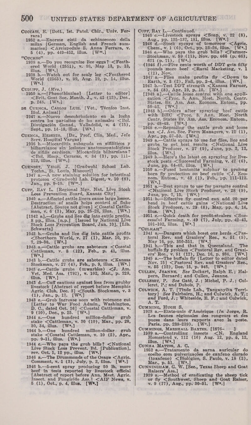 Cuccattr, E. [Dott., Ist. Patol. Chir., Univ. Fer- rara] 1952 a.—Enorme cisti da echinococco della milza [German, [English and French sum- maries} &lt;Arcispedale S. Anna Ferrara, v. 5 (4), pp. 449-452, illus. [W™.] “CucKoo” 1938 a.—Do you recognize lice eggs?’ &lt;Feath- ered World (2551), v. 98, May 13, p. 18, illus. [W2.] 1938 b.—Watch out for scaly lee &lt;Feathered Tet (2565), v. 99, Aug. 19, p. 14, illus. wea, Currier, J. (Mrs.) 1950 a.—[Phenothiazine] &lt;Brit. Goat Soe. Month. J., p. 248. [W3.] pB CUENCA, CARLOS Luis. [Véet., Biol. Animal] 1947 a:—Nuevo descubrimiento en la Iucha contra los parasitos de los animales &lt; Bol. Divulgaci6n Ganad., Valladolid, v. 4 (15), Sept., pp. 14-18, illus. [W2.] CuENCA, Heperto. [Dr., Prof. Clin, Med., Jefe Serv. Hospital Vargas] 1936 b.—Miocarditis subaguda en sifiliticos y bitharzianos sin lesiones anatomopatolégicas de sifilis cardiaca. Mioearditis bilharziana? [Letter to editor] v. 48 (12), Dec., Técnico Inst. &lt;Bol. Hosp., Caracas, v. 34 (3), pp. 11l1- 122, illus. [—W™.] CUENDET, Vinci. J. [Gradwohl School Lab. Techn., St. Louis, Missouri] 1947 a ak new staining solution for intestinal protozoa &lt;Gradwohl Lab. Digest, v. 10-(8), Jan., pp. 9-10. [W™.] Curr, Ray L. [Regional Mgr. Nat. Live Stock Loss Prevention Board, Kansas City] 1940 a.—Affected cattle livers cause large losses. [Abstract. Source not given] &lt; Coastal Cattle- man, v. 6 (8), May, pp. 25-26, illus. [W2.] [1942 a].—Grubs and lice dig into cattle profits. 8 pp., illus. [n.p.] [Issued by National Live Stock Loss Prevention Board, Jan. 10]. [Lib. Schwartz] 1942 b.—Grubs and lice dig into cattle aS fits &lt;Shorthorn World, v. 27 (1), Mar. 10, pp. 7, 29-30. [W4,] 1948 a.—Cattle grubs: are saboteurs &lt;Coastal Cattleman, v. 8 (12), Feb., p. 41, illus. [ws.] 1943 b.—Cattle grubs are saboteurs &lt; Kansas Stockman, v. 27 (4), Feb., p. 9, illus. [W*.] 1948 e.—Cattle grubs (=warbles) &lt;J. Am. Vet. Med. Ass. (792), v. 102, Mar., p. 228, illus. [W2.] 1948 d.—Cuff cautions against loss from grubby livestock [Abstract of report before Memphis Agric. Club, Dec. 3] &lt;South. Stockman, v. 3 (1), Jan., p. 17. [W2.] 1948 e.—Grub inerease seen with rotenone cut {Letter to War Food Admin., Washington, D. C., dated Oct. 16] &lt;Coastal Cattleman, v. 9 (10), Dee., p. 25. [W*.] 1944 a.—One hundred million-dollar grub stake &lt;Cattleman, v. 80 (10), Mar., pp. 28, 80, 34, illus. a,] 1944 b—One hundred _ million-dollar grub stake &lt;Coastal Cattleman, v. 10 (2), Apr., pp. 911, illus. [W4.] 1944 ¢—Who pays the grub bills? &lt;National Live Stock Loss Prevent. Bd. [Publication], rev. Oct. 1, 12 pp., illus. [W4.] 1946 a.—The Drummonds of the Osage &lt;Agric. Comment, v. 1 (3), July, p. 2, illus. [W*?.] 1946 b.—5-cent spray producing 50 Jb. more beef in tests reported by livestock official [Abstract of report before Ann. Meet. Agric. Insect. and Fungicide Ass.! &lt;AIF News, v. 5 (1), Oct., p. 4, illus. [W*.] Curr, Ray L.—Continued. 1946 e.—Livestock sprays &lt;Soap, v. 22 (8), Aug., pp. 135-137, 181, illus. [W2.] 1946 d.—Stock sprays of tomorrow &lt;Agric. Chem., v. 1 (6), Oct., pp. 28-26, illus. [W2.] 1946 e—Who pays the grub bills? &lt;Farmer- Stockman, v. 59 (11), Nov. pp. 666 (p. 66), 671 (p. 71). [W4.] (1946 f).—Five cents worth of DDT gets fifty pounds more beef &lt;Rural Marketing, v. 1 (12), Nov. 1947 a.—Flies make profits fly &lt;Down to Earth, v. 3 (2), Fall, pp. 2-4, illus. [W.] 1947 b.—Test DDT strength &lt;Kansas Farmer, v. 84 (8), Apr..19, p..10.. [W23.] [1948 a].—Cattle louse control with one appli- eation &lt;Proc. 3. Ann. Meet. North. Centr. States. Br. Am. Ass. Econom. Entom., pp. 50-b2. [W2.] {1948 b].—Odcrs after spraying beef cattle with BHC &lt;Proc. 8. Ann. Meet. North Centr. States Br. Am. Ass. Econom. Entom., pp. 48-49. [W2.] 1948 ¢.—Repealing the cattle grub and louse tax &lt;J. Am. Soc. Farm Managers, v. 12 (1), Apr., pp. 57-59. [Wa4.] 1949 a.—Cattle sprays to use for flies, lice and grubs. to get best results &lt;National Live Stock Producer, v. 27 (9), June, pp. 3, 12, illus. [W4.] 1949 b.—Here’s the latest on spraying for live- stock pests &lt;Successful Farming, v. 47 (6), June, pp. 64-65, illus. [W2.] 1950 a.—Fused bentonite sulphur to prolong horn fly protection on beef cattle &lt;J. Eco- nom. Entom., v. 48 (1), Feb., pp. 11-112. [W2.] 1951 a.—Best sprays to use for parasite control &lt;National Live Stock Producer, v. 28 (9), June, pp. 7,15. [W4.] 1951 b.—Effective fly control can add 20 per head in beef cattle gains &lt;National Live Stock Producer, v. 29 (8), May, pp. 6, 16, illus.» [W®.] 1951 ¢.—Quick death for profit-stealers &lt;Suc- eessiul Farming, v. 49 (7), July, pp. 42-43, 101-102, illus. [W4.] “CULKAH” 1941 a.—Dangers which beset our herds &lt;Pas- toral Rev. and Graziers’ Rece., v. 51 (5), May 16, pp. 350-851. [W28.] 1941 b—This and that in Queensland. The buffalo fly problem &lt; Pastoral Rev. and Grazi- ers’ Rec., v. 51 (12), Dec. 16, p. 986. [W2.] 1945 a.—The buffalo fly [Letter to editor dated Nov. 15] &lt;Pastoral Rev. and Graziers’ Rec., v. 55 (12), Dec. 15, p. 945. [W2.] CULLEN, JEANNE. See Doikart, Ralph E.; Hal- pern, Bernard; and Cullen, Jeanne. CULLERET, P. See Gaté, J.; Michel, P. J.; Cul- leret, P.; and Dubois, P. CuLwick, A. T. [Tinde Lab., Tanganyika Terri- tory] See Fairbairn, H.; and Culwick, A. T.; “ig Engg J.; Whiteside, E. F.; and Culwick, Cummine, HucH S. 1928 a.—Hiats-unis d’Amérique (In Jorge, R. Les. faunes régionales des rongeurs et des puces dans leurs rapports avec la peste. Paris. pp. 2388-239). [W°.] CUMMINGS, MARSHALL BAXTER. [1876-— ] 19389 a.—Controlling insects &lt;N. England Homestead v. 112 (16) Aug. 12, pp. 5, 12, illus. [W2.] CUNHA Mattos, A. C. 1952 a-—Tratamento da sarna auricular do coelho com pulverizacées de canfeno clorado (toxafeno) &lt;Biolégico, S. Paulo, v. 18 (3), Mar., p. 61. [W2.] CUNNINGHAM, G. W. [Sec., Texas Sheep and Goat Raisers’ Ass.] 1989 a.—Method of eradicating the sheep tick or fly &lt;Southwest. Sheep and Goat Raiser, v. 9 (17), Aug., pp. 30-31. [W2.]