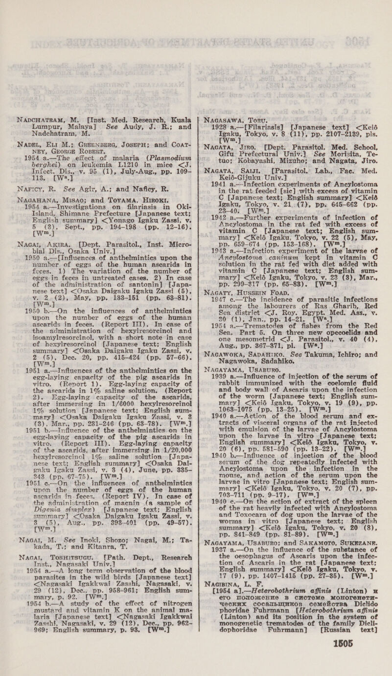 NADCHATRAM, M. [Inst. Med. Research, Kuala Lumpur, Malaya] See Audy, J. R.: and Nadchatram, °M. NADEL, Et M.; GREENBERG, JOSEPH; and CoaT- NEY, GEORGE RoBER . 1954 a.—The effect of malaria (Plasmodium berghei) on leukemia L1210 in mice &lt;J; Infect. Dis.,-v. 95. (1), July-Aug., pp. 109- 118. [EW:.] NaFicy, R. See Agir, A.; and Naficy, R. NAGAHANA, MisAo; and ToYyAMA, HIroKI. 1954 a.—Investigations on filariasis in Oki- Island, Shimane Prefecture [Japanese text; English summary] &lt;Yonago Igaku Zassi, v. ewe | Nacatl, -Antra. [Dept. Parasitol., Inst. Micre- bial Dis., Gsaka Univ.] 1950 a.—[Infiuences of anthelminties upon the number of eggs of the human ascarids in eces. 1) The variation of the number of eggs in feces in untreated cases. 2) In case of the administration of santonin] [Japa- nese text] &lt;Osaka Daigaku Igaku Zassi (5), v. 2.(2), May, pp. 1383-151 (pp. 68-81). [W™,] 1950 b.—On the influences of anthelmintics upon the number of eggs of the human asecarids in feces. (Report IiI). Im case of the administration of hexylresorcinol and jsoamylresorcinol, with a short note in case of hexylresorcinol [Japanese text; English summary] &lt;Osaka Daigaku Igaku Zassi, v. 2 (5), Dec. 20, pp. 415-424 (pp. 57-66). [W™.] 1951 a.—Influences of the anthelmintics on the egg-laying eapacity of the pig ascarids in vitro. (Report 1). Egg-laying capacity of the ascarids in 1% saline solution. (Report 2). Egg-laying capacity of the ascarids, after immersing in 1/6000 hexylresorcinol 1% solution [Japanese text; English sum- mary] &lt;Osaka Daigaku Igaku Zassi, v. 3 (3), Mar., pp. 281-246 (pp. 63-78). [W™.] 1951 b.—Infiuence of the anthelmintics on the egg-laying capacity of the pig ascarids in vitro. (Report III). Egg-laying capacity of the ascarids, after immersing in 1/20,000 hexylresorcinol 1% saline solution. [Japa- nese text; English summary] &lt;Osaka Dai- gaku Igaku Zassi, v. 8 (4), June, pp. 335- 343 (pp. 67-75)... [W™.] 1951 e—On the influences of anthelmintics upon the number of eggs of the human ascarids in feces. (Report IV). In case of the administration of macnin (a sample of Digenia simplex) [Japanese text; English summary] &lt;Osaka Daigaku Igaku Zassi, v. 8 (5), Aue., pp. 398-401 (pp. 49-57). Look NaGal, M. See Inoki, Shozo; Nagai, M.; Ta- kada, T.; and Kitanra, T. Nacar, TosHitsucu. [Path. Dept., Inst., Nagasaki Univ.] 1954 a.—A long term observation of the blood Research &lt;Nagasaki Igakkwai Zasshi, Nagasaki, v. 29 (12), Dee., pp. 958-961; English sum- spied p. 92. [Wm 954 b.—A_ study of the effect of nitrogen tans and vitamin K on the animal ma- laria [Japanese text] &lt;Nagasaki Igakkwai Zasshi, Nagasaki, v. 29 (12), Dec., pp. 962-— 969; English summary, p. 98. [W™.] NAGASAWA, Torv. 1928 pa tf [Japanese —_ &lt;Keié Igaku, Tokyo, v: 8 (11), pp. 2107-2139, pis. [w™.] Jiro. [Dept. Parasitol. Med. School, Gifu. Prefectural Univ:] See Morisita, Te- tuo; Kobayashi, Mizuho; and Nagata, Jiro. NaGaTa, Sagi, [Parasitol.* Lab., Med. Keié-Gijuku Univ.] 1941 a.—Infection experiments of Ancylostoma in the rat feeded [sic] with excess of vitamin C [Japanese text; English summary] &lt;Keié Igaku, Tokyo, v. 21..(7), PP. 645-662 (pp. 1942 a.—Further, experiments of infection of Ancylostoma in the rat fed with excess of vitamin C [Japanese text; English sum- mary] &lt;Keié Igaku, Tokyo, v. 22 (5), May, pp. 659-674 (pp. 153-168). [W™.] 1948 a.—Infection experiment of the larvae of Ancylostoma caninum kept in vitamin C solution in the rat fed with diet added with vitamin C [Japanese text; English sum- mary] &lt;Keié Igaku, Tokyo, v. 23 (8), Mar., pp. 299-317 (pp. 65-838). [W™.] NAGATY, HusSEIN FOoap. 1947 c.—The incidence of parasitic tnPéctions among the. labourers of Ras..Gharib, Red Sea district &lt;J. Roy. Egypt. Med. Ass., Vs 80 (1), Jan., pp. 14-21. [W:.] 1954 a.-—Trematodes of fishes from the Red Sea. Part 5. On three new opecoelids: and one mesometrid &lt;J. Parasitol., v. 40 (4), Aug., pp. 367-371, pl. [w:.] NAGAWOKA, SADAHIKO. See Takuma, Ichiro; and Nagawoka, Sadahiko. NAGAYAMA, USABURO. 1939 a.—Influence of injection of the serum of rabbit immunized with the coelomic fluid and body wall of Ascaris upon the infection of the worm [Japanese text; English sum- mary] &lt;Keié Igaku, Tokyo, v. 19 (9), pp. 1068-1075 (pp. 13-25). [W™.] 1940 a.—Action of the blood serum and ex- tracts of visceral organs of the rat injected with emulsion of the larvae of Ancylostoma upon the larvae in vitro [Japanese text; English summary] &lt;Kei6é6 Igaku, Tokyo, v. 1940 b.—Influence of injection of the blood serum of the dog repeatedly infected with Ancylostoma upon the infection in the mouse, and action of the serum upon the larvae in vitro [Japanese text: English sum- mary] &lt;Keié Igaku, Tokyo, v. 20 (7), pp. 1940 c.—On the action of extract of the spleen of the rat heavily infected with Ancylostoma and Toxocara of dog upon the larvae of the worms in vitro [Japanese text; English summary] &lt;Keié Igaku, Tokyo, v. 20 (8), pp. 841-849 (pp..81-89). [W™.] | NAGAYAMA, USABURO; and SAKAMOTO, SUKEZANE. 1987 a.—On the influence of the substance of the oesophagus of Ascaris upon the infec- tion of Ascaris in the rat [Japanese text; English. summary] &lt;Keié Igaku, Tokyo, v. Nacipina, L. F. [1954 a].—Heterobothrium affinis (Linton) a ero TomomeHue B CHCTeMe MOHOTeHETH- WeCKUuUX cOCAaIbINMKOR cemelcrRa Diclido phoridae Fuhrmann [Heterobothrium affinis (Linton) and its position in the system of monogenetic trematodes of the family Dicli- dophoridae Fuhrmann] {Russian text] 1605 Fae.