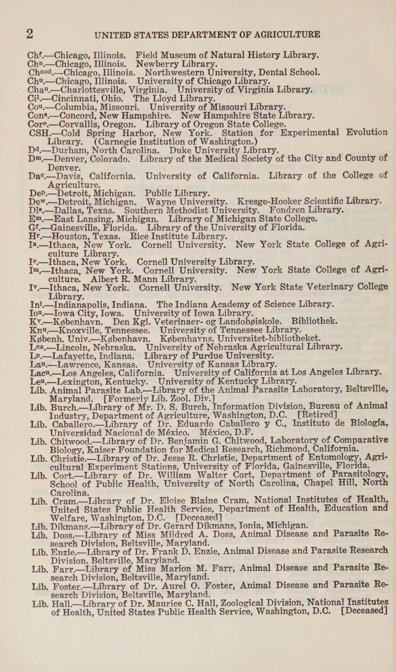 Chf.—Chicago, Illinois. Field Museum of Natural History Library. Ch2.—Chicago, Illinois. Newberry Library. Chnod,_Chicago, Illinois. Northwestern University, Dental School. Ch.—Chicago, Illinois. University of Chicago Library. Cha.—Charlottesville, Virginia. University of Virginia Library. Cil,—Cincinnati, Ohio. The Lloyd Library. Cot.—Columbia, Missouri. University of Missouri Library. Cons.—Concord, New Hampshire. New Hampshire State Library. Cor?’.—Corvallis, Oregon. Library of Oregon State College. CSH.—Cold Spring Harbor, New York. Station for Experimental Evolution Library. (Carnegie Institution of Washington.) D4,.— Durham, North Carolina. Duke University Library. ee Colorado. Library of the Medical Society of the City and County of enver. Dat.—Davis, California. University of California. Library of the College of Agriculture. De?.—Detroit, Michigan. Public Library. Dev.—Detroit, Michigan. Wayne University. Kresge-Hooker Scientific Library. Dls,—Dallas, Texas. Southern Methodist University. Fondren Library. E™.—East Lansing, Michigan. Library of Michigan State College. Gt.— Gainesville, Florida. Library of the University of Florida. Hr.—Houston, Texas. Rice Institute Library. I8,—Ithaca, New York. Cornell University. New York State College of Agri- culture Library. Ie.—Ithaca, New York. Cornell University Library. Im—Ithaca, New York. Cornell University. New York State College of Agri- culture. Albert R. Mann Library. or pe New York. Cornell University. New York State Veterinary College ibrary. In!.—Indianapolis, Indiana. The Indiana Academy of Science Library. Tot.—Iowa City, lowa. University of Iowa Library. Kv.—Kgbenhavn. Den Kgl. Veterinaer- og Landohgiskole. Bibliothek. Knt.—Knoxville, Tennessee. University of Tennessee Library. Kgbenh. Univ.—K¢benhavn. Kgbenhavns. Universitet-bibliotheket. Lna,—_ Lincoln, Nebraska. University of Nebraska Agricultural Library. Lp.—Lafayette, Indiana. Library of Purdue University. Lau.—Lawrence, Kansas. University of Kansas Library. Lact.—Los Angeles, California. University of California at Los Angeles Library. Let.—Lexington, Kentucky. University of Kentucky Library. Lib. Animal Parasite Lab.—Library of the Animal Parasite Laboratory, Beltsville, Maryland. [Formerly Lib. Zool. Div.] Lib. Burch.—Library of Mr. D. 8. Burch, Information Division, Bureau of Animal Industry, Department of Agriculture, Washington, D.C. [Retired] Lib. Caballero—Library of Dr. Eduardo Caballero y C., Instituto de Biologfa, Universidad Nacional de México. México, D.F. Lib. Chitwood.—Library of Dr. Benjamin G. Chitwood, Laboratory of Comparative Biology, Kaiser Foundation for Medical Research, Richmond, California. : Lib. Christie —Library of Dr. Jesse R. Christie, Department of Entomology, Agri- cultural Experiment Stations, University of Florida, Gainesville, Florida. Lib. Cort.—Library of Dr. William Walter Cort, Department of Parasitology, pane of Public Health, University of North Carolina, Chapel Hill, North arolina. Lib. Cram.—Library of Dr. Eloise Blaine Cram, National Institutes of Health, United States Public Health Service, Department of Health, Education and Welfare, Washington, D.C. [Deceased] Lib. Dikmans.—Library of Dr. Gerard Dikmans, Ionia, Michigan. Lib. Doss.—Library of Miss Mildred A. Doss, Animal Disease and Parasite Re- search Division, Beltsville, Maryland. ‘ Lib. Enzie.—Library of Dr. Frank D. Enzie, Animal Disease and Parasite Research Division, Beltsville, Maryland. Lib. Farr.—Library of Miss Marion M. Farr, Animal Disease and Parasite Re- search Division, Beltsville, Maryland. Lib. Foster.—Library of Dr. Aurel O. Foster, Animal Disease and Parasite Re- search Division, Beltsville, Maryland. Lib. Hall.—Library of Dr. Maurice C. Hall, Zoological Division, National Institutes of Health, United States Public Health Service, Washington, D.C. [Deceased]