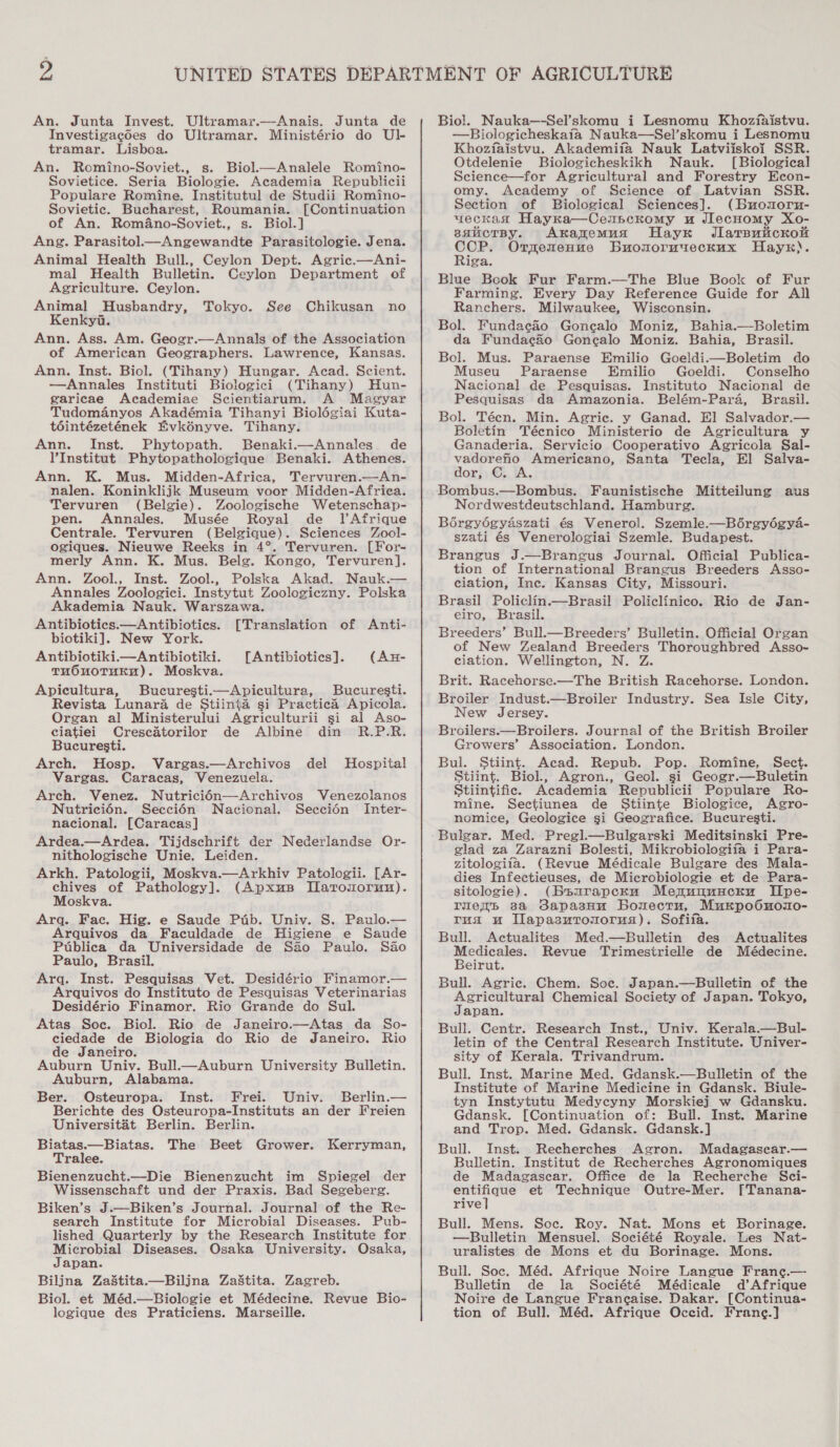 An. Junta Invest. Ultramar.—Anais. Junta de Investigacdes do Ultramar. Ministério do Ul- tramar. Lisboa. An. Romino-Soviet., s. Biol.—Analele Romino- Sovietice. Seria Biologie. Academia Republicii Populare Romine. Institutul de Studii Romino- Sovietic. Bucharest, Roumania. [Continuation of An. Rom&amp;no-Soviet., s. Biol.] Ang. Parasitol—Angewandte Parasitologie. Jena. Animal Health Bull., Ceylon Dept. Agric.—Ani- mal Health Bulletin. Ceylon Department of Agriculture. Ceylon. Animal Husbandry, Kenkya. Ann. Ass. Am. Geogr.—Annals of the Association of American Geographers. Lawrence, Kansas. Ann. Inst. Biol. (Tihany) Hungar. Acad. Scient. —Annales Instituti Biologici (Tihany) Hun- garicae Academiae Scientiarum. A Magyar Tudomanyos Akadémia Tihanyi Biolégiai Kuta- téintézetének Evkényve. Tihany. Ann. Inst. Phytopath. Benaki.—Annales de l’Institut Phytopathologique Benaki. Athenes. Ann. K. Mus. Midden-Africa, Tervuren.—An- nalen. Koninklijk Museum voor Midden-Afriea. Tervuren (Belgie). Zoologische Wetenschap- pen. Annales. Musée Royal de J]Afrique Centrale. Tervuren (Belgique). Sciences Zool- ogiques. Nieuwe Reeks in 4°. Tervuren. [For- merly Ann. K. Mus. Belg. Kongo, Tervuren]. Ann. Zool., Inst. Zool., Polska Akad. Nauk.— Annales Zoologici. Instytut Zoologiczny. Polska Akademia Nauk. Warszawa. Antibiotics.—Antibiotics. [Translation of Anti- biotiki]. New York. Tokyo. See Chikusan no Antibiotiki—Antibiotiki. [Antibiotics]. (Az- TuOuoTuki). Moskva. Apicultura, Bucurestii—Apicultura, Bucuresti. Revista Lunara de Stiinta si Practica Apicola. Organ al Ministerului Agriculturii si al Aso- ciatiei Crescatorilor de Albine din R.P.R. Bucuresti. Arch. Hosp. Vargas.—Archivos del Hospital Vargas. Caracas, Venezuela. Arch. Venez. Nutrici6n. Seccién Nacional. nacional. [Caracas] Ardea.—Ardea. Tijdschrift der Nederlandse Or- nithologische Unie. Leiden. Arkh. Patologii, Moskva.—Arkhiv Patologii. [Ar- cole of Pathology]. (Apxus Ilatronormm). Moskva. Arq. Fac. Hig. e Saude Ptb. Univ. S. Paulo.— Arquivos da Faculdade de Higiene e Saude Pitblica da Universidade de Sa0 Paulo. Sao Paulo, Brasil. Arq. Inst. Pesquisas Vet. Desidério Finamor.— Arquivos do Instituto de Pesquisas Veterinarias Desidério Finamor. Rio Grande do Sul. Atas Soc. Biol. Rio de Janeiro.—Atas da So- ciedade de Biologia do Rio de Janeiro. Rio de Janeiro. Auburn Univ. Bull.—Auburn University Bulletin. Auburn, Alabama. Ber. Osteuropa. Inst. Frei. Univ. Berlin.— Berichte des Osteuropa-Instituts an der Freien Universitat Berlin. Berlin. Biatas.—Biatas. The Beet Grower. Kerryman, Tralee. Bienenzucht.—Die Bienenzucht im Spiegel der Wissenschaft und der Praxis. Bad Segeberg. Biken’s J.—Biken’s Journal. Journal of the Re- search Institute for Microbial Diseases. Pub- lished Quarterly by the Research Institute for Microbial Diseases. Osaka University. Osaka, Japan. Biljna ZaStita.—Biljna ZaStita. Zagreb. Biol. et Méd.—Biologie et Médecine. Revue Bio- logique des Praticiens. Marseille.  Seecién Inter- Biol. Nauka—-Sel’skomu i Lesnomu Khoziaiistvu. —Biologicheskaia Nauka—Sel’skomu i Lesnomu Khoziaistvu. Akademiia Nauk Latviiskoi SSR. Otdelenie Biologicheskikh Nauk. [Biological Science—for Agricultural and Forestry Econ- omy. Academy of Science of Latvian SSR. Section of Biological Sciences]. (buonmoru- ueckad Hayrka—Ceunckomy u JlecHomy Xo- ssicTBy. Akanemuas HayxK JlarsuuicKou eo OtmeneHue Buonormueckux Hays). iga. Blue Book Fur Farm.—The Blue Book of Fur Farming. Every Day Reference Guide for All Ranchers. Milwaukee, Wisconsin. Bol. Fundaecaéo Gonealo Moniz, Bahia.—Boletim da Fundac&amp;éo Gonealo Moniz. Bahia, Brasil. Bol. Mus. Paraense Emilio Goeldi.—Boletim do Museu Paraense Emilio Goeldi. Conselho Nacional de Pesquisas. Instituto Nacional de Pesquisas da Amazonia. Belém-Para, Brasil. Bol. Téecn. Min. Agric. y Ganad. El Salvador.— Boletin Técnico Ministerio de Agricultura y Ganaderia. Servicio Cooperativo Agricola Sal- ha pe Americano, Santa Tecla, El Salva- ory, .@;, TA. Bombus.—Bombus. Faunistische Mitteilung aus Nordwestdeutschland. Hamburg. Bérgyégyaszati és Venerol. Szemle.—Bérgyégya- szati és Venerologiai Szemle. Budapest. Brangus J.—Brangus Journal. Official Publica- tion of International Brangus Breeders Asso- ciation, Inc. Kansas City, Missouri. Brasil Policlin.—Brasil Policlinico. Rio de Jan- eiro, Brasil. Breeders’ Bull.—Breeders’ Bulletin. Official Organ of New Zealand Breeders Thoroughbred Asso-~ ciation. Wellington, N. Z. Brit. Racehorse.—The British Racehorse. London. Broiler Indust.—Broiler Industry. Sea Isle City, New Jersey. Broilers.—Broilers. Journal of the British Broiler Growers’ Association. London. Bul. Stiint. Acad. Repub. Pop. Romine, Sect. Stiint. Biol., Agron., Geol. si Geogr.—Buletin Stiintific. Academia Republicii Populare Ro- mine. Sectiunea de Stiinte Biologice, Agro- nomice, Geologice gsi Geografice. Bucuresti. Bulgar. Med. Pregl.—Bulgarski Meditsinski Pre- glad za Zarazni Bolesti, Mikrobiologiia i Para- zitologiia. (Revue Médicale Bulgare des Mala- dies Infectieuses, de Microbiologie et de Para- sitologie). (Bbsaurapcku Menununcrkyu IIpe- Tiers 8a Sapa3sHu Bomecru, Murkpodnmoio- rua u Iapasuromorus). Sofiia. Bull. Actualites Med.—Bulletin des Actualites en aca Revue Trimestrielle de Médecine. eirut. Bull. Agric. Chem. Soe. Japan.—Bulletin of the ple gs aan Chemical Society of Japan. Tokyo, apan. Bull. Centr. Research Inst., Univ. Kerala.—Bul- letin of the Central Research Institute. Univer- sity of Kerala. Trivandrum. Bull. Inst. Marine Med. Gdansk.—Bulletin of the Institute of Marine Medicine in Gdansk. Biule- tyn Instytutu Medycyny Morskiej w Gdansku. Gdansk. [Continuation of: Bull. Inst. Marine and Trop. Med. Gdansk. Gdansk.] Bull. Inst. Recherches Agron. Madagasear.— Bulletin. Institut de Recherches Agronomiques de Madagasear. Office de la Recherche Sci- ce a et Technique Outre-Mer. [Tanana- rive Bull. Mens. Soc. Roy. Nat. Mons et Borinage. —Bulletin Mensuel. Société Royale. Les Nat- uralistes de Mons et du Borinage. Mons. Bull. Soe. Méd. Afrique Noire Langue Frane.— Bulletin de la Société Médicale d’Afrique Noire de Langue Francaise. Dakar. [Continua- tion of Bull. Méd. Afrique Occid. France.]