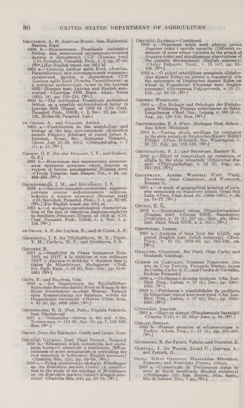 Grinseres, A. R. (Latvian Repub. San.-Epidemiol. Station, Riga] = 1959 b.—Kpacuorennu. T'rombicula —zachvaikint Schlug. Kak sosmomnbIi onuqemMMosoruuecKuh g@axtop B JiarsuwicKoi CCP [Russian text] &lt;10. Soveshch. Parazitol. Prob., v. 2, pp. 57-58. [W,] [For English transl. see 1961 b] i 1961 a.—lamasug Laelaps agilis Koch (Acarina, Parasitiformes) Kak MOTeCHYMAaANbHBIN DIMM],eMu0- wloruseckuit (axtop B Jlarsulticxo CCP (Laelaps agilis Koch (Acarina Parasitiformes) as a potential epidemiologic factor in the Latvian SSR) [Russian text; Latvian and English sum- maries} &lt;Latvijas PSR Zinat. Akad. Vestis (165), (4), pp. 119-124. [Wa.] a i 1961 b.—The red-bodied Trombicula zachvatkini Schlug. as a possible epidemiological factor in Latvian SSR [Transl. of 1959 b}] &lt;10. Conf. Parasitol. Prob., USSR, v. 2, Nov. 27, pp. 134- 136. [Beltsville Parasitol. Lab.] DE Grissz, A.; and Gmuarp, ANDRE. 1962 a.—Contribution to the morpholegy and biology of the hop cyst-nematode (Heterodera humuli Filipjev) [Abstract of report before 6. Internat. Symp. Soc. European Nematol., Ghent, July 25-28, 1961] &lt;Nematologica, v. 7 (1), p. 15. [We.] CEeeie O. F. [See also Abramov, I. V.; and Grobov, 1961 b.—Hacexomnbie Kak HepeHocuHkM aHnaiias- mosa KpynHoro poraroro cKxora_ [Insects as vectors of bovine anaplasmosis] [Russian text] &lt;Trudy Vsesoiuz. Inst. Eksper. Vet., v. 24, pp. 160-169. [W2.} GroxuovsKafA, I. M.; and KuupfAxoy, I. 8. 1959 a.—Soconoro-napa3suTomoruuecKkaA xapakTe- pucruKa ouaroB uEdeKNMOHHOTO Hepo30- Hepputa B yooueHOM upumMopse [Russian text] &lt;10. Soveshch. Parazitol. Prob:, v. 1, pp. 97-98. [Wm,] [For English transl. see 1961 a] ; 1961 a.—A zoologico-parasitological characteriza- tion of the foci of infectious nephroso-nephritis in Southern Primorye [Transl. of 1959 a] &lt;10. Conf. Parasitol. Prob., USSR, v. 1, Nov. 1, p. 118. [W2.] DE Groot, A. P. See Luyken, R.; and de Groot, A. P. Grosukova, I. S. See Tfishniakova, M. K.; Popov, V. M.; Pavlova, M. S.; and Groshkova, I. 8. GRUCHET, H. 1961 a.—Sensibilité de Cimex hemipterus Fabr. 1803, au DDT, &amp; la dieldrine et aux mélanges DDT + diazinon et dieldrine + diazinon dans la région de Miandrivazo, Madagascar &lt; Bull. Soc. Path. Exot., v. 54 (6), Nov.—Dec., pp. 1358- 1365 [W2.] Grin, F.; and Buatrer, Cur. 1960 a.—Zur Organotropie der Ritckfallfieber- Spirochite Borrelia duttont Novy et Knapp in der Zecke Ornithedorus moubata Murray. Versuch einer Kennzeichnung der Substanz, welche die Organotropie verursacht &lt;Helvet. Chim. Acta, v. 43 (6), pp. 1690-1699. [Wa.] GRUENHAGEN, R.H. [Prof. Path., Virginia Polytech. Inst. Blacksburg] 1961 a.—Nematodes—thieves in the soil &lt;Am. Nurseryman, v. 113 (8), Apr. 15, pp. 7, 112-120, illus. [W2.] Grupy, Ivan. See Zakhariev, GatfQ; and Gruev, Ivan. Grosicié, Gavrito. [Inst. Plant Protect., Beograd] 1959 b.—Efikasnost nekih nematicida kod suzbi- janja korenove nematode u staklarama (Effica- ciousness of some nematocides in controlling the root nematode in hothouses) [English summary] &lt;Zashtita Bila, (55), pp. 63-68. [Wa.] 1959 c.—Prilog prouéavanju ekologije Meloidogyne sp. (ex Heterodera marioni Cornu) (A contribu- tion to the study of the oecology of Meloidogyne sp. (ex Heterodera marioni Cornu)) [English sum- Grusicié, Gavrito.—Continued. 1960 a.—Otpornost nekih sorti pSenice prema Angutna tritict i razviée parazita (Different re- sistance of some wheat varieties to the attack of Anguina tritici and simultaneous observations of the parasite development) [English summary] &lt;Arhiv Poljopriv. Nauk., v. 13 (41), pp. 95- 105. [W2.] 1962 a.—O pojavi establjikine nematode (Ditylen- chus dipsaci Kiihn) na pSenici u Jugoslaviji (On the occurrence of Ditylenchus dipsaci Kiihn on wheat in Yugoslavia) {Croatian text; English summary] &lt;Savremena Poljoprivreda, v. 10 (2), Feb., pp. 86-94. [W2.] GRUMMT, WOLFGANG. 1960 a.—Zur Biologie und Oekologie der Kleinéu- gigen Wihlmaus Pitymys subterraneus de Selys- Longchamps &lt;Zool. Anz., Leipzig, v. 165 (8-4), Aug., pp, 129-144, illus. [W®.] GRUNDBACHER, F’. J. (Univ. Michigan Med. School., Ann Arbor, Michigan] 1962 b.—Testing alfalfa seedlings for resistance to the stem nematode Diiylenchus dipsaci (Kiihn) Filipjev &lt;Proc. Helminth. Soc. Washington, v. 29 (2), July, pp. 152-158. [W.] GRUNDBACHER, F.. J.; and STANFORD, Ernest H. 1962 a.—Effect of temperature on resistance of alfalfa to the stem nematode (Ditylenchus dip- sact) &lt;Phytopathology, v. 52 (8), Aug., pp. 791-794, [W2.] GRUNDMANN, ALBERT WrENDELL [Univ. Utah]; FRANDSEN, JOHN CHRISTIAN; and WARNOCK, RoserT G. 1961 a.—A study of geographical isolation of para- sitic nematodes on Stansbury Island, Great Salt Lake &lt;Proc. Utah Acad. Sc. (1960-1961), v. 38, pp. 74-77. [We.] Grunt, K. Ta. 1962 a.—Ilonmxomuzze onona (Hypodermatidae) [Russian text] &lt;Fauna SSSR, Nasekomye, Dvukrylye, v. 19 (4), 237 pp., illus., pls. (Zool. Inst. Akad. Nauk SSSR, n. 8. (82)). [W2.] GRZYWINSKI, LESZEK. 1961 a.—Analysis of feces from the middle age period [English text; Polish summary] &lt;dZool. wer v. 10 (38), 1959-60, pp. 195-199, pls. a GUALAND!, GIANLUIGI. See Prati, Gian Carlo; and Gualandi, Gianluigi, GUEDES DB CARVALHO, RoprRIGo FERNANDO. [See also da Cruz Ferreira, Fernando Simées; Lopes da, Cunha, Carlos A. C.; and Guedes de Carvalho, Rodrigo Fernando} 1960 a.—Cortisona e doengas tropicais &lt;An. Inst. Med. Trop., Lisboa, v. 17 (4), Dec., pp. 1061- 1083. [W2.] 1960 b.—Problemas e possibilidades da profilaxia da bilharziase vesical num meio rural &lt;An. Inst. Med. Trop., Lisboa, v. 17 (4); Dee., pp. 1085- 1099. [W2.] Gtnpodou, Ipraum. 1961 a.—Hayvan sitmasi (Piroplasmosis hastaligi) &lt;Pancar (114), v. 10, May-June, p. 19. [W2.] Giuraup, Nevzat. ] 1960 b.—Present situation of schistosomiasis in aarter &lt;Acta Trop., v. 17 (8), pp. 261-263. a, GupPRRIERI, E. See Favati, Valerio; and Guerrieri, E. Gurvara, A. See Warren, Lionel G.; Guevara, A.; and Patzrek, D. Guipa, Hsuio Gustavo; Maa@aunirs: MeEperrmos, Parnaso; and Noquerra Pizevur, Guo. 1960 a.—Conservacio do Trichomonas foetus: no meio de Rieck modificado [English summary] &lt;Publicagiéo (35) Inst. Zootec:, Min; Agric.,