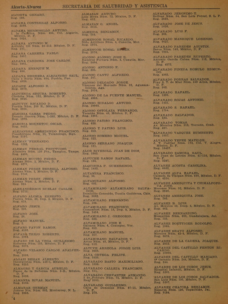      ARA ARNO FM AS da a a DA ds O ALCORTA GENARO. Reg. 100. ALDAMA CONTRERAS ALFONSO. Reg. 2508. 1. la Catblica, 455, Col. Algarín, México, D. Y. Reg. 5024. ALDANA ANTONIO M. Artículo da Núm. 22-212. México, D. F. Reg. 187. ALDANA CABRERA PABLO. Reg. 3457. ALDANA CARDONA JOSE CARLOS. Reg. 9961. ALDANA ENRIQUE M Núm. ALDANA HERRERA ALEJANDRO SAUL. Calle 4 Norte Núm. 604, Puebla, Pue. Reg. 4038. ALDAPE ALFONSO R, Reg. 4079, ALDUENDA SEGURA ROBERTO. Córdoba Núm. 132, México, D. F. Reg. 3048. ALDUVIN RICARDO D. Puebla Núm. 288 E., México, D. F. Reg. 3995. ALEGRIA GARZA PEDRO Donato Guerra Núm. 1- 205, México, D. F. Reg. 1978. ALEGRIA MOUNETOU OSCAR. Reg. 9453. ALEJANDRE AJEREDONDO FRANCISCO. Cuauhtémoc Núm, 15, Tulancingo, 480. Reg. 5197. ALEMAN “FERNANDO. Reg. 1232. » ALEMAN FERRAL FRUCTUOSO. Altamira Núm. 120 Pte., Tampico, Tamps, Reg. 4430. ALEMAN MUCIÑO PEDRO. Atenas Núm. 3, México, D. Y. Reg. 4275, ALEMAN PEREZ BERBELL ALFONSO. Atenas Núm. 3, México, D. F. -Reg. 97483, ALEMAN PEREZ JESUS. Atenas Núm, 3, México, D. F. ALEXANDERSON RUELAS CARLOS. ALFARO ALOMIA ERNESTO. Puebla Núm. 30, Dep. 2, México, D. F. Reg. 679. ALFARO JESUS. Reg. 299. ALFARO JOSE. Reg. 26. ALFARO MANUEL. Reg. 3. ALFARO PAVON RAMON. Reg. 1984. ALFARO DE LA VEGA GUILLERMO. Reforma Núm. 155, México, D. F. Reg. 3078. de dl VELASCO EAaboS ADALVER- Reg. 2599. ALGAZI BEHAR ALBERTO. Insurgentes Núm. 446-1, México, D. Y. Reg. 9253. ALMAGRO Y GARCIA AURELIO. a la Reforma Núm. 9-B., México, Res. 5098. ALMANZA RIVAS. MANUEL. ALMARAZ. . GERMAN. ; Juárez Nte. Núm. 502, Monterrey, N. L; neo 2059. Reg. 632. ; _Reg. 3638. ALMAZÁN G. ANGEL. ALVARADO JOSE DE: Reg. 3455. Reg. 102 Bd ALMEIDA BENJAMIN, - ALVARADO LUIS E, Reg. 708. Reg. 266. ALMENGOR ROSAL RICARDO. ALVARADO MAN Q Niño Artillero Núm. 4, Cuautla, Mor. Reg. 9627. LS Reg. 5974. , ALVARADO PAREDE ALMENGOR ROSAL RUBEN. Zarco Núm. 148, Méxi Reg. 2576. - Reg. 7031.   ALMAZAN ARTURO. OMT o. 54, :                                             ALVARADO PARED ALO Garcia Cuba ALONSO ALONSO JOSE R Ramírez Ferrara Núm. 4, Cuauia Mor. Reg. 3404. Br e Reg. ES A ALONSO ANTONIO PF. ) AN Fe Reg. 235. ALVARADO PINEDA. R Meno, O OS CANTU ALFREDO. Reg. 4965. Re 47. E de ALVARADO PORRAS : ¡ALVADC ALONSO DELGADO JORGE. Fray S. T. de Mier Núm. 249 4 0 Vázquez del Mercado Núm. 32, eS EOS ¿ lientes, Ags. Reg. 903. Reg. 2034. ALVARADO RATADL. Es DE LA FUENTE MANUEL. Reg. 1286. Reg. 4959. e xa Pa ALVARADO e ANTO O A ARTURO. Reg. 5431. NA e 068 des d ' ALVARADO $. RAFAEL, LD ra O Reg. 1754. er, ucatán m. , Xico, D.F. Reg. 1867. y ALVARADO SALVADOR. Ñ Reg. 592. ALONSO PATIÑO FRANCISCO. Reg. 6383. ALVARADO TOMAS. Av, Morelos Núm. 913, Torreón, O Y PATIÑO LUIS. Reg. 497. : e 3 5 PP ALVARADO VAZQUEZ HUME OS ia MIGUEL. Re 10570 e 1 E ALVARADO YBPEZ M/ ALONSO SERRANO TOAQUDÍN: TE MA Cuéllar Núm. =% Reg. 191. México, D. F Reg. 10437. ALOR RIVEROLL JUAN DE DIOS. Y OARN Reg. 5863. ALVARADO ZAMORA R., ; San Juan de Letrán Nám., ] ALPUCHE RAMOS RAFAEL. y D, F. ; , Reg. 135. E Prey 3297. E ALQUISIRA P. GUMERSINDO. to ACOSTA CAI Reg. 1483. Reg. 6032 ALTAMIRA FRANCISCO. ALVAREZ ALVA RAFA] Reg. 96. Calzada de TiIDan Na: n. ñ ; Reg. 4224. ALTAMIRANO ALFONSO. Reg. 695. A AMEZQUITA Y CH ALTAMIRANO “ALTAMIRANO SALVA- Mesones Núm. 392, Méxi co, 2D DOR Reg. 2840. AN Er Domicilio Conocido, Tuxtla Ens Chis, de Reg. 3862. ALVAREZ AMBZQUITA JOSE ALTAMIRANO FERNANDO, Ese 0 ES Reg. 109. ALVAREZ B. LUIS. ALTAMIRANO FRANCISCO, Av. Morelos 42, Desp. 4, ¡4 Comonfort Núm. 18, Dep. 8, México, D. F. Res. 462. í Reg. 1424. ALVAREZ E ALTAMIRANO J. GREGORIO. Mezquitán Núm, 398, Gua Reg. 523. Reg. 155. Dos ALTAMIRANO JOSE E. | OETTIGER 1 Galeana Núm. 6, Coatepec, Ver. A ari pS Reg. 652. ás ALVAREZ BRAVO A po MANUEL. Morclos_Núm. 42-4, * E E Reg: 3676. LI ALTAMIRANO SALVADOR V. « Artes Núm. 49, México, D. F. ALVAREZ DE LA CADEN. Reg.'512. Reg. 2852. ALTOVE: ARREOLA JORGE LUIS. AN DEL CAST] e sl Reg. 10004. e Reg. 5839. pda aa a 5 ALVARADO BASTO MAXIMILTANO. Reg. 244. O es UVAREZ DE LOS COBOS a CALLEJA “FRANCISCO. A ospital Infantil, 1 México, ; eg. e ad CERVANTES o e e,Febrero Núm. 75, ia PEE Res 3053. ALVARADO GUILLERMO. eta Donceles Núm. 87-15, México, Reg. 279. '“ALVAREZ DE LOS COBOS : San Luis Núm. 195, México, D _ Reg. 5307. y ALVAREZ CHAVIRA | Esparza Núm. 120, T Res. 9184. : f EP, AA