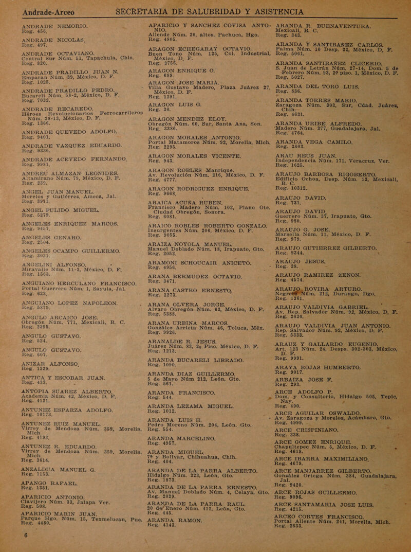  ANDRADE NEMORIO. Reg. 456. ANDRADE NICOLAS, Reg. 497. ANDRADE OCTAVIANO. Central Sur Núm. 51, Tapachula, Chis. Reg. 820. ANDRADE PRADILLO JUAN N. Emparan Núm. 39, México, D. F. Reg. 1025. ANDRADE PRADILLO PEDRO. Bucareli Núm. 53-2, México, D. F, Reg. 7032. ANDRADE RECAREDO. É Héroes hRevolucionarios Ferrocarrileros Núm. 28-13, México, D. F Reg. 1366.. ANDRADE QUEVEDO AN Reg. 9401. ANDRADE VAZQUEZ EDUARDO. Reg. 9336, ANDRADE ACEVEDO FERNANDO. Reg. 9981, ANDREU ALMAZAN LEONIDES. Altamirano Núm. 79, México, D, F. Reg. 239, ANGEL JUAN MANUEL. Morelos y Gutiérrez, Ameca, Jal. Reg. 3911. ANGEL PULIDO MIGUEL. Reg. 5279. ANGELES ENRIQUEZ MARCOS. Reg. 9457, ANGELES GENARO. Reg. 2504. ANGELES OCAMPO GUILLERMO. Reg. 3021. ANGELINI ALFONSO. . Miravalle Núm. 11-2, México, D. EF, Reg. 1563. ANGUIANO HERCULANO FRANCISCO. E Portal Guerrero Núm. 1, Sayula,- Jal. 2 Reg. 622, ANGUIANO LOPEZ: NAPOLEON. Reg. 5879. ANGULO ARCAICO JOSE. Obregón Núm. 771, Mexicali, B. C. Reg. 2395. ANGULO GUSTAVO. Reg. 524. ANGULO GUSTAVO. Reg. 607. ANIZAR ALFONSO. Reg. 1239. ANTICA Y ESCOBAR JUAN. Reg. 433. E ANTOPIA SUAREZ ALBERTO, Academia Núm. 42, México, D. EF. Reg. 4121, ANTUNEZ ESPARZA ADOLFO. Reg. 10173. ANTUNEZ RUIZ MANUEL. j Virrey de Mendoza Núm. 359, Morelia, Mich. , Reg. 4193, ANTUNEZ R. EDUARDO. E Virrey de Mendoza Núm. 359, Morelia, el Mich. = Reg. 3614. 2 ANZALDUA MANUEL G. Reg. 1153, _APANGO RAFAEL. Reg. 1351. APARICIO ANTONIO. - Clavijero Núm. 33, Jalapa Ver. - Reg. 508. APARICIO MARIN JUAN, Parque Hgo. Núm. 15, Texmelucan, Pue. Reg. 4480. :     AR NES Reg. 5333. - ARANALDE R. JESUS. de — ARAUZ - GALLARDO e 83, 20 Piso. México, p. F. E 13 Nana 24, , Desps ARANDA BUCARELI LIBRADO. MOE: Ape dd | - ARAYA ROJAS HUMB ARANDA DIAZ GUILLERMO. Reg: Y AAA 5 de Mayo Núm 212, EG, Gto. ARBAIZA JOSE má pe Reg. 561. Reg. 293. &gt;: ARANDA FRANCISCO. - o ARCE ADOLFO P. Reg. 544. a e y a ARANDA LEZAMA MIGUEL. - Reg. 490. AA Reg. 1012. ES                                                    Reg. 4805, ARAGON ECHEGARAY OCTAVIO. detal Buen. Tono Núm. 125, Col. Industrial, Reg. 5061. México al F. Reg. 3756. Siga ÓN ARANDA 5. Pd B ARAGON ENRIQUE O. a e Pobrero Núm Reg. 689. Reg. 5027. ARAGON ¿JOSE MARIA. Villa Gustavo Madero, Plaza Juárez 27, ARANDA. DEL México, D. F. Reg. 836. Reg. 1291. Ea UREA: TORRES - Zaragoza Núm. 303 Reg. 30. , Chih=: E : : Reg. AR O Di : ARAGON MENDEZ ELOY. me Obregón Núm. 60, Sur, Santa eg Son. ARANDA URIBE Reg. 3386. “Madero Núm. 317, Gua ; Reg. 4764. ARAGON MORALES ANTONIO: PEA O Núm. 92, Morelia, Mich. El VEGA. CAMILO. Reg. 2 de  Reg, 943. Independencia Núxm. 171, , Veracruz, y a ea 1620.04 id Eo ARAGON ROBLES Manrique. Av. Revolución Núm. 216, México, D. F. ARAUJO BARBOSA | Reg. 4777. ad rd Desp. ARAGON RODRIGUEZ ENRIQUE. ) Reg. 10312. Pill E rd Reg. 9668. y o CEA ARAUJO DAVID. ARAICA ACUÑA RUBEN. Reg. 731. 38 &gt; Francisco Madero Núm. 102, Plano. Ote: ; db Ciudad Obregón, Sonora. ARAUJO DAVID. di Reg. 6081. % Guerrero Núm. 31, Irapuato, e A - Reg. 980. Ao ARAICO ROBLES ROBERTO GONZALO. CSS Insurgentes Núm. 206, México, D. F. ARAUJO G. JOSE. f ; Reg. 9055. Ñ ei Núm. A México, Du DL eg E 7 ARAIZA NOYOLA MANUEL. a Manuel Doblado Núm. 18, Irapuato, Gto. ARAUJO GUTIERREZ Reg. 2052. Reg. 9344, e ARAMONI SCHOUCAIR ANICETO. | ARAUJO JESUS, Reg. 4956. LS RES SN el ARANA BERMUDEZ OCTAVIO. ARAUJO R BuERas Reg. 3471, : EE ATA, : , ARANA CASTRO ERNESTO. RAUJO. Reg. 3273. : ¿ ARANA OLVERA JORGE. A e pS: Alvaro Obregón Núm. 63, México, DE es ARAUJO Reg. 5388. - Reg. 2830. ARANA URBINA MARCOS. y ARAUJO VAL: oe 0Sd6. Arrieta Núm, 46, IS Méx. Rep. Salvador Nú                  ARCE AGUILAR Ñ e ARANDA LUIS H. Pedro Moreno Núm. 204, Me Gto. Reg. 554. ARANDA MARCELINO. UE  o ARCE OME' ENRIQU Reg. 1957, - Chapultepec Núm E ARANDA MIGUEL. AE eg AO 7% y Bolívar, Chihuahua, Chih. NS ARCE IBARRA —MAXIME Reg. 404. 1 ; sd Reg. 4679. ARANDA DE LA PARRA ALBERTO. ARCE MANJARREZ Hidalgo Núm. 323, León, Gto. - González Ortega Nún Reg. 1873. YE Ñ Jal. ARANDA DE LA PARRA ERNESTO. Ree 9420 te Av. Manuel Doblado Núm. 4, Celaya, Gto. OS ¿BOJAS. GU E Reg. pl Reg. 9096. o AR A DE LA PARRA RAUL. ARCE SANTAMARIA Ea d Fonero Núm. 412, León, Sha, Reg. 4215. y eg. “ARCEO CORTES  ARANDA RAMON. Reg. 4143.