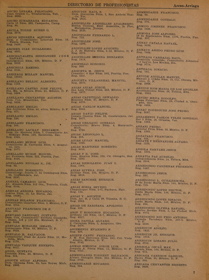   Sy as Arceo-Arriaga     Núm. O Campeche, Camp. ARCILA TORRE RUBEN O, eE 3970.  Reg. 5490. % E Je a ARCHER DIAZ GUILLERMO.  e ARGUELLES ARGUELLES ADALBERTO. Botica Central, Edif. Anzaldúa, 20 Piso, Matamoros, Tamps. Reg. 2525. ARGUELLES LOPEZ AUGUSTO. J. J. de Herrera Núm. 6-12, ARMENDARIZ FRANCISCO. Dom, Gorostiza Núm. 1, Sn Andrés Tux- Reg. 90. ee tla Ver, y3 Md Reg. 1018. ARMENDARIZ GONZALO, ¡O ZUMARRAGA EDUARDO. Reg. 870. a JIMENEZ FRANCISCO. eg. 1023. ARMORA JOSE ALFONSO. Bee ARGUELLES FERNANDO L. 16 de Septiembre Núm. 1106, Pueb] RCOS HERRERA. blberiad cda Reg. 732. Reg. 897. uebla, Pue. Dom. y Consultorio: Liberta m. Y Tierra Blanca, Ver. o JOSE. ARNAU CATALA RAFABL, Reg. 9439, ARNAUD AHEDO PEDRO LUIS, - Reg. 4861. Reg. 3378, Cs e, ESA 1009. y ARECHAVALETA HERNANDEZ JOSE ARGUELLES MEDINA BENJAMIN, ARTEAGA CARBAJAL RAUL. AN RAFAEL. Reg. 1414. : Domicilio conocido, Consultorio Johuston Insurgentes Núm. 320, México, Dis E Reg. 9032, : ARECHIGA RAMIRO.  ARGUELLO HONORIO. Reg. 309. y Leyva. Los Mochis, Sin. Reg. 9774. Reg. 3185. -ARGUETA M. JESUS O Reg. 581 Consulto: 6 Sur m uebla, Pue, AREIZAGA. MILLAN MANUEL. Reg. 4241. ARVIDE AGUILAR MANUEL. Me E ARGUETA VILLARREAL MANUEL ES a Núm. 19, Col. Obrera, Mé- e ha &gt; xico 4 ARELLANO BELLOC ALBERTO. Reg. 3670. ES o ARELLANO CASTRO JOSE FELIPE, Sta. Ma. la Rivera Núm. 85, México, D. F. Reg. 5968. ARELLANO CERVANTES AGUSTIN. Dom. Con. Minatitlán, Ver. ARIAS ARIAS JORGE. É San Luis Potosí Núm, 223, México, D. F, Reg. 5677. ARIAS CAPETILLO OSWALDO. Mesones Núm. 37, México, D, F. ARVIDE RIOS MARIA DE LOS ANGELES. Ayuntamiento Núm. 36, Toluca, Méx, Reg. 9852, ARVIZU MEJIA RODOLFO. Plaza Principal Núm. 28, Ciudad A, Obre- &gt; Reg. 4376. gón, Gro. patea S CARLOS MANUEL Poe ratio E ARELLANO EMILIO. ARIA bs x San Jerónimo Nára. 60, altos, OO D.F. Reg. 9003. ARZAC RODRIGUEZ JOSE PEDRO, Ye Reg. síi. ARELLANO EMILIO.      ARIAS DAVID FELIPE. Donato Guerra Núm, 68, Guadalajara, Jal. Reg. 369 ARZAMENDI PABLOS VELEZ GONZALO. Reg. 330. : e. Reg. 3077. 0 a 18, Orizaba, Ver. ó E - ARIAS DELGADO GONZALO. si O ; a ne das Bravo Núm. 4, Maravatío, ARZANI PEDRO. [ARELLANO LACKAY BENJAMIN. Reg. 9136, nee. 1208 O vda 18, México, D. y. _Dom. Dr. Herrera Núm. 7. Consultorio Av. _ Hidalgo Núm. 158, Zacatecas, Zac, O L. ARZAPALO FRANCISCO. Reg. 1666. esa. SS . Reg. 925. es ARIAS LUJAN MANUEL. ARZATE Y HERNANDEZ ALVARO. 4 % ARELLANO MUÑOZ LUIS. se : Reg. 1926. Reg. 1225. a Codo E. Carranza Nan 9, Acapul- ARIAS MARTINEZ ROBERTO. e 1577. Reg. 8018. ARZOLA NARVAEZ JESUS. - ARELLANO MUÑOZ MIGUEL. ; ARS Poniente Núm, 323, Puebla, Pue. e Reg. 4446. - ARIAS Y R. JOSE. Dom. Sinaloa Núm. 109, Cd. Obregón, Son. Reg. 1283. Reg. 5384. ARRATIA PAZ AURELIO. Independencia Núm. 14, Toluca, Méx,  ; Reg. 2344, ) ARIAS REBOLLEDO JUAN G, d: 0 E E ai A o Reg. 1064, DA CARDENAS FEDERICO. ARELLANO NORBERTO. ARIAS RIVERA JOSE,   (A rio: Josefa O. de Domínguez Núm. e alajara, Jal. 7 JA Reg: 687. ARENAL CAMARGO LUIS. Av. Abasolo Núm. 312 Ote., Torreón, Coah. de ReB.: 2164. Ni ARENAS ARRONA EDUARDO, - Juárez Núm. 13, La Barca, Jal. &gt; Reg. 10297. - ARENAS ULA ROS FRANCISCO.. Consultorio: Piero Núm. 2, México, an Bolívar Núm. 432, México, DEN Reg. 4610. ARIAS SANCHEZ ENRIQUE. Reg. 827. ARIAS SORIA SEVERO. Chapultepec Núm, 5-C, Pachuca, Hgo. Reg. 136. ; ARIAS V. AGUSTIN. Dom, Av. B. y Calle 6%, Tijuana, B. C. Reg. 3963. y ARREDONDO JESUS. Reg. 597, ARREDONDO L. GUILLERMINA. 9% de Jesús María Núm. 140, México, D. F, Reg.. 718. ARREDONDO LOPEZ HECTOR. Jesús María Núm. 140, México, D. F, Reg. 4247. ARREDONDO LOPEZ IGNACIO. Jesús María Núm. 140, México, D. EF, Reg. 234.  R 1. E ZARIÑANA APOLONIO. Meg Seas Ros. 598. [ARREDONDO OLVERA RAFAPL, | AREVALO FRANCISCO DE P. : Adules Seran Nota. Bora ac MR | Ls Reg. 300 ARIN Y BORGOÑOS EDUARDO. Reg. 4873. DESEA RO. GARDOQUI_ GUSTAVO. - Dom. Con, Consultorio: Edificio ld      Artículo 123 Núm, 12-7, México, D. F. ARREDONDO RIO FRIO ANTONIO. DaÍD Calzada Tacubaya Núm, 260-8, México, d a Desps. 119 y 119 Bis, Mexicali, B. C ARIZA DAVILA ALVARO. D. F. xico dl Pe es. 5693, 4 J. Carranza Núm. 5, Acapulco, Gro. Reg. 5899. y de AREVALO MORALES ISMAEL, Reg. 2476. ARREGUIN ADOLF y Guanajuato Núm. 68, México, D. F. ARIZMENDI EVARISTO F, Reg. 1825. E: ñ As Reg. 1639 Reg. 420. ARREGUIN JR. 1 AREVALO R. SALVADOR. ARIZPE CANTU FERNANDO. Reg. 1013. ne da SE Consultorio: Plan de Ayala Núm. 51, Mo- J_M. Roa Bárcenas Núm. 242, Col. Vista A _relia, Mich. Alegre, México, D. F. ARREGUIN LOZANO JULIO. Reg. ANO Reg. 9742. Reg. 3702. AREVALO VAZQUEZ -ERNESTO. ARMAS SIMONDS JORGE LUIS. ARREOLA OSCAR MAX. Reg. 9817. Joaquín A. Pérez Núm. 11, México, D. F. Balmis Núm. 104, o Dm -'ARGIL GUSTAVO. pS Yucatán Núm. 29, México, D. F. Cog. 634, m3 -ARGOTE ARIAS ALFONSO. bora: Galeana Núm. 35, Los Reyes, Mich. N e 3800. o y  ARMENDARES TORRENT SALVADOR. Alvaro Obregón Núm. 254, México, D. F. Reg. 4700. Reg. 224. % Reg. 675. ARRIAGA CARREON GABRIEL. Havre Núm. 35, México, D. F. Reg. 308. ARRIAGA CERVANTES ERNESTO. Reg. 9680, 