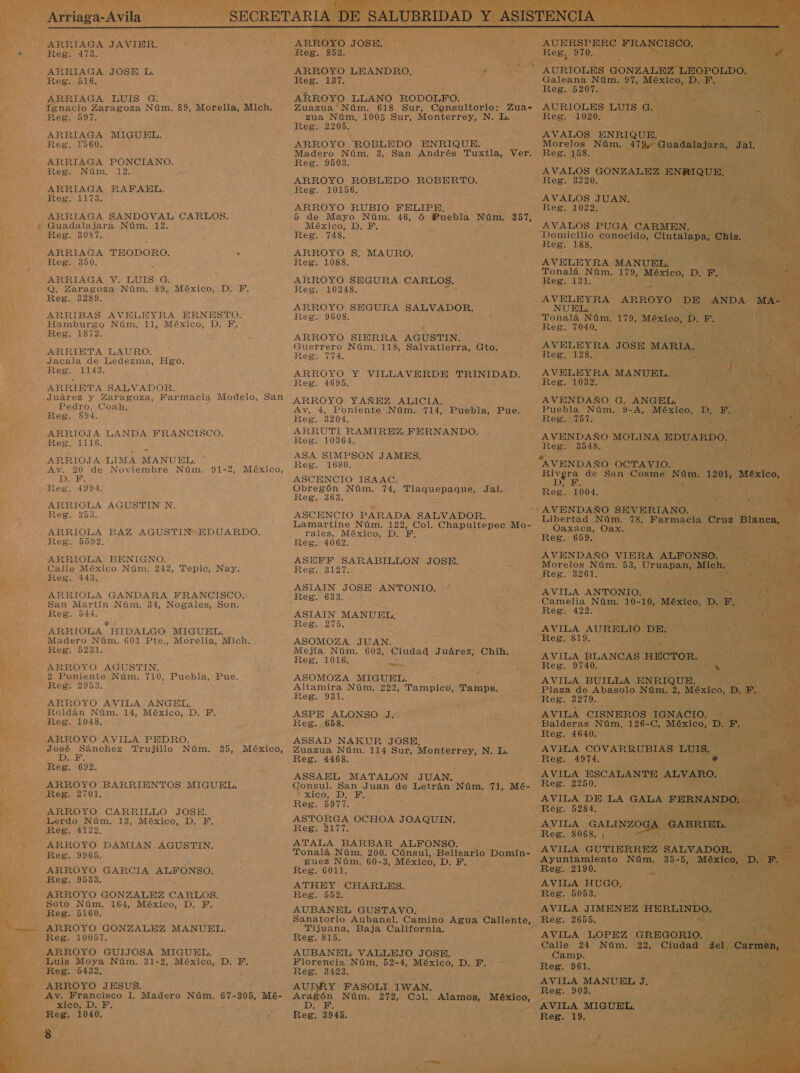 Arriaga-A vila  ARRIAGA JAVIER. reg. 473. ARRIAGA JOSE L. Reg. 516. ARRIAGA LUIS G. A Ignacio Zaragoza Núm. 89, Morelia, Mich. Reg. 597. ARRIAGA MIGUEL. Reg. 1560. ARRIAGA PONCIANO. Reg. Núm. 12. ARRIAGA RAFAEL. Reg. 1173. ARRIAGA SANDOVAL CARLOS. Guadalajara Núm. 12. Reg. 3087. ARRIAGA TEODORO. a Reg. 350. ARRIAGA V. Q. Zaragoza Núm. Reg. 3289. ARRIBAS Hamburgo Núm. Reg. 1872. LUIS G. 89, México, D. F. AVELEYRA ERNESTO. 11, MÉXICO, D. ¿E ARRIETA LAURO. Jacala de Ledezma, Hgo. Reg. 1143. ARRIETA SALVADOR. Juárez y Zaragoza, Farmacia Modelo, San Pedro, Coah, Reg. 894. ARRIOJA LANDA FRANCISCO. Res. 116, ARRIOJA LIMA MANUEL. Av. 20 de Noviembre. Núm. DE Reg. 4994. ARRIOLA AGUSTIN N. eg. 353 ARRIOLA BAZ AGUSTIN EDUARDO. Reg. 9092. ' 91-2, México, ARRIOLA BENIGNO. Calle México Núm. 242, Tepic, Nay. Reg. 443, ARRIOLA GANDARA FRANCISCO. San Martín Núm. 34, Nogales, Son. Reg. 544. q ARRIOLA HIDALGO Madero Núm. 601 Pte., Reg. 5231. ARROYO AGUSTIN. 2 Poniente Núm. 710, Puebla, Pue. Reg. 2953 ARROYO AVILA ANGEL, Roldán Núm. 14, México, D. F. Reg. 1048, ARROYO AVILA PEDRO. José Sánchez Trujillo Núm. DE Reg. 692. ARROYO BARRIENTOS MIGUEL. Reg. 2701. ARROYO CARRILLO JOSE. Lerdo Núm. 13, México, D. F. Reg. 4122, ARROYO DAMIAN AGUSTIN. Reg. 9965. ARROYO GARCIA ALFONSO. Reg. 9533. ARROYO GONZALEZ CARLOS. Soto Núm. 164, México, D. EF. Reg. 5160. ARROYO GONZALEZ MANUEL. Reg. 10057. ARROYO GUIJOSA MIGUEL. Luis Moya Núm. 31-2, México, D. F. Reg. 5432. ARROYO JESUS. Av. Francisco I. Madero Núm. 67-305, Mé- XiCD, D.F. Reg. 1040. 8 MIGUEL, Morelia, Mich. 35, México, ARROYO JOSE. Reg. 853. ARROYO LEANDRO, REAL ARROYO LLANO RODOLFO. Zuazua Núm. 618 Sur, Consultorio: Zua- zua Núm, 1005 Sur, Monterrey, N. L. Reg. 2205. ARROYO ROBLEDO ENRIQUE. Madero Núm. 3, San Andrés Tuxtla, Ver. Reg. 9503. ARROYO ROBLEDO ROBERTO. Reg. 10156. ARROYO RUBIO FELIPE, 5 de Mayo Núm. 46, Ó Puebla Núm. 357, México, D. F. : Reg. 748. ARROYO $S. MAURO. Reg. 1088. ARROYO SEGURA CARLOS. Reg. 10248. ARROYO SEGURA SALVADOR. Reg. 9608. ARROYO SIERRA AGUSTIN. Guerrero Núm. 118, Salvatierra, Gto. Reg. 774 ARROYO Y VILLAVERDE TRINIDAD. Reg. 4695, ARROYO YAÑEZ ALICIA, Av. 54; Poniente Núm. 714, Puebla, Pue. Reg. 3204. ARRUTI RAMIREZ, FERNANDO. Reg. 10364. ASA SIMPSON JAMES. 2eg. 1680. ASCENCIO ISAAC. Obregón Núm. 74, Tlaquepaque, Jal. Reg. 363. ASCENCIO PARADA SALVADOR. Lamartine Núm. 122, Col. Chapultepec Mo- rales, México, D. F. Reg. 4062. ASEFF SARABILLON JOSE. Regis Ll ASIAIN JOSE ANTONIO. ASIAIN MANUEL. Reg. 275. ASOMOZA JUAN. Mejía Núm. 603, Reg. 1016. ASOMOZA MIGUEL. Altamira Núm. 222, Tampico, Tamps. Reg. 931. ASPE ALONSO J. Reg. 658, ASSAD NAKUR JOSE, Zuazua Núm. 114 Sur, Monterrey, N. L. Reg. 4468. ASSAEL MATALON JUAN. Consul. San Juan de Letrán Núm. 71, Mé- ICO UD Reg. 5977. ASTORGA OCHOA JOAQUIN. Reg. 2177. ATALA BARBAR ALFONSO. Tonalá Núm. 200. Cónsul, Belisario Domín- guez Núm. 60-3, México, D. F. Reg. 6011. ATHEY CHARLES. Reg. 552. AUBANEL GUSTAVO. Sanatorio Aubanel. Camino Agua Caliente, Tijuana, Baja California. Reg. 815. AUBANEL VALLEJO JOSE. Florencia Núm, 52-4, México, D. F. Reg. 3423. AUDRY FASOLI IWAN. Arágón Núm. 272, Col. DUE, Ciudad Juárez, Chih. Alamos, México, AUERSPERC FRANCISCO. A Reg, 970, , e AURIOLES GONZALEZ LEOPOLDO. Galeana Núm. 97, México, D. F. Reg. 5207. AURIOLES LUIS G. Reg. 1020, AVALOS ENRIQUE. Morelos Núm. 479, Guadalajara, Jal. Rego. AVALOS GONZALEZ ENRIQUE, Reg. 3220. AVALOS JUAN. Reg. 1022. AVALOS PUGA CARMEN. Reg. 188. AVELEYRA MANUEL. Tonalá Núm. 179, México, D. F. Reg. 131; Ss AVELEYRA ARROYO DE ANDA. MA- NUEL. Tonalá Núm, 179, México, D. F. J Reg. 7040. AVELEYRA JOSE O Reg. 128. AVELEYRA MANUEL. Reg. 1032. AVENDAÑO G. ANGEL. Puebla Núm. 9-A, México, D, E. Regio AVENDAÑO MOLINA EDUARDO. Reg. 3548. AVENDAÑO OCTAVIO.: e de San Cosme SUN 1201, o Reg: od: AVENDAÑO SEVERIANO. Libertad Núm. 78, Farmacia Cruz Blanca, : Oaxaca, Oax. Reg. 659. AVENDAÑO VIERA ALFONSO. Morelos Núm. 53, Uruapan, Mich. Reg. 3261 AVILA ANTONIO. Camelia Núm. 10-10, México, Dy F Reg. 422. AVILA AURELIO DE. + Reg. 819. AVILA BLANCAS HECTOR. Reg. 9740, » AVILA BUILLA ENRIQUE. Plaza de Abasolo Núm. 2, México, D. FE. Reg. 3279. AVILA CISNEROS IGNACIO. Balderas Núm, 126-C, México, D. F. Reg. 4640. AVILA COVARRUBIAS LUIS, Reg. 4974. o AVILA ESCALANTE ALVARO. Reg. 2250. 2 A AVILA DE LA GALA FERNA NM Reg. 5284. de - AVILA PL GABRIEL. y Reg. 8068. ) AVILA GUTIERREZ SALVADOR. ? az Ayuntamiento Núm. 35-5, México, D. PF. Reg. 2190. : AVILA HUGO, Reg. 5053. AVILA JIMENEZ HERLINDO. Reg. 2655. AVILA LOPEZ GREGORIO. Calle 24 Núm. 22, Ciudad del Carmen, Camp. : . Reg. 961. AVILA MANUEL J, Reg. 903.