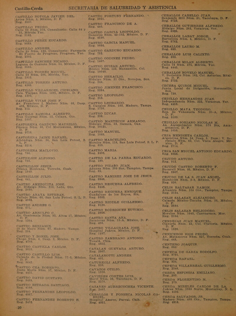    Cllda CASTILLO NOYOLA JAVIER DEL. Artes Núm. 9, México, D. F. Reg. 3537. CASTILLO PEDRO. +: Calle 69 Núm. 378, Consultorio: Calle 64 y : 55, Mérida Yuc. Reg. 3102. CASTILLO PEREZ EDUARDO. Reg. 9889. CASTILLO ANDRES. Calle 29 Núm. 139, Consultorio: Farmacia El Puerto de Progreso, Progreso, Yuc. Reg. 2302. CASTILLO SANCHEZ NICASIO. Laguna de Guzmán Núm. 54, México, D. PF. Reg. 9565. CASTILLO TORRES MIGUEL. Calle 58 Núm. 506, Mérida, Yuc. Reg. 1912. CASTILLO TORRES ARTURO. Reg. 4365. CASTILLO VILLARROEL CIPRIANO. Calz. Tlalpan Núm. 1295, México, D. F. Reg. 1393. CASTILLO VIVAS JOSE TF. Av. Francisco 1. Madero Núm. 66, Desp. 408, México, D. F. Reg. 312. CASTILLO ZAMORA ALBERTO. Tres Guerras Núm. 12, Celaya, Gto. Reg. 5987. CASTORENA GARDUÑO MAURILIO. Pánuco Núm. 80, Col Moctezuma, México, AE Reg. 9718. CASTORENA JAIME RAFAEL. Alhóndiga Núm. 36, San Luis Potosí, S. NN as Reg. 3214. CASTORENA MACLOVIO. Reg. 760. CASTREJON ALFONSO. Reg. 786. CASTRILLON JESUS. Clínica Mexicana, Torreón, Coah. Reg. 1949. CASTRILLON JULIO. Reg. 641. CASTRO AMEZQUITA JOSE. Av. Hidalgo Núm. 313, León, Gto. Reg. 2080. CASTRO ANAYA ESTEBAN. Vallejo Núm. 60, San Luis Potosí, S. L. P. Reg. 4993. O ei: G. ; Reg. 67 &gt; CASTRO ARNULFO C. Ai ei Núm. 93, Altos 17, México, Reg. 1364. CASTRO BENJAMIN. 10 de Mayo Núm. 67, Madero, q 00D; Reg. 284. CASTRO Y BONEL JOSE. Chopo Núm. 6, Desp. 3, México, D. F. Reg. 4709, CASTRO CASTILLA CARLOS. Reg. 9815. CASTRO CASTILLO LUIS. Calzada de la Piedad Núm. 77-3, México, Reg. 9642. “CASTRO CEA ROBERTO. Jesús María Núm. 57, México, D. F. Reg. 4455. CASTRO DAVID GUSTAVO. Reg. 9489. CASTRO ESTRADA SANTIAGO. Reg. 4108. CASTRO FERNANDEZ LEOPOLDO.. Reg. 4867. a FERNANDEZ ROBERTO HE. ¿Reg. 2473. e -20 &gt; p e Reg. 3931. CASTRO FRANCISCO DE A. Reg. 440. CASTRO GARCIA LEOPOLDO. Donceles Núm. 42-102, México, D. F. Reg. 4590. CASTRO GARCIA MANUEL. Reg. 9666. CASTRO GARDUÑO EDUARDO. Reg. 752. R CASTRO GODINEZ PEDRO. Reg. 1467. CASTRO GUIZAR ARTURO. México Núm. 122, Manzanillo, Col. Reg. 10040. CASTRO HERACLIO. Hidalgo Núm. 31 Ote., Novojoa, Son. Reg. 244, CASTRO JIMENEZ FRANCISCO. Reg. 3384. : CASTRO LEOPOLDO. re 2 Reg. 258. CASTRO LEOBARDO. . S. Canales Núm. 103, JS Tamps. Reg. 1736. CASTRO LUCAS. Reg. 208... CASTRO MANTECON ARMANDO. . Hidalgo Núm. 59, Oaxaca, Oax. Reg. 10121. CASTRO MANUEL. Reg. 1089. CASTRO MARCELINO. Morelos Núm, 116, San pas Potosí, SUL» E: Reg. 659. CASTRO MARIA. Reg. 2493. CASTRO DE LA PARRA EDUARDO. Reg. 190. CASTRO PIZAÑO JUAN. Aduana Núm. 309 Sur, A ALOO) Tamps. Reg. 69: CASTRO RAMIREZ JOSE DE JESUS. Reg. 9946. : CASTRO REGUERA ALFREDO. Reg. 3442, Guadalupe de los Reyes, Sin. Reg. 9383. a CASTRO RIDDLE COMRRERATO: Reg. 9130. CASTRO RODRIGUEZ EUTIMIO. Reg. 2956. CASTRO SANTA ANA. Zacatecas Núm. 13-A, México, D. F. Reg. 496. CASTRO VILLAGRANA JOSE. de Hospital Juárez, México, D.' F. Reg; 1187. CASTRO ZAMBRANO ANTONIO. Tonalá, Chis. Reg. 4852. CATALAN A ARTURO. x CATALANOTTI ANDRES. Reg. 401. CATUREGLI ALFREDO. Reg. 830. Reg. 1236. CAVIEDES CORTES LUIS. Martí Núm. 28, Tacubaya, D. F, Reg. 2216. E  BRIEL. e E                                                   Reg. 5925. CEBALLOS LA 5 .Meéxic Reg. 5762. &gt; CEBALLOS LAURO Me DES . Reg. 282. CEBALLOS MILAN ALBER” Calle 78 Núm. 475, perio CEBALLOS NOVELO LE V. Beristáin Núm. 162, Col. e co, DIS 5 Reg. 2732. CECENA QUIROZ MIGUEL. ES Junta Local de Irrigación, CEDILLO HERNANDEZ JUA Independencia Núm. 222, Ve Reg. 4459. ES E e CEDILLO MAYA TEODORO. ae d Reg: Biso. CEDILLO SORIANO NICOLAS Az. Azcapotzalco Nám. 578 potzalco, D. F. ' Reg. 1650... CEJA MENDIETA CARLOS. Argentina Núm. 34, Desp. 3. D E No ristain Núm. 63, Col. hina Al Ti XICO). DB / Reg. 2714. CEJA SAN MIGUEL ANTONIO Reg. 6056. 4 CEJUDO ARTURO. E k IN CEJUDO CASTRO ROB T Bucareli Núm. 85, O , Reg. 2807. l CEJUDO DE ME S. JU. Humboldt Núm. 3- 9, o Reg. 830. - A Al CELIS BALTASAR RAMO Y id Reg. 2134. CELIS SALAZAR ALEJA A México- ii N mM. F Reg. 2684. CELIS SALAZAR HELIODOR Morelos iS 1045, CA Reg. 3154. e Av. Matamoros Núm. Reg. 448. 7 CENTENO JOAQUIN. Es 683. Reg MIL 4 CEPEDA RAFAEL. Reg. CEPEDA VILLARREAL GUIA, Reg. 2346. CERDA ESPINOSA EMILIANO. - Y e CERDA FLORENTINO A ae 4 Reg. 279. CERDA CE CARL Juárez Núm. 1069 Non: CERDA SALVADOR, JR. Reg. 4818.