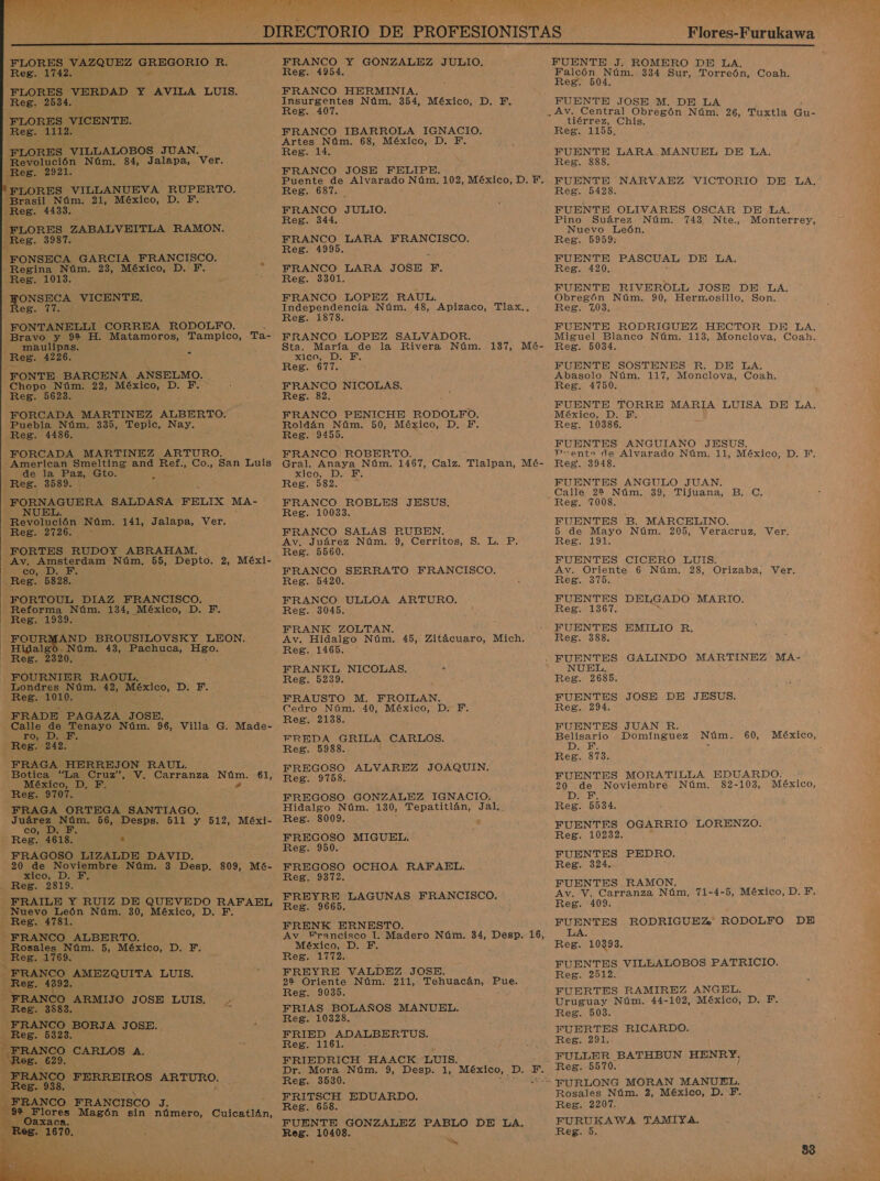  PO ¡07 O EUA ad E, ATA A AE A A PORO e l ps Flores-Furukawa   FLORES VAZQUEZ BREGORIO R. Reg. 1742. FLORES VERDAD y AVILA LUIS. Reg. 2534. FLORES VICENTE. Reg. 1112. FLORES VILLALOBOS JUAN. Revolución Núm. 84, Jalapa, Ver. Reg. 2921. FLORES VILLANUEVA RUPERTO. “Brasil Núm. 21, México, D. F. Reg. 4433. “FLORES ZABALVEITLA RAMON. Reg. 3987. “FONSECA GARCIA FRANCISCO. - Regina Núm. 23, México, De ME. Reg. 1013. ONSECA VICENTE. es. FONTANELLI CORREA RODOLFO. » Bravo y 92% H. Matamoros, Tampico, Ta- maulipas. Res. 4226. FONTE BARCENA ANSELMO. Chopo Núm. 22, México, D. F. Reg. 5623. FORCADA MARTINEZ ALBERTO. Puebla Núm. 335, Tepic, Nay. Reg. 4486. FORCADA MARTINEZ ARTURO. - American Smelting and Ref., Co., San Luis de la Paz, Gto. Reg. 3589. FORNAGUERA SALDAÑA FELIX MA- NUEL. iS Núm. 141, Jalapa, Ver. Reg. 2726 FORTES RUDOY ABRAHAM a E Núm. 55, Depto. 2, Méxi- D. EOS) 5828. FORTOUL DIAZ FRANCISCO. Reforma Núm. 134, México, D. PF. Reg. 1939. ; FOURMAND BROUSILOVSKY LEON. - Hidalgo Núm. 43, Pachuca, Hgo. Reg. 2320. FOURNIER RAOUL, Londres Núm. 42, México, DE Reg. 1010. FRADE PAGAZA JOSE Calle qe Tenayo Núm. 96, Villa G. Made- FO DUE Reg. 242. FRAGA HERREJON RAUL. Botica “La Cruz”, V. Carranza Núm. 81, México, D. F. 2 Reg. 9707. FRAGA ORTEGA SANTIAGO. de 56, Desps. 511 y 512, Méxi- co, D. Reg. 4618. . FRAGOSO LIZALDE DAVID. 20 de Noviembre Núm. 3 Desp. 809, Mé- xico, F, Reg. 2819. FRAILE Y RUIZ DE QUEVEDO RAFAEL Nuevo León Núm. 30, México, D. F. Reg. 4781. “FRANCO ALBERTO. Rosales Núm. 5, México, D. F', Res. 1769. FRANCO AMEZQUITA LUIS. Reg. 4392. FRANC O ARMIJO JOSE LUIS. Reg. 3883. pe ROT A JOSE. Reg. $ FRANCO CARLOS A. 98. 629. FRANCO FERREIROS ART Reg. 938. EN A FRANCO FRANCISCO Ja : E *+ Flores Magón sin número, Cuicatlán, y ee. 1070 e ,  -   FRANCO Y GONZALEZ JULIO, Reg. 4954. FRANCO HERMINIA. Insurgentes Núm, 354, México, D. F. Reg. 407. FRANCO IBARROLA IGNACIO. Artes Núm. 68, México, D. Y. Reg. 14 FRANCO JOSE FELIPE. Resi03 FRANCO JULIO. Reg. 344. FRANCO LARA FRANCISCO. Reg. 4995. FRANCO LARA JOSE PF. Reg. 3301. FRANCO LOPEZ RAUL. Independencia Núm. 48, Apizaco, Tlax., Reg. 1878. FRANCO LOPEZ SALVADOR. xico, D. F. Reg. 677. e NICOLAS. Reg. 82. FRANCO PENICHE RODOLFO. Roldán Núm. 50, México, D. F. Reg. 9455. FRANCO ROBERTO. XICO, Do. E Reg. 582. FRANCO ROBLES JESUS. Reg. 10083. FRANCO SALAS RUBEN, Av. Juárez Núm. 9, Cerritos, S. L. P. Reg. 5560. FRANCO SERRATO FRANCISCO. Reg. 5420. FRANCO ULLOA ARTURO. Reg. 3045. FRANK ZOLTAN Reg. 1465. FRANKL NICOLAS. . Reg. 5239. FRAUSTO M. FROILAN. Cedro Núm. 40, México, D. F. Reg. 2138. FREDA GRILA CARLOS. Reg. 5988. FREGOSO ALVAREZ JOAQUIN. Reg. 9758. FREGOSO GONZALEZ IGNACIO. Hidalgo Núm. 130, Tepatitlán, Jal,. Reg. 8009. FREGOSO MIGUEL. Reg. 950. FREGOSO OCHOA RAFAEL. Reg. 9372, FREYRE LAGUNAS FRANCISCO. Reg. 9665. FRENK ERNESTO. México, D. F Reg. 1772 FREYRE VALDEZ JOSE. 22 Oriente Núm. 211, Tehuacán, e Reg. 9035. FRIAS BOLAÑOS MANUEL. Reg. 10328. FRIED ADALBERTUS. Res. 1161. FRIEDRICH HAACK -LUI IS. FRITSCH EDUARDO. Reg. 658. Do. FUENTE J. ROMERO DE LA. Falcón Núm. 334 Sur, Torreón, Coah, Reg. 504. FUENTE JOSE M. DE LA tiérrez, Chis. Reg. 1155. FUENTE LARA MANUEL DE LA. Reg. 888. FUENTE NARVAEZ VICTORIO DE LA. Reg. 5428. FUENTE OLIVARES OSCAR DE LA. Pino Suárez Núm. 743 Nte., Monterrey, Nuevo León. Reg. 5959: FUENTE PASCUAL DE LA. Reg. 420. FUENTE RIVEROLL JOSE DE LA. Obregón Núm. 90, Hermosillo, Son. Reg. 703. FUENTE RODRIGUEZ HECTOR DE LA. Miguel Elamco Núm. 113, Monclova, Coah. Reg. 5034. FUENTE SOSTENES R. DE LA. Abasolo Núm. 117, Monclova, Coah. Reg. 4750. FUENTE ERE MARIA LUISA DE LA. México, D. Reg. 10386. FUENTES ANGUIANO JESUS. Prente de Alvarado Núm. 11, México, D. TF, Reg. 3948, FUENTES ANGULO JUAN. Calle 22 Núm. 39, Tijuana, B. C. FUENTES B. MARCELINO. 5 de Mayo Núm. 205, Veracruz, Ver. Reg. 191: FUENTES CICERO LUIS. Av. Oriente 6 Núm. 28, Orizaba, Ver. Reg. 375. FUENTES DELGADO MARTO. Reg. 1367. FUENTES EMILIO R. Reg. 388, NUEL. Reg. 2685. FUENTES JOSE DE JESUS. Reg. 294. FUENTES JUAN R. Belisario Domínguez Núm. 60, Die; Reg. 873. FUENTES MORATILLA EDUARDO. AS YES id Núm. 82-103, México, io Ebs4. FUENTES OGARRIO LORENZO. México, FUENTES PEDRO. Reg. 324 FUENTES RAMON. Av. V. Carranza Núm. eds 4-5, México, D. F. Reg. 409. FUENTES RODRIGUEZ RODOLFO DE LA Reg. 10393. FUENTES VILEALOBOS PATRICIO. Reg. 2512. FUERTES RAMIREZ ANGEL. Uruguay Núm. 44-102, iS Di. Reg. 503. : FUERTES RICARDO. Reg. 291. _FULLER BATHBUN HENRY, Reg. 5570. Rosales Núm. 2, México, D. F. Reg. 2207. FURUKAWA TAMIYA.