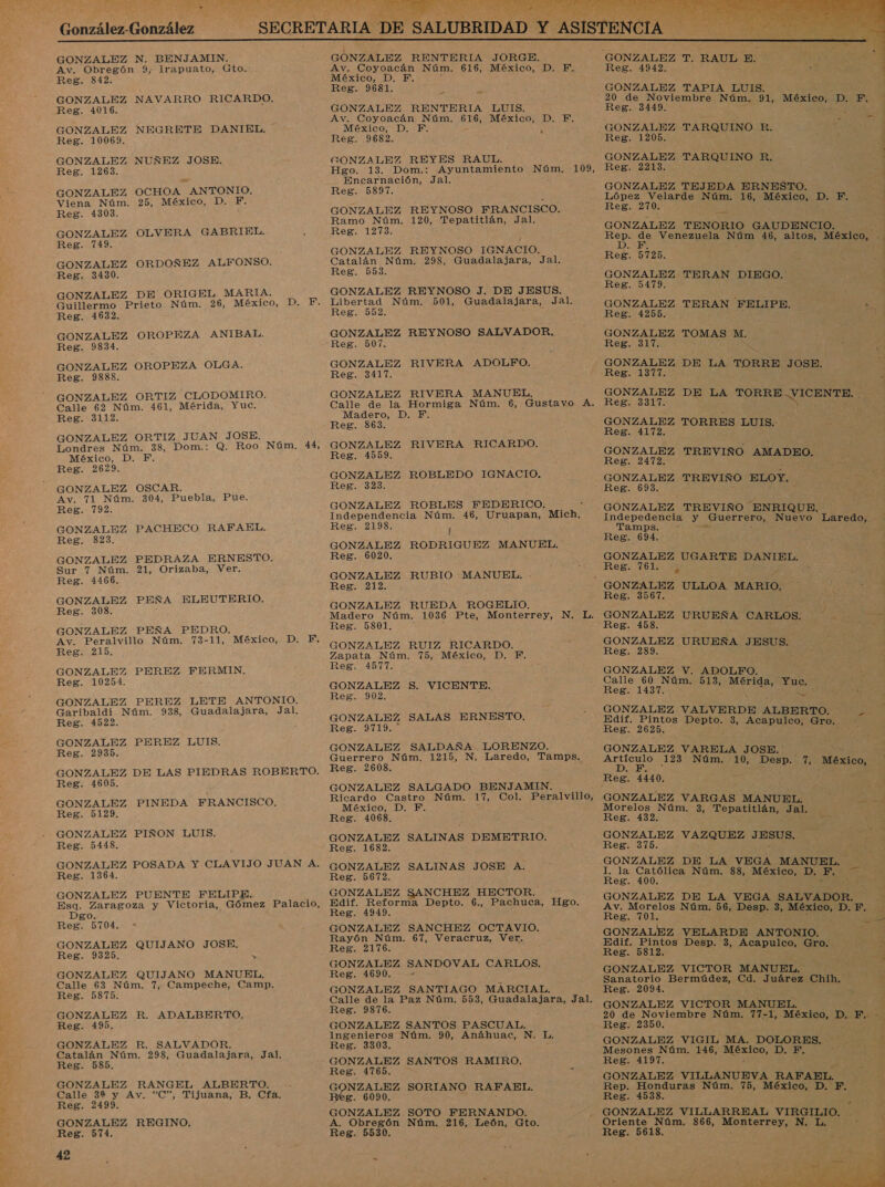A GONZALEZ DE ORIGEL MARIA. GONZALEZ ORTIZ CLODOMIRO Londres Núm. 38, Dom.: Q. Roo Núm. 44, México, D. F. GONZALEZ OSCAR. GONZALEZ PEDRAZA ERNESTO. GONZALEZ PEÑA PEDRO. Av. Peralvillo Núm. 73-11, GONZALEZ PEREZ iaa E GONZALEZ PEREZ LETE ANTONIO. Garibaldi Núm. 938, Guadalajara, Jal. GONZALEZ PINEDA FRANCISCO. GONZALEZ PUENTE FELIPE. GONZALEZ QUIJANO MANUEL. GONZALEZ R. ADALBERTO, GONZALEZ R. SALVADOR. Catalán Núm. 298, Guadalajara, Jal. GONZALEZ RANGEL ALBERTO. Calle 32 y Av. *“C”, Tijuana, B. Cfa. Reg. 2499. GONZALEZ REGINO. 42 Encarnación, Jal. GONZALEZ REYNOSO IGNACIO. GONZALEZ REYNOSO J. DE JESUS. GONZALEZ REYNOSO SALVADOR. Calle de la Hormiga Núm. 6, Gustavo A. Madero, D. PF. GONZALEZ ROBLES FEDERICO. GONZALEZ RUBIO MANUEL. . GONZALEZ RUEDA ROGELIO. GONZALEZ $S. VICENTE. Reg. 9719.” Guerrero Núm. 1215, N. a Tamps. GONZALEZ SALGADO BENJAMIN. Ricardo Castro Núm. 17, Col. Peralvillo, México, D. F. ; GONZALEZ SALINAS DEMETRIO. GONZALEZ SALINAS JOSE A. GONZALEZ SANCHEZ HECTOR. Edif. Reforma Depto. 6., Pachuca, Hgo. Reg. 2176. Reg. 4690. . GONZALEZ SANTIAGO MARCIAL. Calle de la Paz Núm. 553, Guadalajara, Jal. Ingenieros Núm. 90, Anáhuac, N. L. Reg. 3303. GONZALEZ SANTOS RAMIRO. Reg. 4765. e GONZALEZ SORIANO RAFAEL, g. 6090. GONZALEZ SOTO FERNANDO. A. Obregón Núm. 216, León, Gto.   ba &gt; Venezuela Núm 46, altos, México, .. Reg. 3317. CA &gt; Indepedencia y _Suerrero, Nuevo Laredo, GONZALEZ URUEÑA JESUS. GONZALEZ V. ADOLFO. Calle 60 Núm. 513, cea Yuc. Reg. 1437. ES GONZALEZ VALVERDE ALBERTO. a. ad 123 Núm. 10, Desp. 5 México, GONZALEZ VARGAS MANUEL. : Er. Morelos Núm. 3, Tepatitlán, Jal. ; GONZALEZ VAZQUEZ JESUB, GONZALEZ DE LA VEGA MANUEL. I. la Católica Núm. 88, México, D. F. Reg. 400. E Y GONZALEZ DE LA VEGA SALVADOR. de Av. Morelos Núm. 56, Desp. 3, México, DP Reg. 701. e. GONZALEZ VELARDE ANTONIO. y Reg. 5812. A GONZALEZ VICTOR MANUEL. Sanatorio Bermúdez, Cd. Juárez Chih. Reg. 2094. GONZALEZ VICTOR MANUEL. 20 de Noviembre Núm. 77-1, México, D, F. - GONZALEZ VIGIL MA. DOLORES. Mesones Núm. 146, OS DER i 53 Reg. 4197. o GONZALEZ VILLANUEVA RAFAEL. : Rep. Honduras Núm. 75, México, D. F. Reg. 4538. GONZALEZ VILLARREAL A Oriente Núm. 866, Monterrey, N. L. 