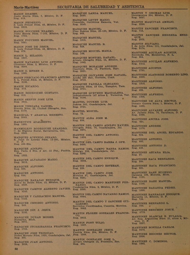  Marín-Martínez Justo Sierra Núm. 7, México, D. PF. MARIN FEDERICO. S. Luis Potosí Núm. 48, México, D. F. MARIN FOUCHER ERASMO. Justo Sierra Núm. 7-103, México, D. F. MARIN FOUCHER MANUEL. MARIN JOSE DE JESUS. S. Luis Potosí=Núm. 48, México, D. EF. MARIN L. HILARIO. MARIN NAVARRO LUIS ANTONIO. Guerrero Núm. 2, México, D. F. MARIN O. EFREN R. MARIN PRECIADO FRANCISCO ARTURO. S. L, Potosí Núm. 48, México, D. F. MARIN RICARDO. MARIN SERVIN JOSE LUIS, Reg. 3641. MARIN VERGARA DANIEL. Sonora Núm. 22, Ciudad Obregón, Son. MARISCAL Y ABASCAL ERNESTO. Reg. 3043. Q MARKOVICS ADALBERTO. Reg. 1095. MARMOLEJO RODRIGUEZ LEANDRO. C. de Higiene Rural, Salvatierra, Gto. Reg. 4343. MARQUEZ ACEVEDO JENARO. S. a de Letrán Núm. 13- 301, México, Reg. 496-Bis. MARQUEZ ADOLFO. Pue. Reg. 1322. MARQUEZ ALVARADO MARIO. Reg. 3812. MARQUEZ ALFONSO. Reg. 889. MARQUEZ ANTONIO. Reg. 644, Puebla, MARQUEZ BARAJAS ENRIQUE. Arcos de Belén Núm. 13, México, D, F. MARQUEZ CAMPOS ALBERTO JAVIER. Reg. 4242. MARQUEZ Y CARRACEDO MANUEL. Reg. 5122. MARQUEZ CENOBIO ANTONIO. Reg. 249. MARQUEZ DIP. J. JESUS. Reg. 3195. MARQUEZ DURAN MOISES. Numarán, Mich, Reg. 9975. MARQUEZ ITURRIBARRIA FRANCISCO. Reg. 1729. MARQUEZ JOSE TRINIDAD. Pedro Moreno Núm, 1025, Guadalajara, Jal. Reg. 305. MARQUEZ JUAN ANTONIO. Reg. 2026, 60 das Y ai Ea MARQUEZ LANDA MANUEL, ó Reg. 3560. MARQUEZ LEVET MARIO. Conocido, Gutiérrez it Ver. Reg. 9548. MARQUEZ MANUEL. Pino Suárez Núm, 29-130, México, D. F. Reg. 909. MARQUEZ MANUEL. Reg. 1015. MARQUEZ MANUEL B. Reg. 828. Reg. 108. Alvaro Obregón Núm. 54, México, D. F. Reg. 1642. Guerrero Núm. 17, Pachuca, Hgo. Reg. 2621. MARQUEZ OLIVARES JOSE RAFAEL. Acuña 225 Sur, As Coah. Reg. 4710. MARQUEZ PADILLA OLEGARIO. Altamira Núm. 18 Ote., Tampico, Tam. Reg. 9106. : e MARTEL DUCKER LUIS. Juárez 501, Guadalajara, Jal. Reg. 3721. Reg. 72. MARTIN ALBA JOSE M. Reg. 698. MARTIN DEL CAMPO ADOLFO XAVIER. Obregón Núm. 70, Guadalajara, Jal. Reg. 9371, MARTIN DEL CAMPO ANTONIO. Reg. 1434. e pc MARTIN DEL CAMPO BARBA J. GPE. Reg. 3488. MARTIN DEL CAMPO BARBA RAMON. Reg. 5292. MARTIN DEL CAMPO ENRIQUE. Reg. 3532. MARTIN DEL CAMPO ESTEBAN, Reg. 339. MARTIN DEL CAMPO JOSE. Morelos 87, occ Jal. Reg. 9231. MARTIN DEL CAMPO MARTINEZ FER- Candelarita Núm. 8, México, D. F. Reg. 3393. MARTIN DEL CAMPO NAVARRO RAMON. Reg. 6084, MARTIN DEL CAMPO Y SANCHEZ GUI- LLERMO. Servicios Coordinados, Cuautla, Morelos. Reg. 9082. a MARTIN FLORES GONZALEZ FRANCIS- Reg. 3913. MARTIN FONT TULIO. Reg. 1567. MARTIN GONZALEZ JESUS. Puebla Núm. 264, México, D., F. Reg. 1566. MARTIN GONZALEZ JOSE L. Alvaro Obregón 13, Fresnillo, Zac, Reg, 404,   MARTIN Y GROMAS LUIS. Insurgentes 254, México, D. F. Reg. 4697. MARTIN MAQUIVAR AMELIJO, Reg. 2380. MARTIN SANCHEZ FRANCISCO. Reg. 2875. MARTIN SILVIANO, 8 de julio Núm. 111, Guadalajara, Jal. Reg. 3174. MARTINEZ AGUILAR AGUSTIN. Escobedo 704, Monterrey, N. L. Reg. 954. MARTINEZ AGUILAR ALFREDO, Reg. 5412. MARTINEZ AGUSTIN. Reg. 1735. Ñ MARTINEZ AS ROBERTO LINO. Reg. 2339. MARTINEZ ALFONSO. = Reg. 1318. MARTINEZ ALFONSO. Reg. 439. MARTINEZ ALFREDO, Reg. 1354. MARTINEZ DE ALVA HECTOR. Donato Guerra Núm. 1, México, D. F. Reg. 4465. MARTINEZ ALVAREZ ALFONSO. Av. Jalisco Núm. 76, Tacubaya, D. F. Reg. 5989. MARTINEZ ANCIRA JOSE. Reg. 631. 7 Reg. 1170. MARTINEZ DEL ANGEL EDUARDO. Reg. 624. . MARTINEZ ANTONIO. Reg. 607. MARTINEZ ANTONIO D. Reg. 446... eS da o Reg. 27. MARTINEZ BACA BERNARDO. Reg. 380. MARTINEZ BACA FRANCISCO. Reg. 381. MARTINEZ BAEZ EUGENIO. Galeana 196, id Mich. Reg. 1131, MARTINEZ BAEZ MANUEL. Reg. 1108. MARTINEZ BARANDA PEDRO. Reg. 1095. 7 MARTINEZ BARRAGAN ENRIQUE. Marsella 14, México, D. F. Reg. 724. MARTINEZ BERNARDO L. Reg. 343. MARTINEZ BERUMEN JOSUE. Reg. 4778. MARTINEZ BLANCAS B EULALIA. Av. Rep. Argentina Núm. 21, añas 4, bé xico, DE Reg. 3337. 5 MARTINEZ BONILLA CARLOS. Reg, 9478. MARTINEZ BRIONES HECTOR. Lo Reg. 3936. MARTINEZ C, DOMINGO, A : Reg. 1883, 0