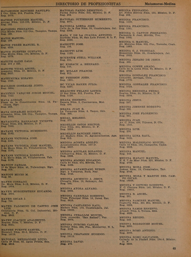   MATAMOROS SANCHEZ RANULFO. 3 Ote. Núm. 214, Puebla, Pue, .- Reg. .5078. ' MATEOS FOURNIER MANUEL. Atoyac Núm. 110-103, México, D. F. Reg. 182. MATIENZO FERNANDO. Díaz Mirón Núm. 512 Ote., Tampico, Tamps. Reg. 129. MATOS MANUEL: Reg. 199, MATOS PEREZ MANUEL R. Reg. 4234. MATUS FUENTES GUSTAVO. Díaz Mirón Núm. 164, México, D. F, Reg. 5578. MATUTE SAINZ GALO. Reg. 204 y 325. MATUTE VIDAL ANGEL. 4 Acapulco Núm. 97, México, D. F. Reg. 3027. MATZUKUMA HIZAWO. Reg. 1020. 'MAULEON PONTAL-ES JUSTO. Reg.- O MAXEMIN VAZQUEZ JORGE MIGUEL. Reg. 7022. MAYA ADRIAN. Plaza de la on Núm. 12, Pa- chuca, Hgo. Reg: 288. MAYA GONAZLEZ RODOLFO. Altamira Núm. 506. Ote., Tampico, Tamps. Reg. 9392. MAYAGOITIA BARRAGAN VICENTE. Chopo Núm. 272, México, D. F. Reg. 7052. MAYANS VICTORIA HUMBERTO. Reg. 2162. MAYANS VICTORIA JOSB. Reg. 4491. MAYANS VICTORIA JOSE MANUEL. 5 de Mayo Núm. 31, Villahermosa, Tab. Reg. 2165, “MAYANS VICTORIA RODOLFO. -B de Mavo Núm. 26, OF MOaS, Tab. Reg. 5178, MAYCOT CARLOS. 19 de Mayo Núm. 45, Tulancingo, Hgo. Reg. 978. MAYCOT MUCIO M. Reg. 80. MAYER CONRADO. Dr. Mora Núm. 9- 12, México, D. F. Reg. 1054, k ; MAYER ii cl EDUARDO. Reg. 3694. MAYER OSCAR J. Reg. 796. o PALOMINO DE CASTRO JOSE Constancia Núm. 72, Col. Industrial, Mé- xico. D. Res. 2842. -MAYET JOACHIN ADALBERTO. Regina Núm. 7, México, D. F. Reg. 3531. “MAYNEZ PUENTE SAMUEL. —Bucareli Núm. 38-3, México, D. FEF. Reg. 10115.  ISA MAYORAL PARDO DEMETRIO. Palma Norte 0 315, México, D. F. Reg. 302, MAYORAL GUTIERREZ HUMBERTO. MAYORGA LOERA JOSE. Reg. 5363. MAZA Y DE LA CUADRA ANTONIO. Reg. 2233. MAZZOTTI JOSE. Reg. 198. MAZZOTTI LUIS. Reg. 1123. MCKENZIN e el WILLIAM. Reg. 551. MC KISSACK A. BERNARD. MC. MILLAN FRANCIS. Reg. 911. MC PHERSON JOHN. Reg. 1801. MC VICAR BAKER JULIA. Reg. 5237. MEADOWS FELAND LOCIUS. 15 Sur Núm. 312, Puebla, Pue. Reg. 5120. MEANA ERNESTO. Zapata Núm. 8, Cuernavaca, Mor. Reg. 499. MEANA JUAN B. La Veracruz Núm. 8, Taxco, Gre e Reg. 905. MEDAL MELESIO. Reg. 373. E Pino Núm. 254, México, D. F. Reg. 2392. MEDELLIN SANCHEZ JESUS. Reg. 452. MEDINA ACOSTA ADOLFO. Ayuntamiento Núm. 157-D. Reg. 9637. Chihuahua Núm. 18, México, D. F, Reg. 5806. MEDINA ALONSO EDGARDO. Calle 64 Núm. 474, Mérida, Yuc. Reg. 5485. MEDINA ALTAMIRANO RUBEN., Hgo. y Veracruz, Ruiz, Nay. Reg. 5745. MEDINA ASCENCIO J. JESUS. Obregón Núm. 18, Sahuayo, Jal. Reg. 505. MEDINA AYORA ALVARO. Reg. 3998. MEDINA CARRILLO ROBERTO. Plaza Principal Núm. 10, Jerez, Zac. Reg. 5615, MEDINA CASTAÑEDO RAUL. Madero Núm. 173, Guadalajara, Jal. Reg. 10030. MEDINA CEBALLOS MIGUEL. Dom. conocido. “San Rafael”, Ver. Reg. 5074. mí MEDINA CURCHO CARLOS. Bolívar Núm. 284, Pte., Monterrey, N. L. Reg. dE MEDINA CHAVARIN EUGENIO. MEDINA DAVID. Reg. 470. Matamoros-Medina | MEDINA FERNANDO. Av. Niños Héroes Núm. 155, México, D. F. Reg. 868. MEDINA FRANCISCO. Reg. 1130. MEDINA FRANCISCO. Reg. 1361. MEDINA G. CANTON FERNANDO. Farmacia S. José, Mérida, Yuc. Reg. 1892, MEDINA G. MANUEL. Av. Morelos Núm. 622, Pte., Torreón, Coah. Reg. 1063. MEDINA G. J. TRINIDAD. Mezquitán Núm. 65, Guadalajara, Jal. Reg. 2932. MEDINA JENARO DE JESUS. Reg. 465. MEDINA GOMEZ AMADO. Calle de la Luna Núm. 68, México, D. F. Reg. 2720. MEDINA GONZALEZ FRANCISCO. Conocido. Arriaga, Chis. Reg. 1776. MEDINA GONZALEZ FRANCISCO. Reg. 5724. MEDINA HERRERA PEDRO. Regina Núm. 24, México, D. F, Reg. 3398. MEDINA JESUS. ss Reg. 387. MEDINA JIMENEZ ROBERTO. Regí 382. MEDINA JOSE FLORENCIO. Reg. 651. MEDINA JUAN. Av. C. Núm. 400, Tijuana, B. Cía. Reg. 1315. MEDINA LUIS. Reg. 276. MEDINA LUNA RAUL. Reg. 9431. MEDINA MALDONADO MIGUEL. Calle 12 Núm. 181, Campeche, Camp. Reg. 9632. MEDINA MANUEL. Reg. 340. MEDINA MAZARI MANUEL. F. S. T de Mier Núm. 323, México, D. FE. Reg. 3780. MEDINA MORA JOSE. Juárez Núm. 19, Comalcalco, Tab. Reg. 2748. MEDINA MORA Y MARTIN DEL CAM- PO OSCAR. Reg. 10338. MEDINA Y ORTUÑO ROBERTO. F.C. Cintura Núm. 141, México, D. F'. Reg. 10015. MEDINA R. ANGEL, Reg. 231. MEDINA RAMIREZ MANUEL. Coahuila Núm. 201 Bis, México, D. F. Reg. 5266. MEDINA RAMOS ERNESTO. Allende Núm. 5, Toluca, Méx. Reg. 1829. MEDINA REGINO. Reg. 449. MEDINA RODRIGUEZ MIGUEL. Reg. 9291. MEDINA ROMO ANTONIO. Reg. 3399. MEDINA ROMO SALVADOR. Cada de la Piedad Núm. 194-8, México, Reg. 3569.