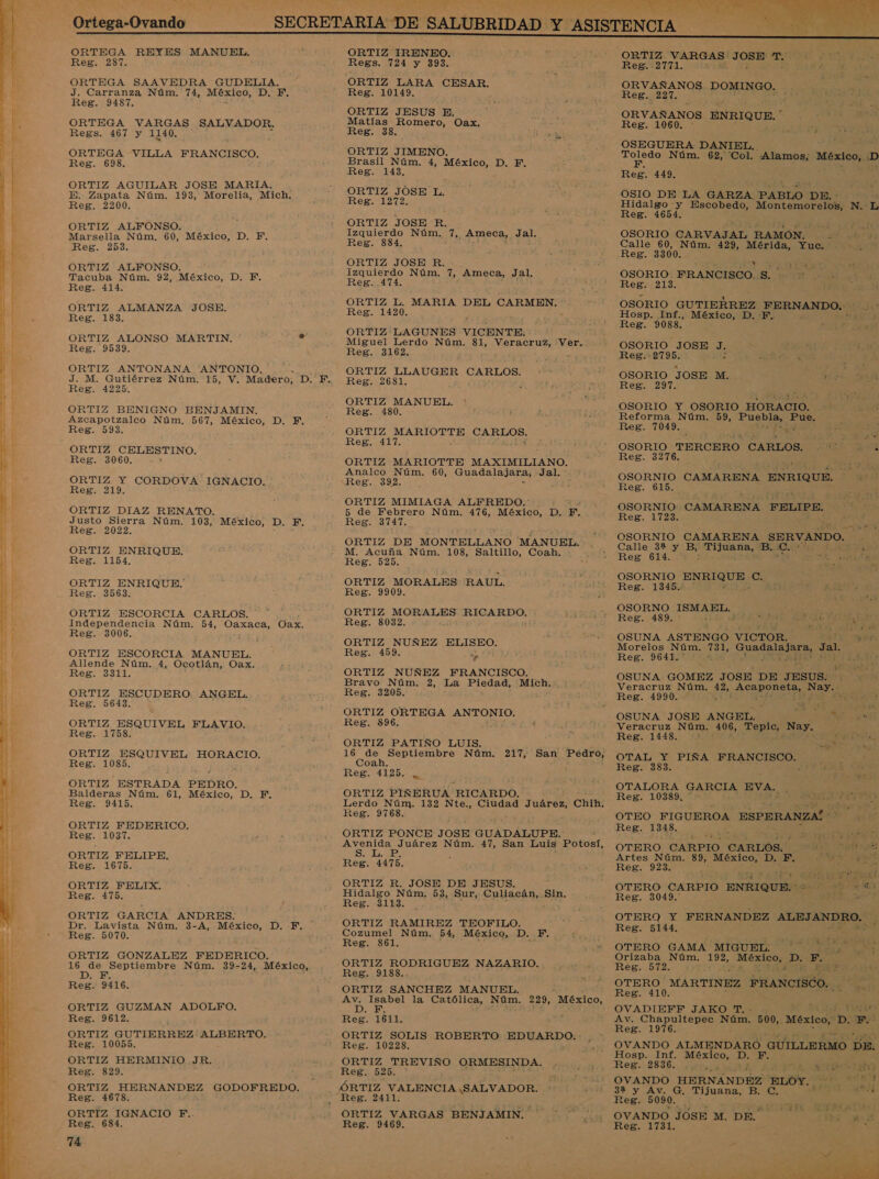  OntegarOvando ORTEGA REYES MANUEL. ORTEGA SAAVEDRA GUDELIJA. ORTEGA VARGAS SALVADOR. ORTEGA VILLA FRANCISCO. ORTIZ AGUILAR JOSE MARIA. E. Zapata Núm. 193, Morelia, Mich. ORTIZ ALFONSO. ORTIZ ALFONSO. ORTIZ ALMANZA JOSE. ORTIZ ALONSO MARTIN. q ORTIZ ANTONANA 'ANTONIO. J. M. Gutiérrez Núm. 15, V. Madero, DE ORTIZ BENIGNO BENJAMIN. Azcapotzalco Núm. 567, México, D. F. ORTIZ CELESTINO. ORTIZ Y CORDOVA IGNACIO. ORTIZ DIAZ RENATO. Justo Sierra Núm. 103, México, D. F. ORTIZ ENRIQUE. ORTIZ ENRIQUE. ORTIZ ESCORCIA CARLOS. Independencia Núm. 54, Oaxaca, Oax. Reg. 3006. z ORTIZ ESCORCIA MANUEL. Allende Núm. 4, Ocotlán, Oax. Hess il. ORTIZ ESCUDERO ANGEL. Reg. 5643. ORTIZ ESQUIVEL FLAVIO. Reg. 1758. ORTIZ ESQUIVEL HORACIO, Reg. 1085. ORTIZ ESTRADA PEDRO. Balderas Núm. 61, México, D. F. Reg. 9415. ORTIZ FEDERICO. Eee. LOST: ORTIZ FELIPE. Reg. 1675. ORTIZ FELIX. Reg. 475. ORTIZ GARCIA ANDRES. Dr. Lavista Núm. 3-A, México, D. F. Reg. 5070. ORTIZ GONZALEZ FEDERICO. 16 de Septiembre Núm. 39-24, México, DIE, Reg. 9416. ORTIZ GUZMAN ADOLFO. Reg. 9612. ORTIZ GUTIERREZ ALBERTO. Reg. 10055. ORTIZ HERMINIO JR. Reg. 829. ORTIZ HERNANDEZ GODOFREDO. Reg. 4678. ORTIZ IGNACIO F.. Reg. 684. 74 ORTIZ IRENEO. ORTIZ LARA CESAR. ORTIZ JESUS E. Matías Romero, Oax. j ORTIZ JIMENO. Reg. 143. ORTIZ JOSE L. Reg. 1272. ORTIZ JOSE R. Reg. 884, ORTIZ JOSE R. Reg..474. ORTIZ L. MARIA DEL CARMEN. Reg. 1420. ORTIZ LAGUNES VICENTE, ] Miguel Lerdo Núm. 81, Veracruz, in Reg. 3162. ORTIZ LLAUGER CARLOS. Reg. 2681. ORTIZ MANUEL. Reg. 480. ORTIZ A CARLOS. Reg. 417. ORTIZ MARIOTTE MAXIMILIANO. Analco Núm. 60, Guadalaiaras Jal. Reg. 392. : ORTIZ MIMIAGA ALFREDO. ; 5 de Febrero Núm. 476, México, D. F. Reg. 3747. ORTIZ DE MONTELLANO MANUEL. M. Acuña Núm. 108, Saltillo, Coah. ORTIZ MORALES ORTIZ MORALES par Reg. 8032. ORTIZ NUÑEZ ELISEO. Reg. 459. &gt; ORTIZ NUÑEZ FRANCISCO. Bravo Núm. 2, La Piedad, Mich. Reg. 3205. ORTIZ ORTEGA ANTONIO. Reg. 896. id ORTIZ PATIÑO LUIS. 16 de Septiembre Núm. 217, San Pedro, Coah. Reg. 4125. ORTIZ PIÑERUA RICARDO. Lerdo Núm. 132 Nte., Ciudad Juárez, Chih. Reg. 9768. ORTIZ PONCE JOSE GUADALUPE. Avenida Juárez Núm. 47, San Luis Potosí, 55 Epa Reg. 4475. ORTIZ R. JOSE DE JESUS. Hidalgo Núm. 53, Sur, Eullacóno. Sin. Reg. 3113. , ORTIZ RAMIREZ TEOFILO. Cozumel Núm. 54, México, D. ¿E Reg. 861. ORTIZ RODRIGUEZ NAZARIO. Reg. 9188..- ORTIZ SANCHEZ MANUEL. mA Isabel la Católica, Bn. 229, México. F. Reg. 1611. ORTIZ SOLIS ROBERTO EDUARDO. , Reg. 10228. ORTIZ TREVIÑO ORMESINDA. Reg. 525. RAUL. Reg. 2411. ORTIZ VARGAS BENJAMIN: Reg. 9469.   ORTIZ. ÓN Pe eS Reg. 2771. ORVAÑANOS DOMINGO. Ai ps ORVASANOS EN NRIQUE. * Reg. OSEGUBRA DANIEL, Teo Núm. 62, Col. Alamos, México, to Reg. 449. OSIO DE LA GARZA. PABLO DE.- Hidalgo :y Escobedo, Montemorelos, N. L Reg. 4654. OSORIO CARVAJAL RAMÓN. Reg. 3300. 4» Y OSORIO FRANCISCO. $. Reg. 213. Hosp. Inf., México, D. F. Reg. 9088. OSORIO JOSE E Reg.-2795. e OSORIO JOSE M. SA OSORIO. Y OSORIO IIA Reforma Núm. 59, Puebla, Pue. Reg. 7049. | PE OSORIO TERCERO CARLOS. 4 Reg. 3276. , OSORNIO CAMARENA ENRIQUE Reg. 615. OSORNIO Reg. 1723. CSORNIO CAMARENA SERVANDO. Calle 32 y B, io B.C.: CAMARENA FELIPE. OSORNIO o a :l Reg. 1345.. 1% ASE OSORNO ISMAEL. de E Reg. 489. . “147 AMALIA, OSUNA ASTENGO VICTOR. 22 Morelos Núm. 731, ad Jal Reg. 9641. ; OSUNA GOMEZ JOSE DE JESUS: Veracruz non 42, Ao Na Reg. 4990. É 1 o OSUNA JOSE ANGEL, AS a Veracruz Núm. 406, A Nas Reg. 1448. &gt; a a OTAL Y PIÑA FRANCISCO. Reg. 383. OTALORA GARCIA EVA. TAS Reg. 10389, OS OTEO FIGUEROA ESPERANZA! LP Res. 1348. OTERO CARPIO CARLOS, ÚY iioR Artes Núm. 89, México, D. FE. PRE $ Reg. 923. OTERO CARPIO ENRIQUE. Reg. 3049.' 492%... OTERO Y FERNANDEZ e Reg. 5144, OTERO GAMA MIGUEL. id Ns Orizaba, Núm. 192, México, D. PS Reg. 572. pr OTERO MARTINEZ FRANCISCO. Reg. 410. OVADIEFF JAKO T. AS Av, Chapultepec Núm. 500, Mexica? p. E Reg. 1976. E OVANDO ALMENDARO . GUILLERMO DE. Hosp. Inf. MAS HES, y Reg. 2836. .. 6 22 APRO OVANDO HERNANDEZ ELOY. Li jo 32 y Av. G. Tijuana, BG : 139. Reg. 5090. ALIAS OVANDO JOSE M. DE. 2 NR A Reg. 1731. - Ñ 54 