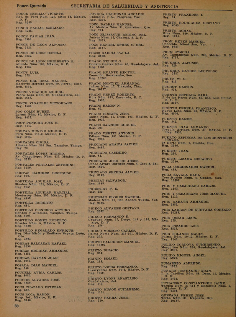 Ponce-Quezada -   PONCE CEDILLO VICENTE. Rep. de Perú Núm. 129, altos 14, México, D. F. Reg. 5265. PONCE FARIAS EMILIANO. Reg. 4725. PONCE FARIAS JUAN. Reg. 9959. PONCE DE HOR ALFONSO. Reg. 2121. PONCE DE LEON ESTELA. Reg. 9837. PONCE DE LEON HERIBERTO R. Allende Núm. 108, México, D. F. Reg. 1967. PONCE LUIS. Reg. 378. PONCE DEL REAL MANUEL. Maclovio Herrera Núm. 89, Parral, Chih. Reg. 4501. PONCE VIDAURRI MIGUEL. Pedro Loza Núm. 28, Guadalajara, Jal. Reg. 1668. PONCE VIDAURRI VICTORIANO. Reg. 1502. POO COLIN RUBEN. Lerma Núm. 60, México, DE. Reg. 4437. POOT PENICHE JOSE M. Reg. 5147. PORTAL MUNIVE MIGUEL. Perú Núm. 115-3, México, D. F. Reg. 4095. PORTALES CIRINA. Aduana Núm. 309 Sur, mabibica: in Reg. 70. PORTALES LOPEZ HIGINIO. Av. Chapultepec Núm. 437, México, D. F. Reg. 2573. PORTALES PORTALES ZEFERINO. Reg. 5350. PORTAS RAMIREZ LEOPOLDO. Reg. 939. - - PORTILLA AGUILAR JOSE. Sinaloa Núm. 131, México, D. F. Reg. 2851. PORTILLA AGUILAR MARCIAL. Monterrey Núm. 255, México, D. F. Reg. 4453. PORTILLA ROBERTO. Reg. 680. PORTILLO CISNEROS ARTURO. Rendón y Altamira, Tampico, Tamps. Reg. 14604. PORTILLO GOMEZ ROBERTO. Rosales Núm. 5, o AE Reg. 1932. PORTILLO REGALADO ENRIQUE. Esa. Díaz Mirón y Emiliano Zapata, León, Gto. Reg. 4324. PORRAS BALCAZAR RAFAEL. Reg. 9990. 4 PORRAS MOLINAR ARMANDO. Reg, 4451. PORRAZ GAYTAN JUAN. Reg. 1015. POSADA DIAZ MANUEL. Reg. 646. POUCELL AVIÑA CARLOS. Reg. 8080. POUCHE ALVAREZ JOSE. Reg. 4850. POUS CHAZARO ESTEBAN. Reg. 500. POUS ROCA RAMON. Hosp. Inf., México, D. F. Reg. 2146. y TE ; So POZO BALBAS MANUEL. Av. Madero Núm. 91, REESE: Qro. Reg. 724. POZO ELISSAGUE REGINO DEL. Juárez Núm. 13, Charcas, S. L. P. Reg. 2879. POZO RANGEL EFREN C. DEL. Reg. 3547. POZOS GARCIA PAULA. Reg. 3662. PRADO FELIPE G. Donato Guerra Núm. 60, Guadalajara, Jal. Reg. 1961. y PRADO HUANTE HECTOR. Conocido. Bocabambo, Son. Reg. 10265. PRADO MONTIEL ARMANDO. Juárez Núm. 17, Tlaxcala, Tlax. Reg. 10177. PRADO PEREZ ROBERTO. Ruiz Núm. 873, Ensenada, B. C. Reg. 5930. * PRADO RAMON N. Reg. 65. PRADO ROMAÑA JOSE. Gante Núm. 11, Desp. 105, México, D. 5d Reg. 1033. PRADO SALCEDO MIGUEL. PRADO VERTIZ ANTONIO. Edison Núm. 101, México, D. F. Reg. 2286. PRECIADO ARAIZA JAVIER. Reg. 4442. PRECIADO CASIMIRO. Reg. 61. PRECIADO JOSE DE JESUS. Cons.: Alvaro Obregón Núm. 4, Cocula, Jal. Reg. 1826. PRECIADO ZEPEDA JAVIER. Reg. 3142. PRECIAT SALVADOR. Reg. 1845. PRESTLEY F. E. Reg. 282. PRETELIN FLORES MANUEL. Madero Núm. 21, San Andrés Tuxtla, Ver. Reg. 2436. PRIEGO ALVAREZ GUSTAVO. Reg. 2962. * PRIEGO FERNANDO E. Uruguay Núm. 37, Desps. 109 y 110, Mé- xico, D. F Reg. 134. PRIEGO MOSCOSO CARLOS. Palma Norte Núm. 315-101, México, D. Y. Reg. 203. PRIETO CALDERON MANUEL. Reg. 10097. a PRIETO IGNACIO. Reg. 304. PRIETO ISMAEL. Reg. 118. PRIETO LOPEZ FERNANDO. Insurgentes Núm. 56-3, México, D. F. Reg. 7069. PRIETO LYONS ANASTASIO. Guadalajara, Jal. Reg. 614. PRIETO MUÑOZ GUILLERMO. Reg. 1101. PRIETO PARRA JOSE. Reg. 210. PTA PRAXEDES 1. Reg. 24. A GUSTAVO. PRIETO ROMAN. Mina Núm. 140, México, D., F. Reg. 1014. PROM REYES MANUEL. Conocido, Minatitlán, Ver. N Reg. 9687. PRUM SYMCHA. Av. Tamaulipas Núm. 206, SEA D. F, Reg. 4797. j PRUNEDA ALFONSO. Reg. 620. Reg. 2787. PRUYN W. G. PUCHOT GASTON. Reg. 824. PUENTE ESTRADA SARA. : J. a Reyes Núm. 60, San Luis Potosí, Reg. 3397. Y PUENTE PEREDA FRANCISCO. -: Nuevo León Núm. 56, México, D. F. Reg. 4906. E PUENTE RAMON. Reg. 842. PUENTE DIAZ ARMANDO. Joaquín Arriaga Núm. 37, OS p. F. Reg. 3935. E ESPINOSA DE LOS MONTEROS. 3% Norte: Núm. 1, Puebla, Pue. Reg. 3996. PUERTO JUAN. Reg. 230. Reg E o COLMENARES lr! Reg. ) E ER PUGA ZAVALA RAUL. E Md” Constitución Núm. , Oaxaca, Oax. Reg. 10358. PUIG Y CASAURANC CARLOS. Reg. 1163. PUIG Y CASAURANC JOSE MANUEL. Reg. 1110. PUIG GARATE ARMANDO. so Reg. 5886. z : PUIG LADRON DE GUEVARA GONZALO. Reg. 10239. PUIG OSCAR LEON. 275. Reg. : PUIG PIZARRO LUIS. Y Reg. 3835. y pa 1 PUIG SOLANES MAGIN. Palma Núm. 10-12, MES D. F. Reg. 1140. PULIDO CORDOVA GUMERSINDO. Mezquitán Núm. can o Pa Reg. 3901. si PULIDO MIGUEL ANGEL. Reg. 5279. PUMAREJO ALEDO: Res. 1332. PUNARO RONDANINI' ADAN. ina Catonios Núm. 86, Desp. 15, México, 4 D. Reg. B152. PUTIANSKY CONSTANTINER JAIME. Tacuba Núm. 37-414 y Motolinia Núm. 5, México, D. F. Reg. 9473. QUEZADA PEREZ JOSE. Terán Núm. 31, Irapuato, Gto. Reg. 10187. 