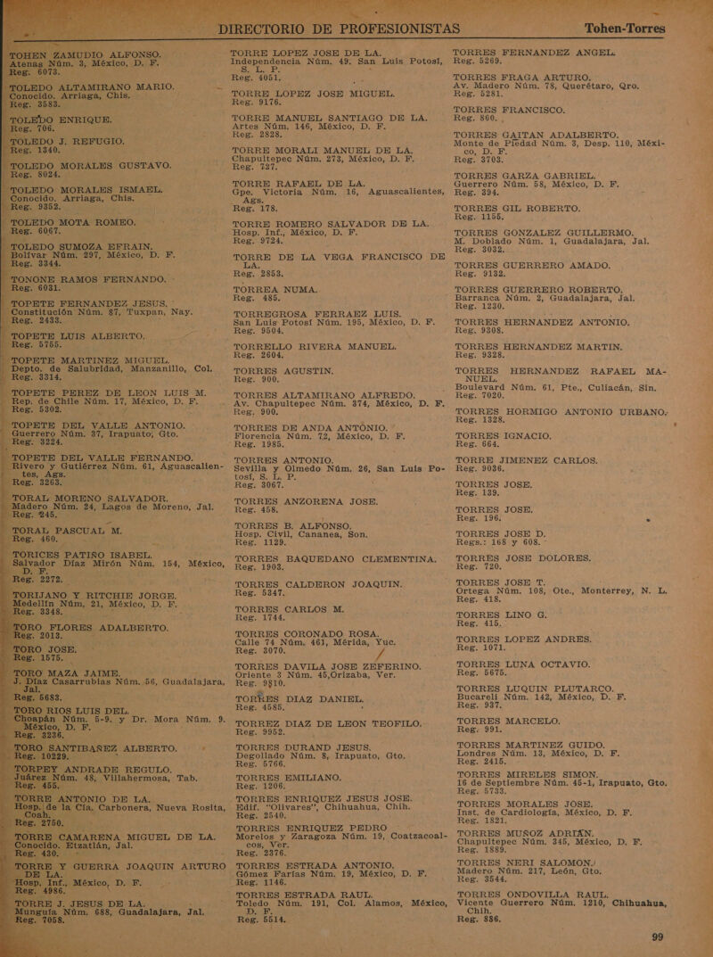                      EDO ALTAMIRANO MARIO. 3583. ono» MOTA ROMBO. OLEDO SUMOZA EFRAIN. 'ONONE RAMOS FERNANDO. - Constitución Núm. 81, Tuxpan, Nay. —TOPETE LUIS ALBERTO. ADE 27 -TTOPETE PEREZ DE LEON LUIS M. —TOPETE DEL VALLE ANTONIO. uerrero Núm. 37, Irapuato, Gto. OPETE DEL VALLE FERNANDO.  tes, Ags. ORAL MORENO SALVADOR. sadero No 24, Lagos de Moreno, Jal. 8 RAL PASCUAL M. IAS ía ICES PATIÑO ISABEL, . 2272. RIJANO. Y RITCHIE JORGE. IO 21, México, | D..F. .:  RIOS LUIS DEL. Y o REGULO. Tám. 48, Villahermosa, Tab. | [ANTONIO DE LA.  TORRES FERNANDEZ ANGEL. TORRES FRAGA ARTURO. Av. Madero Núm. 78, Querétaro, Qro. TORRES FRANCISCO. TORRES GAITAN ADALBERTO. Monte de Piedad Núm. 3, Desp. 110, Méxi- SONADIB TORRES GARZA GABRIEL. Guerrero Núm. 58, México, D. F. TORRES GIL ROBERTO. TORRES GUERRERO AMADO. TORRES GUERRERO ROBERTO. TORRES HERNANDEZ MARTIN. Boulevard Núm. 61, Pte., Culiacán, Sin, TORRES IGNACIO. TORRE JIMENEZ CARLOS. TORRES JOSE, ; TORRES JOSE D. Regs.: 168 y 608. - TORRES JOSE DOLORES. TORRES JOSE T. : Ortega Núm. 108, Ote., Monterrey, N. L, TORRES LINO G. TORRES LOPEZ ANDRES. TORRES LUNA OCTAVIO. TORRES LUQUIN PLUTARCO. Bucareli Núm. 142, México, D. F. Reg. 937. TORRES MARCELO, TORRES MARTINEZ GUIDO. Londres Núm. 13, México, D., FE, Reg. 2415. - TORRES MIRELES SIMON, 16 de Septiembre Núm. 45-1, Irapuato, Gto. Reg. 5733. TORRES MORALES JOSE. Inst. de Cardiología, México, D. F. Reg. 1821. TORRES MUÑOZ ADRIAN. Chapultepec Núm. 345, México, D., Fl. Reg. 1889. TORRES NERI SALOMON./ Madero Núm. 217, León, Gto. Reg. 3544, TORRES ONDOVILLA RAUL. Vicente Guerrero Núm. 1210, Chihuahua, Chih. Reg. 886. 
