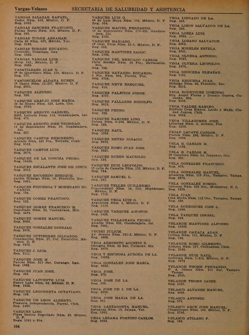 al r did VARGAS SALAZAR RAFAEL. Cedro Núm. 416, México, D. F. Reg. 5552. VARGAS SANCHEZ FRANCISCO. Palma Norte Núm. 413, México, D. F. Reg. 995. VARGAS TORRE ABRAHAM. Calle 66 Núm. 607, Mérida, Yuc. Reg. 3139, VARGAS TORRES EDUARDO, Conocido, Cozalapa, Oax. Reg. 5320. VARGAS VARGAS LUIS. Hosp. Inf., México, D. F, Reg. 3482. VASAVILBASO JUAN N. 62 de Querétaro Núm. 150, México, D. F. Reg. 777. E VASCONCELOS ALDANA RUBEN. . 28 Gante Núm. 15-237, México, D, TF. Reg. 2591. e ra ALFONSO. Reg. 935. VAZQUEZ ARAUJO JOSE MARIA. 20 de Enero Núm. 320, León, Gto. Reg. 9760. VAZQUEZ ARROYO GABRIEL. Reg. 472. VAZQUEZ ARROYO JOSE TRINIDAD. 16 de Septiembre Núm. 59, Guadalajara, Jal. Reg. 227. VAZQUEZ CAMPOS HERIBERTO. Allende Núm. 501 Pte., Torreón, Coan. Reg. 5112. VAZQUEZ CAMPOS LUIS. ReB. 2676. VAZQUEZ DE LA CONCHA PEDRO, Reg, 10439. VAZQUEZ ESCALANTE JOSE DE JESUS. Reg. 2312. VAZQUEZ ESCOBEDO ENRIQUE. Jardín Hidalgo Núm. 10, Fresnillo, Zac. Reg. 5461. VAZQUEZ FIGUEROA Y MODA NO RI- CARDO. Reg. 792. VAZQUEZ GOMEZ FRANCISCO. Reg. 523. VAZQUEZ GOMEZ FRANCISCO :M. Degollado Núm. 24, Cuernavaca, Mor. Reg. 4494. VAZQUEZ GOMEZ MANUEL. Reg. 9050. ia GONZALEZ GONZALO. Reg. 9075. VAZQUEZ GUTIERREZ GILDARDO. Constantino Núm. 27, Col, PES Mé- xico, D. FE, Reg. 5276. VAZQUEZ J. LUIS. Reg. 3111. VAZQUEZ JOSE M. Patone Núm. 317 Sur, Durango, Deo. Reg. 1088. VAZQUEZ JUAN JOSE. Reg. 488. VAZQUEZ LAPUENTE LUIS. Nuevo León Núm. 56, México, D. F. Reg. 3425. VAZQUEZ LEGORRETA OCTAVIANO. Reg. 168. VAZQUEZ DE LEON ALBERTO. Plazuela Independencia, Parral, Chih. Reg. 5497. VAZQUEZ LINO. o Degollado Núm. 28, México, Regs. 1101 y 814. 104 VAZQUEZ LUIS CG. 62 de Luis Moya Núm. SO México, D. F. Reg. 934. VAZQUEZ MACIEL FERNANDO. 16 de Septiembre Núm. 170-320, Guadala- jara, Jal. Reg. 5585. 1% Gral. Prim Núm. 21-1, México, D. F, Reg. 559. VAZQUEZ MARTINEZ SADOC. Re8.. 1795. VAZQUEZ DEL MERCADO CARLOS. O Serdán Núm. 34 Pte,, Her mestilo on. Reg. 792.- VAZQUEZ NAVARRO EDUARDO. 9 Nte. Núm. 604, Puebla, Pue. Reg. 9708. ed NEVE o es 6. VAZQUEZ PALACIOS JORGE. Reg. 4737. e PALLARES RODOLFO. Reg. 9613. a PEDRO. Reg. 323. VAZQUEZ RAMIREZ LINO. Palma Núm. 9-208, México, D, F. Reg. 588, oa RAUL. Reg. 36. Are REYES IGNACIO, Reg. 9673. e ROMO JUAN JOSE. te8. VAZQUEZ RUBEN MAURILIO. Res. 533. VAZQUEZ RUIZ LEOPOLDO. 52 ECT. de Camelia Núm. 123, México, D. EF, Reg VAZQUEZ SAMUEL L. Reg. 287. VAZQUEZ TELLEZ GUILLERMO. Popocatépetl Núm. 16, Col, Hipódromo, México, D. F, Reg. 1719. VAZQUEZ VEGA LUIS G. Reg. 1118, VAZQUEZ VAZQUEZ AGUSTIN. Reg. 3428. VAZQUEZ VILLAGRANA PEDRO. Alcalde Núm. 635, Guadalajara, Jal. Reg. 7061. VECSEI JULIUM. Av. Sonora Núm. 131-2, México, D. F. Reg. 4809. VEGA ARMIENTO AGUSTIN R. Obregón Núm. 23 Sur, Culiacán, Sin. Reg. 4078, VEGA Y ESPINOSA AURORA DE LA, Reg. 10035. VEGA GONZALEZ JOSE MARIA, Reg. 9532. VEGA JOSE. Reg. 272. VEGA JOSE DE LA. Reg. 599. VEGA JOSE DE J. DE LA. Reg. 2299. VEGA JOSE MARIA DE LA, Reg. 861. VEGA LANZAGORTA MANUEL. Zaragoza Núm. 18, Jalapa, Ver. Reg. 5262. VEGA LEZAMA FORTINO CARLOYS. Reg. 9093. VEGA LIBRADO DE LA, Reg. 468. VEGA LIMON SALVADOR DE LA. Res. 240. VEGA LOEZA LUIS. Reg. 3064. :— VEGA LOZANO SALVADOR. Reg. 5253. VEGA net ESTELA. Reg. 9341 VEGA OLVERA ANTONIO. Reg. 9737. VEGA OLVERA LEOPOLDO. Reg. 5979. e VEGA REGUERA ELEAZAR. Reg. 1131. VEGA REGUERA JUAN. S Hidalgo Núm. 46, Fresnillo, Zac. Reg. 2210. VEGA RODRIGUEZ -DOMINGO. Esq. Angel Flores y PR Guerra, Cu- liacán, Sin. Reg. 9348. VEGA VALDEZ RAMIRO. Edificio Cruz Blanca. Lerdo y Mejía, Clu- dad Juárez, Chih. Reg. 5993. VEGA VILLAGOMEZ JOSE. Libertad Núm. 3, Atlixco, Pue. Reg. 4356. VEJAR LACAVE CARLOS. Puebla Núm, 266, México, D. oy Reg. 1900. VELA B. CARLOS M. Reg. 1185. VELA B. CARLOS M. 22 Guerrero Núm. 54, rERuRto Gto. Reg. 621. VELA GONZALEZ FRANCISCO, Reg. 678. VELA GONZALEZ MANUEL. Altamira Núm, 116 Pte., Tampico, Tamps. Reg. 2973. VELA GONZALEZ ROMEO. Galeana Núm. 638 Nte., Monterrey, N, L. . VELA JUAN. Díaz Mirón Núm. 112 Ote., Tampico, Tamps, Reg. 286. VELA RODRIGUEZ JOSE L. Reg. 2166. VELA VAZQUEZ ISMAEL. y $ Reg. 848. ] = VELARDE MARTINEZ ALFONSO. Reg. 10430. VELARDE OAXACA ADAN. Colima Núm. 151, México, D. F. Reg. 748. VELARDE ROMO GILBERTO. Aldama Núm. 107, Ca Chih, Reg. 2546. VELARDE RUIZ RAUL. Reforma Núm. 1-310, México, D. F, Reg. 7079. VELARDE THOME FERNANDO. F. A. Olmos Núm. 215 Sur, 'Tamplec Tamps. Res. 2841. VELARDE THOME JAIME, Reg. 2127. VELASCO ALVAREZ MANUEL, Reg. 4088 VELASCO ANTONIO. Reg. 370. VELASCO ARCE JOSE MANUEL. : Chapultepec Núm. 169, México, D. F. Reg. 2740. ; VELASCO ATILANO F. Reg. 166. A A A    a de A A 4 A EE A TA MIE E NS Le LE AR bs A di? des 