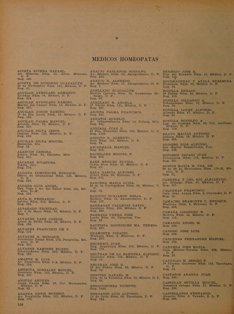 e di pa Y ey y e eN * Y MA CN A A Li A          + e “ pi ACOSTA RIVERA RAFAEL. ARAUJO PARLANGE RODOLFO. BERMEJO JOSE R. , Av. Mixcoac Núm. 32, Altos, Mixcoac, Av. Madero Núm. 10, Azcapotzalco, D. F. Rep. del Ecuador Núm. +4T, MES, DIE od ner Reg. 222. Reg. 133. &gt; ; eg. de ARAUJO R. ALFREDO. BOIJSEAUNEAU Y AYALA : EDELMIRA. ACOSTA DE RONDERO GUADALUPE. Ay. Madero'*Núm. 15, Azcapotzalco, D. F. Florencia Núm. 69, México D. F. y A Núm, 195, México, D, N. -Reg. 1. Reg. 16. e eg 1 E 4 ARELLANO GUADALUPE. BONILLA EFRAIN. -. AGUILAR AVENDAÑO ARMANDO. Martín Carrera Núm. 53, Cistatios Hi- 22 Peñón Núm. 26, PI DE F. A Núm. 96, México, D. F. dalgo, D. F. Reg. 213. eg. 212. Reg. (97: eS E BONILLA GILDARDO a AGUILAR AVENDAÑO RAMIRO. ARELLANO R. ANGELA. Tehuantepec Núm. 32, México, D. EF ON Campo Núm. 18, México, D. F. 4% Vértiz Núm. 121, México, D. F. Reg. 76. eg. : Reg. 301. : : :- BONILLA LOPEZ ALFONSO. AGUILAR JORGE RAMIRO. s ARJONA PALMA FRANCISCO. 5 Allende Núm. 87, México, D. F. Ey a Lucía Núm, 10, México, D. F. Reg. 361. . Reg. 31. j PS eg. A : &gt; - a ARRATIA AURELIO. e AGUILAR PALMA MANUEL. Av. Independencia Núm. 14, Toluca, Méx. BONILLA RODOLFO A. Allende Núm. 78, México, D. F. Reg. 601, Lag. de Guzmán Núm. 63, Col, Anínuas, Reg. 937. y : México, D. F. ARRIAGA JUAN N. Reg. 110. AGUILAR SILVA JESUS. 52 Fco. Pimentel Núm. 100, México, D. F. : y ao 120, México, D.- E. “Reg. 1183. BRAVO MACIAS ANTONIO. es ARROYO R. ALBERTO. E 18, México, D. F. AGUILAR SILVA MIGUEL. Soto Núm.. 164, México, Y F. 8 Mazatlán, Sin. : Reg. Té... BRISEÑO RIOS ALFONSO. Reg. 28. AZCARRAGA MANUEL. A San Martín Texmelucan, Pue. Reg. 892. , R 3 4 ALARCON DEBORA. =E E ' Alzate Núm. 64, Ozumba, Méx. BACHILLER MIGUEL F. BROISSIN ZAPARI JUAN. Reg. 351, Reg. 656. Peluqueros Núm. 173, México, D. FE, ALCARAZ NICANDRA. BAEZ MENDEZ ELVIRA. Mor : Tixtla, Gro. ; ei E Núm, 43, México, D. F. BUSTOS MARIA M. VDA. DE. Reg. 379. EA A g2 de 20 de Noviembre Núm. 170- -M, Mé- DIS ALDANA DOMINGUEZ ENRIQUE. BALA GARCIA ALFONSO. on Héroe de Granaditas Núm. 129, México, ra O 90, Mixcoac, D. F. Reg. 21. 0 e A RoE 335 Epa CABRERA Y DEL RIO ALEJANDRO. lr BARCENA MARIA LUISA. Av. Hidalgo Núm. 67, México, D. F. ALDANA -LUIS ANGEL. 22 de la Corregidora Núm. 68, México, D. Reg. 357. 2 Esa. Vi Li 0 t Fco. &gt;: nd o a NS Reg. 72. y CALDERAS FRANCISCO. Reg. 150. Calz. Gral. Anaya Núm. 6, Coyoacán, DE ; o e Ae ea td An iv : Reg. 30. o ALVA E. FERNANDO. Madero Núm. 15, Azcapotzalco, D. FE. 4 Sabino Núm. 212, México, D. F. Reg. 167. - CAMACHO BEAMONTE C. ENRIQUE, 3 Reg. 359, BARRAGAN CALLEJAS DAVID. E Mixcoac, Di Bs ALVARADO TRINIDAD. Guerrero Núm. 209, México, D. F. 8» ” Ñ Av. 5 de Mayo Núm. 56, México, D. F. Reg. 320. l CAMARA LISANDRO R. eE Y BARRAZA URREA JOSE. Bolivia Núm. 43, México, D. F. 2 ALVAREZ DANS CARLOS. ÓN 90, Veracruz, Ver. Reg. 115. ; : ' 24 ArOon iaa Belén Núm. 25, México, D, F. CAMARGO ANGEL M. 8» S ad RODRIGUEZ MA. TERESA. Reg. 280. ] ALV Reg. 407. f 3 | O a CANESSI JOSE LUIS. AS E » : E e ES Reg. 363. , P ALVAREZ N. ENRIQUE. A O &gt; Juventino Rosas Núm. 173, Peralvillo, Mé- Reg. 307, z e ao DO FERNANDEZ MANUEL. j Ps A BECA A O lod , , Reg. Argentina m. , xico, D. F. CARRERA JOSE MARIA. 100 ALVAREZ RAMIREZ ELISEO. A DA Calz. México-Tacuba Núm. 638, México j Interoceánico Núm. 200, México, D. F. DI $ 4 Reg. 329. BELTRAN DE LA BARRERA ALFONSO. og 28. peas e AMANTE M E Guerrero Núm. 165, México, D. F. LUIS. Reg. 16. CARRILLO M. SERGIO F. E Núm. 9-A, México, D. F. “ BELTRAN JOSE R, 72 Vicente Guerrero Núm. 156, meclbayal 22 del Peñón Núm. 26, México, D. F. p. el sl : GADEZCUA GONZALEZ MIGUEL. Reg. 68. Reg. E 0 uerrero m. 123, México, D. ; Reg. 337, bé BENITEZ RAFAEL M. CASTAÑOS ARANDA JUAN. Calz. de la Verónica Núm. 58, México, D. F. Reg. 369. ANGULO ANDRES. Reg. 88. Jesús Gaona Núm. 38, Col. Moctezuma, CASTELAN SEVILLA MIGUEL, México, D. F. ERACOECHEA VICENTE. González Ortega Núm. 27, México, D. F. Reg. 62. .¡Reg. 1020. Reg. 296. ARANDA ORTIZ EUSEBIO. BERGANZO LUIS ALFONSO. ' CASTELLANOS O : + Av. Peralvillo Núm. 131, México,.D. F. 18 de Julio Núm. 60, Tacubaya, D. F. Abasolo Núm. 6, Venado, S. L. p. 4 Reg. 176. Reg. 764. Reg. 396. ' 110 e á a E LA