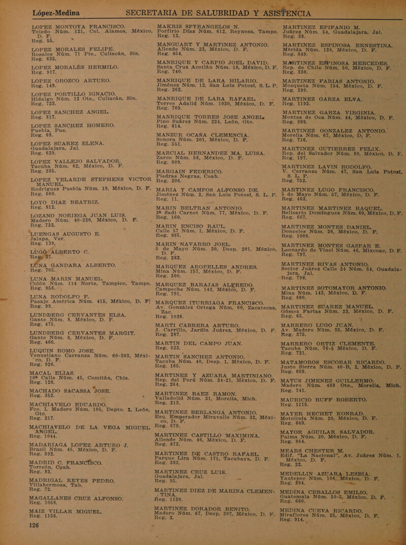  López-Medina FRANCISCO. LOPEZ MONTOYA Col. Alamos, Toledo Núm. 121, a México, LOPEZ MORALES FELIPE. j Rosales Núm. 71 Pte., Culiacán, Sin. Reg. 635. LOPEZ MORALES Reg. 917. LOPEZ OROZCO O Reg. 149. LOPEZ PORTILLO IGNACIO. . Hidalgo Núm. 12 Ote., Culiacán, Sin. Reg. 723. LOPEZ SANCHEZ ANGEL. Reg. 817. LOPEZ SANCHEZ HOMERO. Puebla, Pue. Reg. 69. LOPEZ SUAREZ ELENA. Guadalajara, Jal. Reg. 629. LOPEZ VALLEJO SALVADOR. Tacuba Núm. 62, México, D. F. Reg. 235. LOPEZ VELARDE STEPHENS VICTOR MANUEL. HERMILO.  MAKRIS SPYRANGELOS N. Porfirio Díaz Núm. 612, Reynosa, Tamps. Reg. 13. MANGUART Y MARTINEZ ANTONIO. Allende Núm. 23, México, D. F, Reg. 454. MANRIQUE Y CARPIO JOEL DAVID. Santa Cruz Acotlán Núm. 18, México, D. F. Reg. 740. “MANRIQUE DE LARA HILARIO. Jiménez Núm. 12, San Luis Potosí, S. L. P. Reg. 262. MANRIQUE DE LARA RAFAEL. - Torres Adalid Núm. 1030, México, D. F. Reg. 769. MANRIQUE TORRES JOSE ANGELs Pino Suárez Núm. 224, León, Gto. Reg. 614. MANZUR OCAÑA CLEMENCIA. Sonora Núm. 201, México, D. F. Reg. 551. Zarco Núm. 56, México, D. F Reg. 909. MARGAIN FEDERICO. Piedras Negras, Coah. Reg. 206. Reg. 600. LOYO DIAZ BEATRIZ. Reg. 812. LOZANO NORIEGA JUAN LUIS. Madero Núm. 40-220, México, D. Reg. 732. á “LUENGAS AUGUSTO E. Jalapa, Ver. Reg. 139 LUGO” ALBERTO C. Regz 27. NA GANDARA ALBERTO. Reg. 705. LUNA MARIN MANUEL. , Colón Núm. 114 Norte, Tampico, Tamps. Reg. 958. LUNA RODOLFO PF. A Pasaje América Núm. 415, México, D. Fl Reg. 99. LUNDBERG CERVANTES ELSA. Gante Núm. 8, México, D. F. Reg. 475. LUNDBERG CERVANTES MARGIT. Gante Núm. 8, México, D. F. Reg. 466. LUQUIN ROMO JOSE. Venustiano Carranza Núm. 60-303, Méxi- CONDE Reg. 926. MACAL ELIAS. 108 Calle Núm. 45, Comitán, Chis. Reg. 128. MACHADO E OSE. Reg. 352. Ñ MACHIAVELO EDUARDO. Fico; TL. Gto. Reg. 217. ANGEL. Reg. 1044. MADARIAGA LOPEZ ARTURO 3. Brasil Núm. 45, México, D. F. Reg. 592. MADRID C. Torreón, Coah. Reg. 82. FRANCÍSCO. MADRIGAL REYES PEDRO. Villahermosa, Tab. Reg. 72. MAGALLANES CRUZ ALFONSO. Reg. 1058. MAIZ VILLAR MIGUEL. Reg. 1156. 126 Jiménez Núm. 2, San Luis Potosí, SALA Reg. 11. MARIN. BELTRAN ANTONIO. 32 Sadi Carnot Núm. 77, México, D. F. MARIN ENCISO RAUL, Calle 57 Núm. 1, México, D. F, Reg. 865. MARIN NAVARRO JOEL. 5 de Mayo Núm. 20, Desp. 201, México, 1 RS Reg. 282, MARQUEZ ARGUELLES ANDRES. Mina Núm. 157, México, D. F. Reg. 300. MARQUEZ BARAJAS ALEREDO. Campeche Núm. 143, México, D. F. Reg. 791. MARQUEZ ITURRIAGA FRANCISCO. Av. González Ortega Núm. 60, Zacatecas, Zac. Reg. 1036. MARTI CABRERA ARTURO. J. Carrillo, Jardín Juárez, O IDA Reg. 287. MARTIN DEL CAMPO JUAN. Reg. 633. MARTIN SANCHEZ ANTONIO. Tacuba Núm. 40, Desp. 1, México, D. F. Reg. 165. MARTINEZ Y AZUARA MARTINIANO. Rep. del Perú Núm. 24-21, México, D. F. Reg. 264. MARTINEZ BAEZ RAMON. Valladolid Núm. 31, Morelia, Mich. Reg. 213. 199 Esq. e Miravalle Núm. 32, Méxi- co, z az MARTINEZ CASTILLO -MAXIMINA. Allende Núm. 46, México, D. F. Reg. 873. MARTINEZ DE CASTRO RAFAEL. Parque Lira Núm. 171, Tacubaya, D. F. Reg. 383. MARTINEZ CRUZ LULS Guadalajara, Jal. SS Reg. 95. E MARTINEZ DIEZ DE MARINA CLEMEN- ” TINA, eg. 1120. MARTINEZ DORADOR BENITO. O Núm. 67, Desp. 307, México, D. EA es   MARTINEZ EPIFANIO M. Juárez Núm. 54, Guadalajara, Jal. Reg. 38. MARTINEZ ESPINOSA ERNESTINA. Mérida Núm. 128, io DE Reg. 849. * MARTINEZ ESPINOSA MERCEDES. Rep. de Chile Núm. 50, México, D. F. Reg. 330. MARTINEZ FARIAS ANTONIO. Mosqueta Núm. 154, México, D. BO Reg. 399. . MARTINEZ GARZA ELVA. Reg; 11923 MARTINEZ GARZA VIRGINIA. Montes de Oca Núm. 44, México, D. F. Reg. 999. - MARTINEZ GONZALEZ ANTONIO. Morelia Núm. 67, México, D. F.- Reg. 716. MARTINEZ GUTIERREZ FELI Rep. del Salvador Núm. 89, México, DD; E Reg. 197. V. Carranza Núm. 47, San Luis Potosí, SID: Reg. 752. MARTINEZ LUGO FRANCISCO. 5 de Mayo Núm. 57, México, D. F. Reg. 463. MARTINEZ MARTINEZ RAQUEL. Belisario Domínguez Núm. 60, México, D.F. Reg. 667. x MARTINEZ MONTES DANIEL. Donceles Núm. 26, México, D. EF. Reg. 1008. MARTINEZ MONTES GASPAR E. Leonardo de Vinci Núm. 46, Mixcoac, D. F. Reg. TIT. MARTINEZ “RIVAS ANTONIO. Sector Juárez Calle 24 Núm. 54, Guadala- Jara iala MARTINEZ SOTOMAYOR ANTONIO. Reg. 880. Gómez Farías Núm. 23, MESIC0 DE Reg. 65. ñ MARRERO LUGO JUAN, - Av. Madero Núm. 35, México, D. us Reg. 375. MARRERO ORTIZ CLEMENTE. Tacuba Núm. 76-5 México, D. F. Reg. 721. MATAMOROS ESCOBAR O Justo Sierra Núm. 40-B, 2, México, D. F. Reg. 609. MATUS JIMENEZ GUILLERMO Madero Núm. 488 Ote., Morelia, Mich. Reg. 741. MAURICIO RUFF ROBERTO. Reg. 1115. MAYER HECHET KONRAD. Motolinía Núm. 20, México, D. F. Reg. 6693. MAYOR AGUILAR. SALVADOR. Palma Núm. 30, México, D- ¿E 4 Reg. 864. A MEARS CHESTER M. 3 Edif. “La Nacional”, Av, Juárez Núm. y México, D. YF. Reg. 22. ROS MEDELLIN :AZUARA Yautepec Núm. 106, México, D. F. Reg. 894. . e, MEDINA CEBALLOS EMILIO. - Guatemala Núm. 50-5, México, D. F, * Reg. 660. A A MEDINA CUEVA RICARDO. : Miraflores Núm. 25, México, D. F. Reg. 914... : 