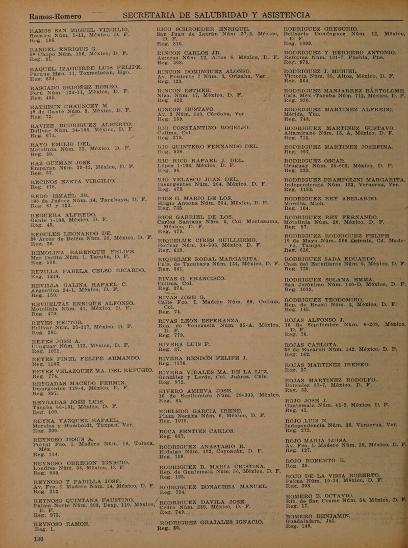 Ramos-Romero  RAMOS SAN MIGUEL VIRGILIO. Rosales Núm. 5-11, México, D. F. Reg. 106. RANGEL ENRIQUE G. ¿2 Chopo Núm. 156, México, D. F. Reg. 81. RAQUEL IZAGUIRRE LUIS FELIPE. Parque Hgo. 11, Texmelucan, Hgo. Reg. 624. RASGADO ORDOÑEZ ROMEO. Perú Núm. 134-11, México, D. do Reg. 465. RATHBUN CHAUNCEY M. 12 de Gante Núm. 9, México, D. F, Reg. 72. e RAVIZE RODRIGUEZ ALBERTO. Bolívar Núm. 34-108, México, D. ES Reg. 671. RAYO EMILIO DEL. Motolinía Núm. 22, México, D. F. Reg. 80. RAZ GUZMAN JOSE. Emparan Núm. 39-12, México, D. F. Reg. 57. RECINOS EZETA VIRGILIO. Reg. 476. REGO ISMAEL JR. 1082 de Juárez Núm. 14, Tacubaya, D. E Reg. 61 y 123. REGUERA ALFREDO. Gante 1-108, México, D. E: Reg. 45. REGULES LEONARDO DE. 382 Arcos de Belém Núm. 39, México, D. F. Reg. 26. REMOLINA BARENQUE FELIPE. Mar Delfín Núm. 1, Tacuba, D. F. Reg. 508. REVILLA FABELA CELSO RICARDO. Reg. 12114. REVILLA GALINA RAFAEL C. Argentina 34-1, México, D. F. Reg. 150. REVUELTAS ENRIQUE ALFONSO. Motolinía Núm. 41, México, D. F. Reg. 470. REYES Bolívar Núm. Reg. 281. REYES JOSE A. Uruguay Núm. 113, México, D. F. Reg. 1022. REYES PINEL FELIPE ARMANDO. Reg. 1103. REYES VELAZQUEZ MA. DEL REFUGIO. Reg. 174. REYGADAS MACEDO FERMIN. Insurgentes 128-4, México, D. F Reg. 897. REYGADAS JOSE LUIS. Tacuba 66-101, México, D. F. Reg. 109. REYNA VAZQUEZ RAFAEL. _ Morelos y Humboldt, Tuxpan, Ver. Reg. 209. REYNOSO JESUS A. Portal Fco. 1. Madero Núm. 16, Toluca, Méx. Reg. 114. REYNOSO OBREGON IGNACIO. Londres Núm. 38, México, D. F. Reg. 949. REYNOSO Y PADILLA JOSE: Av. Fco. 1. Madero Núm. 14, México, D. F. Reg. 312. REYNOSO QUINTANA FAUSTINO. al pea Norte Núm. 308, Desp. 110, México, Tn, Reg. 973, REYNOSO RAMON, Reg. 1, pl 130 HECTOR. 23-117, México, D. Y. E AD RICO SCHROEDER ENRIQUE. ; Sn Juan de Letrán Núm. 27&gt; 2, México, 13 Reg. 816. RINCON CARLOS JR. Aztecas Núm. 12, Altos 6, México, Reg. 368. RINCON DOMINGUEZ ALONSO. Av. Poniente 7 Núm. 3, Orizaba, Ver. Reg. 123. RINCON ESTHER. » Niza, Núm. 17, México, D. F. ! Reg. 422. RINCON GUSTAVO. Av. 3 Núm. 140, Córdoba, Ver. Reg. 159. RIO CONSTANTINO ROGELIO. Colima, Col. Reg. 378. RIO QUINTERO FERNANDO DEL. Reg. 526. RIO RICO RAFAEL J. DEL. López 1-106, México, D. F. Reg. 96. DE Insurgentes Núm. 264, México, D. Y. Reg. 473. RIOS G. MARIO DE LOS. Eligio Ancona Núm. 234, México, D. F. Reg. 735. RIOS GABRIEL DE LOS. Carlos Santana Núm. 5, Col. Moctezuma, México, D. PF. Reg. 479. RIQUELME CIRES GUILLERMO. Bolívar Núm. 34-506, México, D. F. Reg. 619. RIQUELME RODAL MARGARITA. Calz. de Tacubaya Núm. 134, México, D. PF. Reg. 861. RIVAS G. FRANCISCO. Colima, Col. Reg. 374. RIVAS JOSE G. Calle Fco. I. Madero Núm. Col. Reg. RIVAS LEON ESPERANZA. Rep. de' Venezuela Núm. 35-A, México, D. F. Reg, 779. RIVERA LUIS Pp. Reg. 37. RIVERA RENDON FELIPE J. Reg. 1176. RIVERA VIDALES MA. DE LA LUZ. González y Lerdo, Col. Juárez. Chis. Reg. 972. RIVERO AMIEVA JOSE. 16 de Septiembre Núm. Reg. 85. 69, Colima, 74. 39-303, México, ROBLEDO GARCIA IRENE. Plaza Necaxa Núm. 6, México, D. F. ROCA SENTIES CARLOS. Reg. 637. RODRIGUEZ ANASTASIO R. Hidalgo Núm. 102, Coyoacán, D. F. Reg. 158. RODRIGUEZ B. MARIA CRISTINA. Rep. de Guatemala Núm. 56, México, D. F. Reg. 195. RODRIGUEZ BONACHEA dior? Reg. 794. “RODRIGUEZ DAVILA JOSE. Reg. 749. RODRIGUEZ GRAJALES. IGNACIO.    RODRIGUEZ GREGORIO. Belisario Domínguez Núm. D.F, Reg. 1009. m RODRIGUEZ Y HERRERO ANTONIO. Reforma Núm. 101-7, le Pue. Reg. 878. RODRIGUEZ J. MIGUEL. Victoria Núm. 35, OA Mxico, WA Reg. 564. 12, México, RODRIGUEZ MANJARREZ BÁRTOLOME. cate pane .-Tacuba Núm. 712, México, D. F. es fi RODRIGUEZ MARTINEZ ALFREDO. Mérida, Yuc. Reg. 748. RODRIGUEZ MARTINEZ GUSTAVO. Altamirano Núm. 15, A, MOS DIE Reg: 715. RODRIGUEZ MARTINEZ JOSEFINA. Reg; 997. RODRIGUEZ OSCAR. Uruguay Núm. 35-602, México, | Js E Reg. 533. . RODRIGUEZ PRAMPOLINI MARGARITA. Independencia Núm. 133, di Mba | Reg. 1152. RODRIGUEZ REY ABELARDO. Morelia, Mich. Reg. 104. : A RODRIGUEZ REY FERNANDO. Motolinía Núm. 20, México, D. F. Reg. IM RODRIGUEZ RODRIGUEZ FELIPE. ro, Tamps. Reg..636.. 1004 RODRIGUEZ SADA EDUARDO. Casa del Estudiante Núm. 6, Seo De pd Reg. 725. RODRIGUEZ SOLANA EMMA. - E San Jerónimo Núm. 140-D, México, D. y Reg. 1012. RODRIGUEZ TEODOMIRO. p Rep. de Brasil Núm. 3, México, D,- F. ] Reg. 145. ROJAS ALFONSO TN | o ES Septiembre Núm. 6- 209, México, Reg. 76.: ROJAS CARLOTA. 52 de Bucareli an 142, Res. 162. as México, D. ROJAS MARTINEZ IRENEO. e Reg. 57. . a + ROJAS MARTINEZ RODOLFO. Donceles 87-7, ao DES Reg. 83. y ROJO JOSE J. Guatemala Núm. 42- 2, México, PD. F. Reg. 43. ROJO ¡LUIS N. Independencia Núm. 38, Veracruz, Ver, Reg. 272. p ROJO MARIA LUISA. le Av. Fco. 1. Madero Núm. 28, México, D p Reg. 127. ROJO ROBERTO. R. : Reg. 39. 7 san? 7 AS ROJO DE LA VEGA ROBERTO... . Palma Núm. 10- 24, nr D. 5 PS Reg. 308. E ¿&gt; 88 ROMERO B. OCTAVIO. $e Rib. de San Cosme Núm. 54, México, DA Guadalajara, Jal. pero de Reg. 140, A 