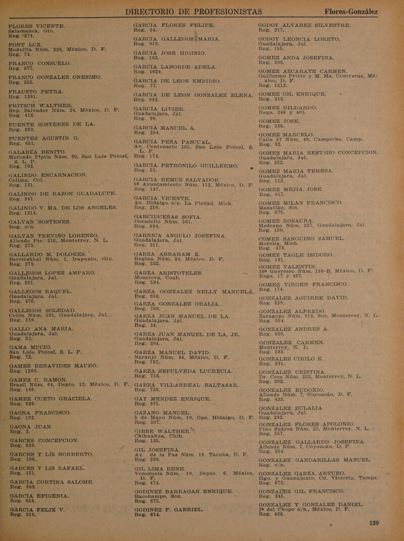   q AAA FLORES VICENTE. Salamanca, Gto. Reg.*274. FONT LUZ. Medellín Núm. 338, México, Reg. 74. FRANCO CONSUELO. Reg. 677. FRANCO GONZADRA, ONESIMO. Reg. 350. FRAUSTO PETRA. Reg 130172 - FRITSCH WALTHER. Rep. Salvador Núm. 24, AS DEE Reg. 418. : D. F. FUENTE SOSTENES DE LA. Reg. 203. E FUENTES AGUSTIN G. Reg. 651. GALARZA BENITO. Mercado Pípila Núm. 30, San Luis Potosí, SATB Reg. 102. GALINDO ENCARNACION, Colima, Col. : Reg. 131. GALINDO DE RAZON- GUADALU EE. Reg. 947. GALINDO V. MA. DE LOS ANGELI: ¿Reg. 1214. - -— GALVAN 'SOSTENES. . Reg. s/n. GALVAN TREVIÑO LORENZO. Allende Pte.” 316, Monterrey, N. L. Reg. 273. GALLARDO M. DOLORES. Berriozábal Núm. 1, Irapuato, Reg. 278, &gt;&gt; GALLEGOS LOPEZ AMPARO. Guadalajara, Jal. Reg. 281. GALLEGOS RAQUEL. Guadalajara, Jal. Reg. 476. GALLEGOS SOLEDAD. Colón Núm. 591, Guadalajara, Jal. Reg. 119. GALLO ANA MARIA. Guadalajara, Jal. ; Reg. PE GAMA MUCIO. San Luis Potosí, S. L. P.. Reg. 72. GAMEZ. BENAVIDES MAURO. Reg. 1260.&gt; GAMEZ -C. RAMON. / Gto. Reg. 146. GAMEZ CUETO GRACIELA. Reg. 826. -—GAONA FRANCISCO. Reg. 192. - GAONA JUAN. MES. 2. 3 GARCES CONCEPCION. Reg: 639: GARCES Y LIS NORBERTO. Reg. 106. : GARCES Y LIS RAFABL. Reg. 151. , GARCIA CORTINA SALOME. ¿Heg. 869. GARCIA EFIGENIA. Reg. 858. TA. FELIX v.  -   GARCIA FLORES FELIPE. Reg. 34. GARCIA GALLEGOS MARIA Reg. 919. GARCIA JOSE HIGINIO. Reg. 163. GARCIA LABORDE ADELA. Reg. 1024. z GARCIA DE LEON EMIGDIO. Reg mí Reg. 983. Guadalajara, Jal. Reg. 96. GARCIA MANUEL A. Reg. 294. y GARCIA PEÑA PASCUAL. TAS Reg. 174. GARCIA PETRONILO GUILLERMO. GARCIA REMUS SALVADOR. 6% Ayuntamiento Núm, 112, México, D. F. Reg. 147, GARCIA VICENTE. Av. Hidalgo. s/n. La Piedad, Reg. 250. Mich. GARCIDUEÑAS SOFIA. Donatello Núm. 561. - Reg. 694. GARNICA ANGULO JOSEFINA. Guadalajara, Jal. Reg. 311. GARZA ABRAHAM Z. Regina Núm. 24, México, DES Reg. 332. GARZA ARISTOTELES. a Monelova, Coah. Reg. 594. Reg. 958. GARZA GONZALEZ ORALIA. GARZA JUAN MANUEL DE LA. Guadalajara, Jal. Reg. 34. GARZA JUAN MANUEL DE LA, JR. Guadalajara, Jal. Reg. 304. Naranjo Núm. 44, México, D. F. Reg. 787. GARZA SEPULVEDA LUCRECIA. Reg. 716. GARZA VILLARREAL BALTASAR. Reg. 738. GAY MENDEZ ENRIQUE. Reg. 975. GAZANO MANUEL. Reg. 307. GIBBE WALTHER.”* Chihuahua, Chih. Reg. 135. GIL JOSEFINA. Av. de la Paz Núm. 49, «Tacuba, Do BE; Reg. 289. ' Venezuela Núm. DE Reg. 474. GODINEZ BARRAGAN ENRIQUE. Bacobampo, Son. Reg. 675. GODINEZ F. GABRIEL. Reg. 614. 10, Depto. Flores-González  GODOY ALVAREZ SILVESTRE. Reg. 217. GODOY LEONCIA LORETO, Guadalajara, Jal. GOMEZ ANDA JOSEFINA, Reg. 303. GOMEZ AZCARATE CARMEN. Guillermo Prieto y M. Ma. Contreras, Mé- ICO UD O: Reg. 1313. GOMEZ GIL ENRIQUE. . Reg. 312. GOMEZ GILDARDO, Regs. 346 y 405. GOMEZ JOSE. GOMEZ MARCELO. Calle 57 Núm. 49, Campeche, Camp. Reg. 92. GOMEZ MARIA REFUGIO CONCEPCION, Guadalajara, Jal. Reg. 222. GOMEZ MARIA TERESA. Guadalajara, Jal. Reg. 112. GOMEZ MEJIA JOSE. Reg. 617.: a GOMEZ MILAN FRANCISCO. Mazatlán, Sin. ' Reg. 679. GOMEZ.ROSAURA. Medrano Núm. 237, Reg. 150. COMEZ SANGUINO SAMUEL. Morelia, Mich. Reg. 478. GOMEZ TAGLE ISIDORO. Reg. 181. GOMEZ VALENTIN. 102 Guerrero Núm, Regs. 17 y 497. GOMEZ VIRGEN FRANCISCO. Reg. 174. GONZALEZ AGUIRRE DAVID. Reg. 229. GONZALEZ ALFREDO. Zaragoza Núm. 912, Sur, Monterrey, Suadalajara, Jal. 198-B, México, D. F. N. L. GONZALEZ ANDRES A. Reg. 439. GONZALEZ CARMEN. Monterrey, N. Lo. GONZALEZ CIRILO E. Reg. 231. Dr. Coss Núm. Reg. 302. GONZALEZ EUDOXIO. Allende Núm. 7, Coyoacán, D. F. Reg. 433. GONZALEZ EULALJA, Guadalajara, Jal. Reg. 282. GONZALEZ FLORES:APOLONIO. Pino Suárez Núm. 25, Monterrey, N. L. Reg. 557. GONZALEZ GALLARDO JOSEFINA. Allende Núm. 7, Coyoacán, D, F, Reg. 354. GONZALEZ GANDARILLAS MANUEL. Reg. s/n. GONZALEZ GARZA ARTURO. Hgo. y Guanajuato, Cd. Victoria, Tamps. Reg. 673. GONZALEZ GIL FRANCISCO. Reg. 245. GONZALEZ Y GONZALEZ DANIEL, 22 del Chopo s/n., México, D. F. Reg. 438. o 222, Monterrey, N. L. 