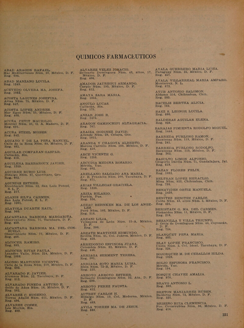  ABAD ARAGON RAFAEL. ar Mediterráneo Núm. 80, México, D. F, Reg. 696. ABAD MANZANO LUCILA. Reg. 1249. ACEVEDO OLVERA MA, JOSEFA. Reg. 1082, - ACOSTA LAGUNES JOSEFINA. Artes Núm. 75, México, D. F. Reg. 547, ACOSTA LOPEZ ANDRES. - Mar Egeo Núm. 55, México, D. F, Reg. 408, - - ACUÑA PETIT MAURILIO. . Montiel Núm. 31, G. A. Madero, D. F, Reg. 691. ACUÑA STEEL MOISES. Reg. 842. AGUAYO Y DE LA PEÑA MANUEL. Calle de la Rosa Núm. 89, México, D. F. Reg. 461. AGUILAR COMPARAN GASPAR. Culiacán, Sin. Reg. 413, - AGUILERA BARBAROUX JAVIER. Reg. 1359. ; AGUIRRE RUBIO LUIS. - Hidalgo Núm. 47, Querétaro, Qro. - Reg.-462.* AGUNDIS ESTHER. - Xicoténcalt Núm. 52, San Luis Potosí, ] e IDA Res. 217. . ALANIS SILVA CARMEN. San Luis Potosí, S. L, P. Reg. 1201. ; a 3 ALAYOLA DUARTE RAUL. E Reg. 960. 3 ALCANTARA BARBOSA MARGARITA. Observatorio Núm. 77, Tacubaya, D. F. Eee 459.                     SUELO. Eee atóno Núm. 7 México, DEE ¡COCER RAMIRO. 883. SOCER RIVAS PAULA. o Núm. 224, México, D. F. ALONSO MARTINEZ VICENTE. ; lle de la Rosa Núm. 210, México, D, F. Reg. 592. ALVARADO F. JAVIER. Alumnos Núm. 22, Tacubaya, D. F. Reg. 512. ALVARADO PINEDA ARTURO E. - Golfo de Aden Núm. 16, México, D. F. _Reg. 562, ALVAREZ cu EUGENIO, orres Adalid a 611, México, p. F. Reg. 196. - ALVAREZ COSME. Los Mochis, Sin. pe Ros. 400.  7 ALVAREZ VELEZ IGNACIO. México, D. F. Reg. 406. AMADOR JAUREGUI ARMANDO. Carpio Núm. 195, México, D. F. Reg. 812. AMAYA SARA MARIA. Reg. 1055. ANGULO LUCAS. Culiacán, Sin. Reg. 175. ANZAR JOSE R. Reg. 1475. ARAGON GAMIOCHIPT ALTAGRACIA. Reg. 767. ARAIZA GODINEZ DAVID. Allende Núm. 39, Celaya, Gto. Reg. 1015. ARANDA Y CHAGOYA ALBERTO. Marcos Carrillo Núm. 189, México, D. F. Reg. 410. A ARCE VICENTE G. Reg. 1258. Mérida, Yuc. Reg. 602. ARELLANO SALGADO ANA MARIA. Reg. 871, ARIAS VILLEGAS GRACIELA. Reg. 1338. ARIZA HILARIO. Puebla, Pue, 4 » Reg. 336. LES. Perú Núm. 103, México, D. F. Reg. 5183. ARZANTI LILIA, Velázquez de León Núm. DE Reg. 300. a á  ARZATE MARTINEZ EDMUNDO. Reg. 458. ARREDONDO ESPINOSA JUANA. Colombia Núm. 82, México, D. PF. Reg. 446. (ARRIAGA SERMENT TERESA. Reg. 901. ARRIAGA SOTO MARIA LUISA. Rhin Núm. 72-B, México, D. F. Reg. 535. ARROYO . ARROYO ESTHER. Reg. 590. ARROYO PEREZ A Reg. 412. AUTREY CARLOS H. D.EX Reg. 469. AVILA TORRES MA. DE JESUS. Reg. 880. + A AYALA GUERRERO MARIA LUISA, Paraguay Núm. 25, México, D. F. AYALA VILLARREAL MARIA AMPARO. Monterrey, N. L. Reg. 873, AYUB ANTONIO SALOMON. Aldama 316, Chihuahua, Chih. Reg. 585. BACELIS BERTHA ALICIA. Reg. 769, BAEZ S. LEONOR LUCILA. Reg. 666. BALDERAS AGUILAR ELENA. Reg. 928. Reg. 11444 = BARREDA FURLONG RAMON. Zacatecas Núm. 119, México, D. F. Reg. 241. BARREDA FURLONG RODOLFO. Zacatecas Núm. 119, México, D, PF, Reg..363. BASULTO LIMON ALFONSO. Gregorio Dávila Núm. 71, Guadalajara, Jal. Reg. 819. BAZAN FLORES FELIX, Reg. 1083. BELTRAN LOPEZ HERACLIO. Mina Núm. 933, Chihuahua, Chih. Reg. 798. BENAVIDES ORTIZ MANUELA. Reg. 1450, BENITEZ BENITEZ CARLOS. Colón Núm. 43, altos Núm. 5, México, D. F. Reg. 421. BERISTAIN G. MA. DEL CARMEN, Pirámides Núm. 11, México, D. F. Reg. 216. BEZANILLA Y VILLA TRIUNFO. J. Ortiz de Domínguez Núm. 44, Coyoacán, DIE Reg. 734. BLANQUET PEÑA MARIA, Reg. 885. BLAY LOPEZ FRANCISCO. Unión Núm. 2, Col. Ideal, Tacubaya, D. F. Reg. 326, BOJORQUEZ M. DE CEBALLOS HILDA. Reg. 1028. BOLIO ESPINOSA FRANCISCO. Mérida, Yuc. Reg. 194. BOSQUE CHAVEZ AMALIA. Reg. 970, BRAVO ANTONIO L. Reg. 360, BRETON MANJARREZ RUBEN, Balderas Núm. 72, México, D. F. Reg. 325. BRISEÑO RUIA CLEMENCIA. Fco. Covarrubias Núm, 96, México, D. F. Reg. 414. 151   5 1 A a e PAI, E