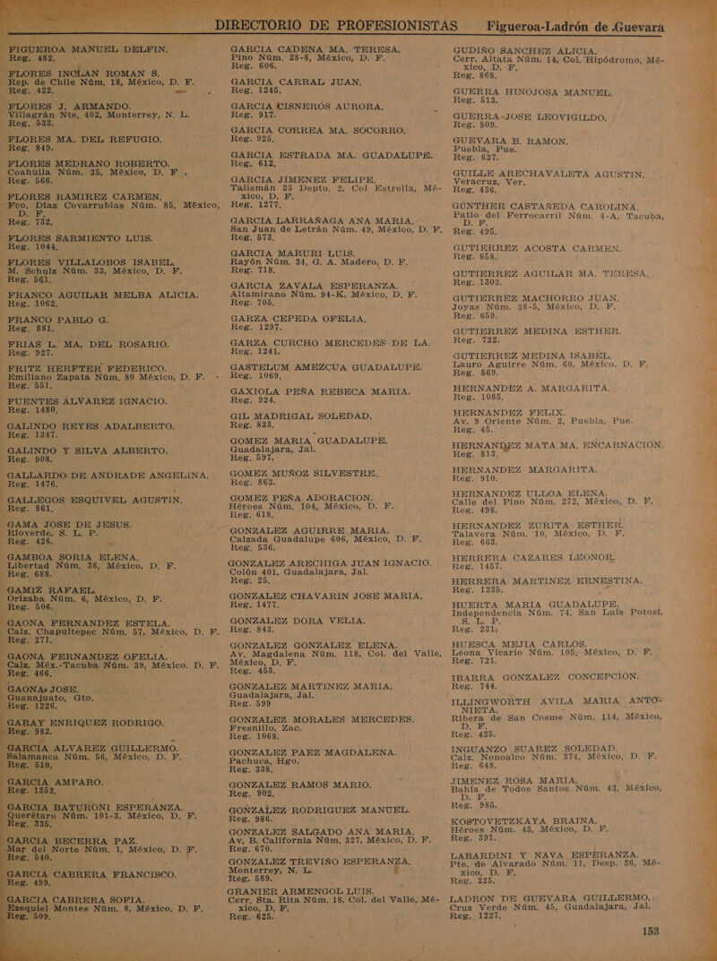   FIGUEROA MANUEL DELFIN. Reg. 482. -— FLORES INCLAN ROMAN S. Rep. de Chile Núm, 18, México, D. F. Reg. 422, e de — FLORES J. ARMANDO. Villagrán Nte, 402, Monterrey, N. L. Reg. 533. FLORES MA. DEL REFUGIO. Reg. 849. FLORES MEDRANO ROBERTO. Coahuila Núm. 35, México, D. F . Reg. 566. FLORES RAMIREZ CARMEN. - Fico. Díaz Covarrubias Núm. 85, México, TA Reg. 732, FLORES SARMIENTO LUIS. Reg. 1044, FLORES VILLALOBOS ISABEL. M. Schulz Núm. 33, México, D. F. Rego que FRANCO AGUILAR MELBA ALICIA. Reg. 1062, FRANCO PABLO G. Reg. 881. FRIAS L. MA, DEL ROSARIO. Reg. 927. FRITZ HERFTER FEDERICO. Reg. Do: -FUEN TES ALVAREZ IGNACIO. Reg. 1480, GALINDO REYES ADALBERTO. Reg. 1347. GALINDO Y SILVA ALBERTO. E e8- 908 GALLARDO DE ANDRADE ANGELINA. Reg. 1476. E GALLEGOS ESQUIVEL AGUSTIN. Reg. 861, GAMA JOSE DE JESUS. _ Ríoverde, S. L. P. Reg. 426. E GAMBOA SORIA ELENA. Libertad e: 36, México, D, Eos Reg. 688. GAMIZ RAFAEL. - Orizaba Núm. 6, México, D. EL Reg. 506. -GAONA FERNANDEZ ESTELA. CAIZ. Chapultepec Núm. 57, México, D. F. Reg. 271. —GAONA FERNANDEZ OFELIA. Calz, Méx.-Tacuba Núm. 39, México. D. F. Reg. 466.  LAA ALVAREZ GUILLERMO. —Salamanca Núm, 56, México, D. F. (AEB: 510, GARCIA AMPARO. eE 1353. on GARCIA. BATURONI ESPERANZA. Querétaro Nun 101-3, México, D. F. Reg. 335. E y GARCIA BECERRA PAZ. Mar del cid Núm. 1, México, D. F. Reg. 540. GARCIA CABRERA. FRANCISCO. Reg. 499.   f GARCIA CADENA MA. TERESA. Pino Nún1, 28-8, México, D. F. Reg. 606. : GARCIA CARRAI, JUAN, Reg. 1245. GARCIA CISNEROS AURORA, Reg: 917: GARCIA CORREA MA. SOCORRO. Reg. 925, GARCIA ESTRADA MA. GUADALUPE. Reg. 612, Talismán 23 Depto. 2, Col Estrella, Mé- xico, D.F” Reg. 1277, GARCIA LARRAÑAGA ANA MARIA. San Juan de Letrán Núm. 49, México, D. F. Reg, 573, GARCIA MARURI LUIS. Rayón Núm. 34, G. A. Madero, D. F. Reg. 7183. GARCIA ZAVALA ESPERANZA. Altamirano Núm. 94-K, México, D. F. Eegiot0s4 GARZA CEPEDA OFELIA, Reg. 1297. GARZA CURCHO MERCEDES DE LA. ROSAL: GASTELUM AMEZCUA GUADALUPE. Reg. 1069, GAXIOLA PEÑA REBECA MARIA. Reg. 924. GIL MADRIGAL SOLEDAD, Reg. 833. GOMEZ MARIA GUADALUPE. Guadalajara, Jal. Reg. 597. GOMEZ MUÑOZ SILVESTRE., Reg. 863. GOMEZ PEÑA ADORACION. Héroes Núm. 104, México, D. F. Reg. 618, Calzada Guadalupe 606, México, D. F. Reg. 536. GONZALEZ ARECHIGA JUAN IGNACIO. Colón 401, Guadalajara, Jal. Reg. 25, GONZALEZ CHAVARIN JOSE MARIA. Reg. 1407. GONZALEZ DORA VELIA. Res. 1813. GONZALEZ GONZALEZ ELENA. Av, Magdalena Núm. 118, Col. del Valle, México, D. Y. Reg. 458. GONZALEZ MARTINEZ MARIA. Guadalajara, Jal. Reg. 599 GONZALEZ MORALES MERCEDES. Fresnillo, Zac. Reg. 1068. GONZALEZ PAEZ MAGDALENA. Pachuca, Hgo. Reg. 338, GONZALEZ RAMOS MARIO. Reg. 902. GONZALEZ RODRIGUEZ MANUEL. Reg. 986. GONZALEZ SALGADO ANA MARIA. Av. B. California Núm. 327, México, D. F. Reg. 670. GONZALEZ TREVIÑO ESPERANZA, Monterrey, N, L. b Reg. 589. GRANIER ARMENGOL LUIS. Cerr. Sta. Rita Núm, 18, Col. del Valle, Mé- xico, D. F. Reg. 625. a Ladrón de .Guevara GUDIÑO SANCHEZ ALICIA. Cerr. Altata Núm. 14, Col, Hipódromo, Mé- X1CO. DIE Reg. 868. GUERRA HINOJOSA MANUEL. Reg. 513. GUERRA+JOSE LEOVIGILDO. Reg. 809. GUEVARA B. RAMON. Puebla, Pue. Reg. 637. GUILLE ARECHAVALETA AGUSTIN. Veracruz, Ver, Reg, 436. GUNTHER CASTAÑEDA CAROLINA, A Ferrocarril Núm, 4-A, Tacuba, Reg. 495. GUTIERREZ ACOSTA CARMEN. Reg. 658. GUTIERREZ AGUILAR MA. TERESA. Reg. 1303. GUTIERREZ MACHORRO JUAN. Joyas Núm. 38-5, México, D. Y. Reg. 659. GUTIERREZ MEDINA ESTHER. Reg. 722. GUTIERREZ MEDINA ISABEL. Lauro Aguirre Núm. 60, México, D. F. Reg. 569. HERNANDEZ A. MARGARITA. Reg. 1085. . HERNANDEZ FELIX. Av. 9 Oriente Núm. 2, Puebla, Pue. Reg. 45. HERNANDEZ MATA MA. ENCARNACION. Reg. 813, HERNANDEZ MARGARITA, Reg. 910. HERNANDEZ ULLOA ELENA. Calle del Pino Núm. 272, México, D. F. Reg. 498. HERNANDEZ ZURITA ESTHER. Talavera Núm. 10, México, D. FE. Reg. 6683. HERRERA CAZARES LEONOR, Reg. 1457. HERRERA: MARTINEZ ERNESTINA. Reg. 1235. HUERTA MARIA GUADALUPE. Independencia Núm. 74, San Luis Potosí, o Dn ze Reg. 231: HUESCA MEJIA CARLOS. Leona Vicario Núm. 105, México, D. F. Reg. 721. IBARRA GONZALEZ CONCEPCION. Reg. 744. ILLINGWORTH AVILA MARIA ANTO- NIETA. id Ribera de San Cosme Núm. 114, México, Reg. 425. INGUANZO SUAREZ SOLEDAD. Calz. Nonoalco Núm. 374, México, D. PF. Reg. 648. JIMENEZ ROSA MARIA. &gt; Bahía de Todos Santos Núm. 43, México, DINA Reg. 985. KOSTOVETZKAYA BRAINA. Héroes Núm. 43, México, D. F. Reg. 391. LABARDINI Y NAVA ESPERANZA. Pte. de Alvarado Núm. 11, Desp. 36, Mé- XICO, DE: ; Reg. 225. LADRON DE GUEVARA GUILLERMO. Cruz Verde Núm. 45, Guadalajara, Jal. Reg. 1227. 1 153 e ADS MS   su  O 