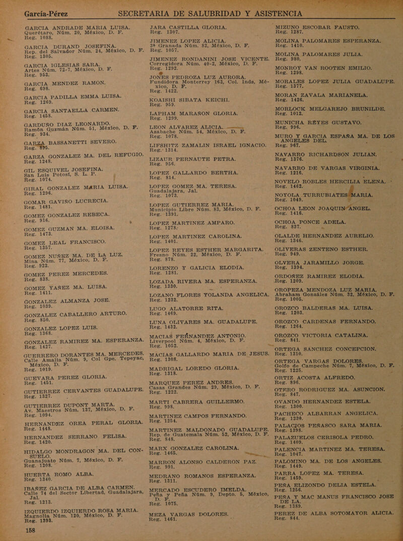 García-Pérez GARCIA ANDRADE MARIA LUISA. Querétaro, Núm. 20, México, D. Y. Reg. 1088. GARCIA DURAND JOSEFINA. Rep. del Salvador Núm. 24, México, D. F. Reg. 1305. GARCIA IGLESIAS SARA. Artes Núm. 72-7, México, D. F Reg. 953. GARCIA MENDEZ RAMON. Reg. 698. GARCIA PADILLA EMMA LUISA. Reg. 1269. GARCIA SANTAELLA CARMEN. Reg. 1458. GARDUÑO DIAZ LEONARDO. Ramón Guzmán Núm. 51, México, Reg. 934. GARZA BASSANETTI SEVERO. Reg. 895. GARZA GONZALEZ MA. DEL REFUGIO. Reg. 1248. GIL ESQUIVEL JOSEFINA. San Luis Potosí, S. L. P. 4 Reg. 1074. ¡ GIRAL GONZALEZ MARIA LUISA. Reg. 1296. GOMAR GAVIÑO LUCRECIA. Reg. 14381. GOMEZ GONZALEZ REBECA. Reg. 916. ¿ GOMEZ GUZMAN MA. ELOISA. Reg. 1473. GOMEZ LEAL FRANCISCO. Reg. 1357. GOMEZ NUÑEZ MA. DE LA LUZ. Mina Núm. 77, México, D. F. Reg. 922. GOMEZ PEREZ MERCEDES. Reg. 838. GOMEZ YAÑEZ MA. LUISA. Reg. 1411. GONZALEZ ALMANZA JOSE. Reg. 1039. GONZALEZ CABALLERO ARTURO. Reg. 850. GONZALEZ LOPEZ LUIS. Reg. 1368. GONZALEZ RAMIREZ MA. ESPERANZA. Reg. 1427. . D. F. Calle Amalia Núm. 9, Col Gpe. Tepeyac, México, D. F. Reg. 1019. GUEVARA PEREZ GLORIA. Reg. 1451. GUTIERREZ CERVANTES GUADALUPE. Reg. 1327. GUTIERREZ DUPONT MARTA. Av. Maestros Núm. 137, México, D. F. Reg. 1094. HERNANDEZ OREA PERAL GLORIA. Reg. 14483. HERNANDEZ SERRANO FELISA. Reg. 1420. HIDALGO MONDRAGON MA. DEL CON- SUELO. Guanajuato Núm. 7, México, D. F. Reg. 1208. HUERTA ROMO ALBA. Reg. 1340. IBAÑEZ GARCIA DE ALBA CARMEN. Calle 74 del.Sector Libertad, Guadalajara, Jal. Reg. 1213. IZQUIERDO IZQUIERDO ROSA MARIA. Magnolia Núm. 120, México, D. F. Reg. 1393. 158 JARA CASTILLA GLORIA. Eee O JIMENEZ LOPEZ ALICIA. 32 Granada Núm. 82, México, DIE Reg. 1057. JIMENEZ RONDANINI JOSE VICENTE. Corregidora Núm. 40-2, México, D. F. Reg. 1292. Ss JONES PEDROZA LUZ AURORA. Fundidora Monterrey 163, Col. Inds, Mé- xico, D. F. Reg. 1422. KOAISHI SIBATA KEICHI. Reg 1959: LAPHAM MARAÑON GLORIA, Reg. 1299. LEON ALVAREZ ALICIA. sois Azabache Núm. 54, México, D. F. Reg. 1078. LIFSHITZ ZAMALIN Reg.' 1314. LIZAUR PERNAUTE PETRA. Reg. 956. LOPEZ GALLARDO BERTHA. Reg. 814. LOPEZ GOMEZ MA, TERESA. Guadalajara, Jal. Reg. 1073. ISRAEL IGNACIO. LOPEZ GUTIERREZ MARIA. Municipio Libre Núm. 83, México, D. F. Reg. 1391. LOPEZ MARTINEZ AMPARO. Reg. 1278: LOPEZ MARTINEZ CAROLINA. Reg. 1401. LOPEZ REYES ESTHER MARGARITA. Fresno Núm. 22, México, D. F. Reg. 878. LORENZO Y GALICIA ELODIA. Reg. 1281. d LOZADA RIVERA MA. ESPERANZA. Reg. 1330. á Reg. 1232. LUGO ALATORRE RITA. Reg. 1469. LUNA OLIVARES MA. GUADALUPE. Reg. 1432. MACIAS FERNANDEZ ANTONIO. Liverpool Núm. 4, México, D. F. MACIAS GALLARDO MARIA DE JESUS. Reg. 1308. MADRIGAL LOREDO GLORIA. Reg. 1318. MARQUEZ PEREZ ANDRES. Casas Grandes Núm. 29, México, D. F. Reg. 1222. MARTI CABRERA GUILLERMO. Reg. 998. E MARTINEZ CAMPOS FERNANDO. Reg. 1254. Rep. de Guatemala Núm. 52, México, D. F. Reg. 848. MARX GONZALEZ CAROLINA. Reg. 1465. a MARRON ALONSO CALDERON PAZ. Beg. 991. MEDRANO ROMANOS ESPERANZA. Reg. 1311. MERCADO ESCUDERO IMELDA. e Peña Núm. 9, Depto. 5, Reg. 1075. México, MEZA VARGAS DOLORES.   -MIZUNO ESCOBAR FAUSTO. Reg. 1287. MOLINA PALOMARES ESPERANZA. Reg. 1410. MOLINA PALOMARES JULIA. Reg. 980. MONROY VAN ROOTEN EMILIO. Reg. 1298. MORALES LOPEZ JULIA GUADALUPE. Reg. 1377. MORAN ZAVALA MARIANELA. Reg. 1426. MORLOCK MELGAREJO BRUNILDE. Reg. 1012. MUNICHA REYES GUSTAVO. Reg. 996. MURO Y GARCIA ESPAÑA MA. DE LOS ANGELES DEL. : Reg. 967. » NAVARRO RICHARDSON JULIAN, Reg. 1376. NAVARRO DE VARGAS VIRGINIA. Reg. 1216. NOVELO ROBLES HERCILIA ELENA. Reg. 1462. : NOYOLA TURRUBIATES ARIA. Reg. 1049. OCHOA LEON JOAQUINÁN ANGEL. Reg. 1416. OCHOA PONCE ADELA. Reg. 837. al OLALDE HERNANDEZ AURELIO. Reg. 1346. OLIVERAS ZENTENO ESTHER. Res. DADA Ae JARAMILLO J ORGE. ORDOÑEZ RAMIREZ ELODIA. Reg. 1209. OROPEZA MENDOZA LUZ MARIA. :* Abraham González Núm. 32, México, D. F Reg. 1005. OROZCO BALDERAS MA. LUISA. Reg. 12083. OROZCO CARDENAS FERNANDO. Reg. 1264. . OROZCO VICTORIA CATALINA. Reg. 841. ORTEGA SANCHEZ CONCEPCION. Reg. 1310. ORTEGA VARGAS DOLORES. de A Golfo de Campeche Núm. 7, D, F. Reg. 1225. e ORTIZ ACOSTA ALFREDO. ] Reg. 896. OTFRRO RODRIGUEZ MA, _ASUNCION. Reg: 847, OVANDO HERNANDEZ ESTELA. Reg. 1300. PACHECO ALBARRAN AN Reg. 1230. PALACIOS PEÑASCO SARA MARIA. Reg.-1398. PALAZUELOS CE PEDRO. Reg. 1409. Y. PALENCIA ARNES MA. TERESA. Reg. 1047. PALOMINO MA. DE LOS ANGELES. - Reg. 1449. ; PARRA LOPEZ MA. TERESA. Reg. 1459. PEÑA ELIZONDO DELIA ESTELA. Reg. 1256. PEÑA Y MAC MANUS FRANCISCO JOSE. DE LA. PEREZ DE ALBA SOM ALICIA. Reg. 844. .  