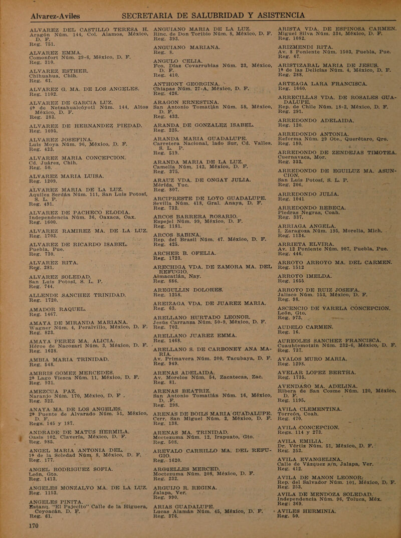 IT A Y ETS a e TEE AAA AA e OCA PY. AA IE LAA A EA AE Di - Alvarez-A viles Aragón Núm. 144, Col. Alamos, DIE Reg. 751. ALVAREZ EMMA. Comonfort Núm. 29-6, México, p. F. Reg. 310. ALVAREZ ESTHER. Chihuahua, Chih. Reg. 61. ALVAREZ G. Reg. 1102. ALVAREZ DE GARCIA LUZ. 44 de Netzahualcóyotl Núm. México, D. F. Reg. 283. ALVAREZ DE HERNANDEZ ED: Reg. 1095. ALVAREZ JOSEFINA, Luis Moya Núm. 96, México, D. F. Reg. 423. ALVAREZ MARIA CONCEPCION. Cd. Juárez, Chih, Reg. 50. ALVAREZ MARIA LUISA. Reg. 1209. ALVAREZ MARIA DE LA LUZ. Aquiles Serdán Núm. 111, San Luis Potosí, SE Es Reg. 491. ALVAREZ DE PACHECO ELODIA. Independencia Núm. 36, saca Oax. Reg. 1600. ALVAREZ RAMIREZ MA. DE. LA “LUZ. Reg. 1703. : : ? ALVAREZ DE RICARDO ISABEL. Puebla, Pue. Reg. 730. ALVAREZ RITA. Reg. 281. MA. DE LOS ANGELES, 144, ALVAREZ SOLEDAD. San Luis Potosí, S. TUS Reg. 744. ALLENDE ¡SANCHEZ TRINIDAD. Reg. 1720. : AMADOR RAQUEL. Reg. 1467. AMAYA DE MIRANDA MARIANA. Wagner Núm. 4, Peralvillo, México, D. F. Reg. 823. AMAYA PEREZ MA. ALICIA. Héroe de Nacozari Núm. 3, México, DB, Reg. 1628. E AMBIA MARIA TRINIDAD. Reg. 548. AMBRIS GOMEZ MERCEDES. 22 Lago Viesca Núm. 11, México, D. F. Reg. 931. AMEZCUA PAZ. f Naranjo Núm. 170, México, Di F. Reg. 322. ANAYA MA. DE LOS ANGELES. 2% Puente de Alvarado Núm. DE Regs. 145 y 187. ANDRADE DE MATUS HERMILA. Oasis 102, Clavería, México, D. F. Reg. 985. ANGEL MARIA ANTONIA DEL. 12 de la Soledad a 8, México, D. F. Reg. 177. $ ANGEL RODRIGUEZ SOFIA. León, Gto. Reg. 1413. Reg. 1153. ANGELES PINITA. Estana. Coyoacán. D. F. 170   ANGUIANO MARIA DE LA LUZ. Rinc. de Don Toribio Núm. 8, México, D. F. Reg. 393. ANGUIANO -MARIANA. Reg. 8. ANGULO CELIA. Fco. Díaz Covarrubias Núm. 23, México, DIAS Reg. 410. ANTHONY GEORGINA. &gt; Chiapas Núm. 27-A, México, D. F. ARAGON ERNESTINA. San Antonio Tomatlán Núm. 58, México, DE Reg. 433. ARANDA DE SONAS ISABEL. Reg. 225. ARANDA MARIA GUADALUPE. Carretera Nacional, lado Sur, Cd. Valles. Ss. L. y : Reg. 519. ARANDA MARIA DE LA LUZ. Camelia Núm. 142, México, D. F. Reg. 375. ARAUZ VDA. DE ONGAY JULIA. Mérida, Yuc. Reg. 807. ARCIPRESTE DE LOYO GUADALUPE. Sevilla Núm. 418, Gral. Anaya, (e F. Reg. 732. “ ARCOS BARRERA ROSARIO. Espejel Núm. 99, México, D. F. Reg. 1181. ARCOS. SABINA. Rep. del Brasil Núm. 47. México, D. F. Reg. 425. ARCHER B. OFELTIA.. Reg. 1723. ARECHIGA VDA. DE ZAMORA MA. DEL REFUGIO. Almacatlán, Nay. Reg. 886. AREGULLIN DOLORES. Reg. 1258. AREIZAGA VDA. DE JUAREZ MARIA, Reg. 63. S ARELLANO HURTADO LEONOR. Jesús Carranza Núm. 50-9, México, D. F. Reg. 702. ARELLANO JUAREZ EMMA. Reg. 1468. RIA. . Av. Primavera Núm. 200, Tacubaya, DE; Reg. 949. ARENAS, ADELAIDA: Av. Morelos Núm. 54, Zacatecas, Reg. 81. ARENAS BEATRIZ. San Antonio Tomatlán ya 16, México, DATA. Reg. 298. ARENAS DE BOILS MARIA GUADALUPE. Cerr. San Miguel Núm. 2, México, D. F. Reg. 138. ARENAS MA. TRINIDAD. Moctezuma Núm. 12, Irapuato, Gto. Reg. 508. AREVALO CARRILLO MA, DEL REFU- GIO. Reg.- 1620. ARGúELLES MERCED. Moctezuma Núm. 208, México, D. F. Reg. 232. ARGUIJO R. REGINA, Jalapa, Ver. Ñ Reg. 990. ARIAS GUADALUPE. Lucas Alamán Núm. 45, México, D.F Zac.  ES ARISTA VDA. DE ESPINOSA CARMEN. Miguel Silva Núm. 334, O D. He Reg. 1082. ARIZMENDI RITA. Av. 8 Poniente Núm. 1503, Puebla, Pue. Reg. 67. ARISTIZABAL MARIA DE JESUS. 12 de las Delicias Núm. 4, México, a E, Reg. 288. ARTEAGA LARA FRANCISCA. Reg. 1660. ARRECILLAS VDA. DE ROSALES GUA- DALUPE. Rep. de Chile Núm. 18-2, México, DEE Reg. 291. ARREDONDO ADELAIDA. Reg. 120. ; y ARREDONDO ANTONIA. , Reforma Núm. 29 dos Querétaro, Ss Reg. 180. &gt; A z ARREDONDO DE ZENDEJAS TIMOTEA, Cuernavaca, Mor. Reg. 333. ARREDONDO DE EGUILUZ MA. CIONA San Luis Potosí, S. L. P. Reg. 206. ARREDONDO JULIA. * Reg. 1041. ARREDONDO REBECA. Piedras Negras, Coah. Reg. 337. ARRIAGA ANGELA. Mo J I. Zaragoza Núm. 195, a Mich. Reg. 1134. ARRIETA ELVIRA. Av. 12 Poniente Núm. 207 a Pue. Reg. 446. ARROYO ARROYO MA, DEL CARMEN. Reg. 1512 E ARROYO IMELDA. Reg. 1655. ARROYO DE RUIZ JOSEFA. . Jalisco Núm. 153, PEO D. F.- Reg. -98. ASCENCIO DE VARELA CONCEPCION. León, Gto. Reg. 973. AUDELO CARMEN. Reg. 16. AUREOLES SANCHEZ FRANCISCA. j Cuauhtemotzin Núm. 232- 6, México, D. F. Reg. 137. ' AVALOS MURO MARIA. 7 Reg. 1298. 7 j AVELAR LOPEZ BERTHA. eo Reg. 1735. en AVENDAÑO MA. ADELINA. dee de nan Cosme Núm. 120, México, Reg. 1195. E: AVILA CLEMENTINA. Torreón, Coah. Reg. 470. y A AVILA (CONCEPCION. - ido Regs. 114 y 2783. » AVILA EMILIA. Dr. Vértiz Núm. 51, “México, D. F.: Reg. 252. AVILA EVANGELINA. ON Calle de Vázquez s/n, Jalapa, Ver. Reg. 412. dd AVILA DE MANON LEONOR: 4 Rep. del Salvador Núm. 101, México, D. F Reg. 253. p AVILA DE MENDOZA SOLEDAD.' Independencia A 96, Toluca, Méx, Reg: 369. ASUN- da E 