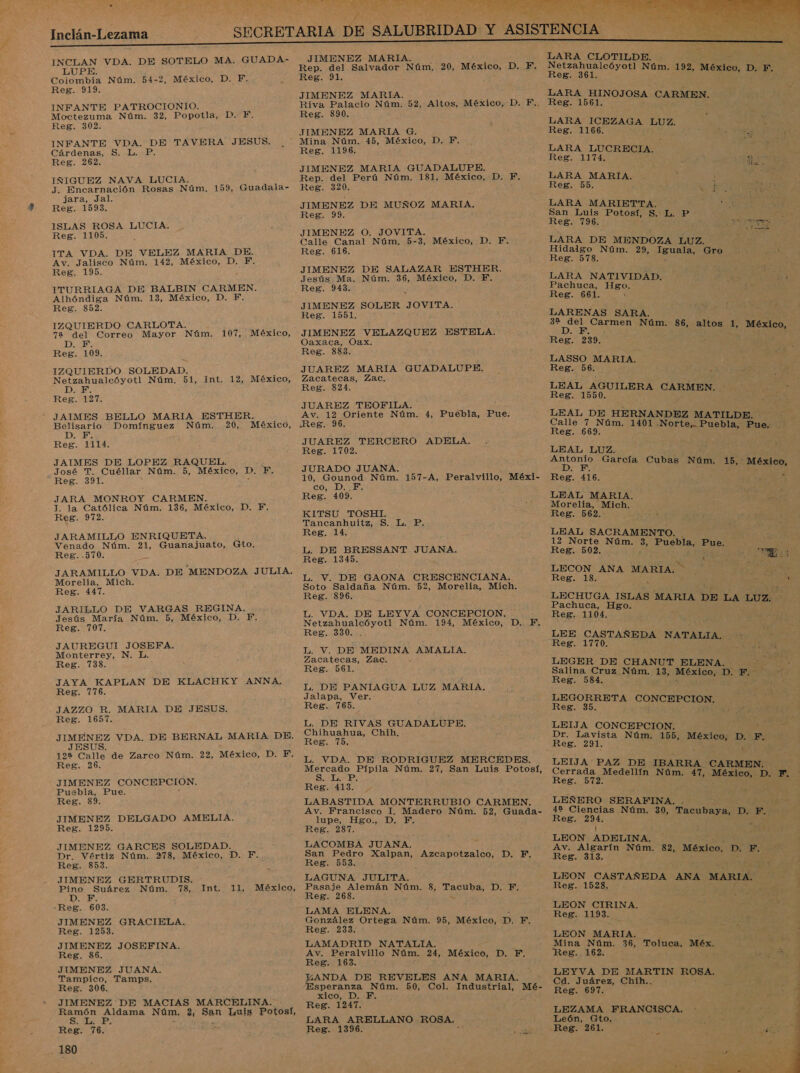 Inclán-Lezama   INCLAN VDA. DE SOTELO MA. GUADA-. LUPE. Coiombia Núm. 54-2, México, D. F. Reg. 919. INFANTE PATROCIONIO. Moctezuma Núm. 32, Popotla, D. F. Reg. 302. INFANTE VDA. DE TAVERA JESUS. Cárdenas, S. L. P. Reg. 262. IÑIGUEZ NAVA LUCIA. J. Encarnación Rosas Núm, 159, Guadala- jara, Jal. Reg. 1593. ISLAS ROSA LUCIA. Reg. 1105. ITA VDA. DE VELEZ MARIA DE. Av. Jalisco Núm. 142, México, D. F. Reg. 195. ITURRIAGA DE BALBIN CARMEN. Alhóndiga Núm. 13, México, D. F. Reg. 852. IZQUIERDO CARLOTA. 72 del Correo Mayor Núm. 107, México, DI Reg. 109. IZQUIERDO SOLEDAD. Netzahualcóyotl Núm. 51, Int. 12, México, D. F. Reg. 127. - JAIMES BELLO MARIA ESTHER. Belisario Domínguez Núm. 20, México, ES Reg. 1114. JAIMES DE LOPEZ RAQUEL. José T. Cuéllar Núm. 5, México, D. F. Reg. 391. JARA MONROY CARMEN. J. la Católica Núm. 136, México, D. Y. Reg. 972. JARAMILLO ENRIQUETA. Venado Núm. 21, Guanajuato, Gto. Reg..570. Ne JARAMILLO VDA. DE MENDOZA JULIA. Morelia, Mich. Reg. 447. JARILLO DE VARGAS REGINA. Jesús María Núm. 5, México, D. PF. Reg. 707. JAUREGUI JOSEFA. Monterrey, N. L. Reg. 738. JAYA KAPLAN DE KLACHKY ANNA, Reg. 776. JAZZO R. MARIA DE JESUS. Reg. 1657. JIMENEZ VDA. DE BERNAL MARIA DE. JESUS. 12% Calle de Zarco Núm. 22, México, D. F. Reg. 26. JIMENEZ CONCEPCION. Puebla, Pue. Reg. 89. JIMENEZ DELGADO AMELIA. Reg. 1295. JIMENEZ GARCES SOLEDAD. Dr. Vértiz Núm. 278, México, D. F.. Reg. 853. JIMENEZ GERTRUDIS. Pino Suárez Núm. 78, Int. 11, México, D. F. -Reg. 608. JIMENEZ GRACIELA. Reg. 1253. JIMENEZ JOSEFINA. Reg. 86. JIMENEZ JUANA. Tampico, Tamps. Reg. 306. JIMENEZ DE MACIAS MARCELINA. e a Ones Y Núm, 2, San Luis Potosí, 180      LARA CLOTILDE. Netzahualcóyotl Nám. 192, México, DE Reg. 361. LARA HINOJOSA CARMEN. Reg. 1561. LARA ICEZAGA LUZ. Reg. 1166. LARA LUCRECIA. Reg. 1174, j E LARA MARIA. - : : Reg. 55. Ca det LARA MARIETTA. : ] San Luis Potosí, SE A Reg. 796. EAN LARA DE MENDOZA LUZ. Ñ Hidalgo Núm. 29, Iguala, Gro de Reg. 578. RI LARA NATIVIDAD. MES det Pachuca, Hgo. Reg. 661. ' LARENAS SARA. a Carmen Núm. 86, altos E Mexica Reg. 239. LASSO MARIA. Reg. 56. LEAL AGUILERA CARMEN. . Reg. 1550. ' LEAL DE HERNANDEZ MATILDE. Calle 7 Núm. 1401 Norte, P e Oo e, Puebla, Pue. LEAL LUZ. pi, García Cubas Núm. 15, México, Reg. 416. h 5 LEAL MARIA. Morelia, Mich. Reg. 562. LEAL SACHANENTO: 12 Norte Núm. 3, Puebla, Pue. : , Reg. 502. REN q LECON ANA MARIA. qe E Re DiaS S Ae LECHUGA ISLAS MARIA DE LA LUZ. x Pachuca, Hgo. Reg. 1104. LEE CASTAÑEDA NATALIA. Reg. 1770. LEGER DE CHANUT ELENA. z Salina Cruz Núm. 13, México, DE Reg. 584. LEGORRETA CONCHPCION:. Reg. 35. LEIJA CONCEPCION, Dr. Lavista Núm. 155, Méxi Reg. 291. dae e E. LEIJA PAZ DE IBARRA CARMEN. Cerrada Medellín Núm. 47, MESS DM Reg. 572. ' 3 LEÑERO SERAFINA. 4% Ciencias Núm. 30, Tacubaya, D. F. Reg. qe p LEON ADELINA. : Av. Algarín Núm. 82, México, D. E Reg. 313. LEON CASTAÑEDA ANA MARIA. Reg. 1528. LEON CIRINA. Reg. 1193. LEON MARIA. Mina Núm. 36, Toluca, MENS Reg. 162. LEYVA DE MARTIN ROSA. Cd. Juárez, Chih.. - ] Reg. 697. LEZAMA FRANCISCA, León, Gto,