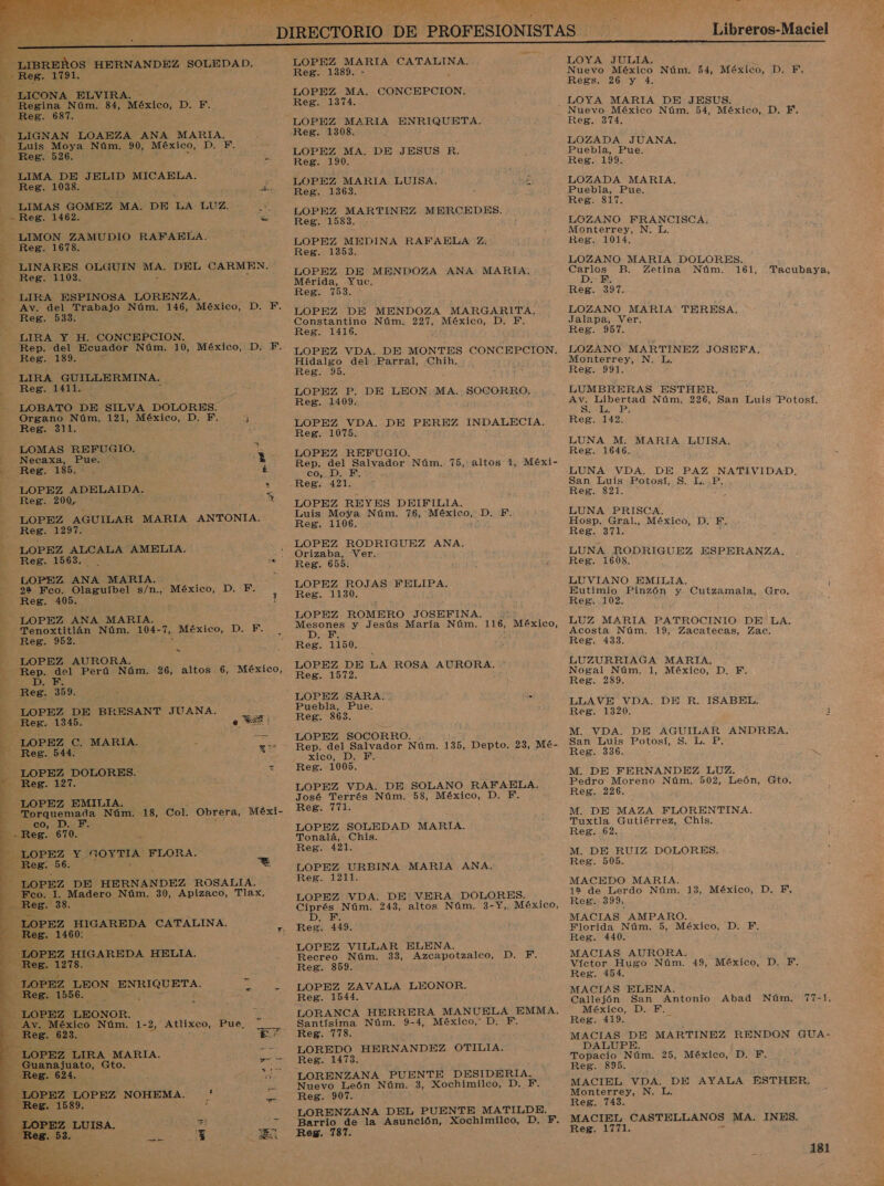            IBREROS HERNANDEZ SOLEDAD. eg. 1791. LICONA ELVIRA. Regina Núm. 84, México, D. F. Reg. 687. 5 ; , -—(LIGNAN LOAEZA ANA MARIA, Luis Moya Núm. 90, México, DIE - - Reg. 526. E ES: LIMA DE JELID MICAELA. Reg: 1038. E ás - LIMAS GOMEZ MA. DE LA LUZ. he Reg. 1462. pa : - LIMON ZAMUDIO RAFAELA. Reg. 1678. LINARES OLGUIN MA. DEL CARMEN. Reg. 1103. LIRA ESPINOSA LORENZA, Av. del Trabajo Núm. 146, México, D. F, Reg. 533. , LIRA Y H. CONCEPCION. - Rep. del Ecuador Núm. 10, México, D. F. Reg. 189, - LIRA GUILLERMINA. Reg. 1411. 3 LOBATO DE SILVA DOLORES. E - Organo Núm. 121, México, DER y Reg. 311. e LOMAS REFUGIO. : Necaxa, Pue. &gt; 3 pde Reg. 185. . É LOPEZ ADELAIDA. A Reg. 200, Y A - LOPEZ AGUILAR MARIA ANTONIA. Reg. 1297. A EI LOPEZ. ANA. MARIA. 922 Fco. Olaguíbel s/n., México, D. F. Reg. 405. h LOPEZ ANA MARIA. bp Tenoxtitlán Núm. 104-7, México, D. F. , y a) Reg. 952. LOPEZ AURORA. Rep. del Perú Núm. 26, altos 6, México, D. F. 3 Reg. 359: a        - LOPEZ DE BRESANT JUANA. s E ReB. 1345, &gt; ess - LOPEZ C. MARIA. + e Reg. 544. xl LOPEZ DOLORES. £ Reg. 127. LOPEZ EMILIA. Torquemada Núm. 18, Col. Obrera, Méxi- -c0, D. Y. Reg. 670. LOPEZ Y GOYTIA FLORA, e Res. 56. “LOPEZ DE HERNANDEZ ROSALIA. co. L AS Núm. 30, Apizaco, Tlax, E 2 e A LOPEZ ici CATALINA. Reg. 1389. LOPEZ. MA. CONCEPCION. Reg. 1374. Reg. 1308. LOPEZ MA, DE JESUS R. Reg. 190. LOPEZ MARIA LUISA, z Reg. 1363. &gt; ; LOPEZ MARTINEZ MERCEDES. Reg. 1583. LOPEZ MEDINA RAFAELA Z. Reg. 1353, LOPEZ DE MENDOZA ANA Mérida, Yuc. Reg. 753. LOPEZ DE MENDOZA MARGARITA, Constantino Núm. 227, México, D. F. Reg. 1416. LOPEZ VDA. DE MONTES CONCEPCION. Hidalgo del Parral, Chih, Reg. 95. LOPEZ P. DE LEON MA. SOCORRO. Reg. 1409. MARIA. LOPEZ VDA. DE PEREZ INDALECIA, Reg. 1075. LOPEZ REFUGIO. Rep. del Salvador Núm. 75, altos 1, Méxi- Co LD BE: Reg. 421. LOPEZ REYES DEIFILIA. Luis Moya Núm. 76, México, -D. F. Reg. 1106. LOPEZ RODRIGUEZ ANA, Orizaba, Ver. Reg. 655. LOPEZ ROJAS FELIPA. Reg. 1130. LOPEZ ROMERO JOSEFINA. : RA y Jesús María Núm. 116, México, Reg. 1150. LOPEZ DE LA ROSA AURORA. Reg. 1572. LOPEZ SARA. y Puebla, Pue. Reg. 863. LOPEZ SOCORRO. . Rep. del Salvador Núm. 135, Depto. 23, Mé- XiCO, DP Reg. 1005. LOPEZ VDA. DE SOLANO RAFAELA. José Terrés Núm. 58, México, D. F. Reg. 771. LOPEZ SOLEDAD MARIA. Tonalá, Chis. Reg. 421. : LOPEZ URBINA MARIA ANA, Reg. 1211. LOPEZ VDA. DE VERA DOLORES. Ciprés Núm. 243, altos Núm. 3-Y, México, DIE Reg. 449. LOPEZ VILLAR ELENA. Recreo Núm. 33, Azcapotzalco, Reg. 859. LOPEZ ZAVALA LEONOR. Reg. 1544. LORANCA HERRERA MANUELA EMMA, Santísima Núm. 9-4, México, D. F. Reg. 7178. LOREDO HERNANDEZ OTILIA. Reg. 1473. LORENZANA PUENTE DESIDERIA. Nuevo León Núm. 3, Xochimilco, D. F. Reg. 907. DE. Barrio de la Asunción, Xochimilco, D. F. Reg. 787. Libreros-Maciel  LOYA JULIA. Nuevo México Núm. 54, México, D. F Regs. 26 y 4. Nuevo México Núm. 54, México, D. F, Reg. 374, LOZADA JUANA. Puebla, Pue. Reg. 199. LOZADA MARIA, Puebla, Pue. Reg. 817. LOZANO FRANCISCA, Monterrey, N Reg. 1014. LOZANO MARIA DOLORES. Carlos B. Zetina Núm. 161, DEE Reg. 397. LOZANO MARIA TERESA. Jalapa, Ver. Reg. 957. LOZANO MARTINEZ JOSEFA. Monterrey, N. L. Reg. 991. LUMBRERAS ESTHER. Av. Libertad Núm. 226, San Luis Potosí. SINE Ps Reg. 142. Tacubaya, LUNA M. MARIA LUISA. Reg. 1646. LUNA VDA. DE PAZ NATIVIDAD, San Luis Potosí, S. L..,P. Reg. 821. LUNA PRISCA. Hosp. Gral,, México, D. F. Reg. 371. ; LUNA RODRIGUEZ ESPERANZA. Reg. 1608. LUVIANO EMILIA. Eutimio Pinzón y Cutzamala, Gro. Reg. 102. LUZ MARIA PATROCINIO DE LA. Acosta Núm. 19, Zacatecas, Zac. Reg. 433. LUZURRIAGA MARIA. Nogal Núm. 1, México, D. F. Reg. 289. LLAVE VDA. DE R. ISABEL. Reg. 1320. M. VDA. DE AGUILAR ANDREA. San Luis Potosí, S. L. P, Reg. 336. M. DE FERNANDEZ LUZ. Pedro Moreno Núm. 502, León, Gto. Reg. 226. M. DE MAZA FLORENTINA,. Tuxtla Gutiérrez, Chis, Reg. 62. M. DE RUIZ DOLORES. Reg. 505. MACEDO MARIA. 12 de Lerdo Núm. 13, México, D. F. Reg. 399 MACIAS AMPARO. Florida Núm. 5, México, Reg. 440. MACIAS AURORA. Víctor Hugo Núm. Reg. 154. MACIAS ELENA. Callejón San Antonio Abad Núm. México, D. F. Reg. 419. = MACIAS DE MARTINEZ RENDON GUA- DALUPE. Topacio Núm. 25, México, D., F. Reg. 895. MACIEL VDA. DE AYALA Monterrey, N. L. Reg. 743. MACIEL CASTELLANOS MA. INES. Reg. 1771. D. F. 49, México, D. F. 771, ESTHER.