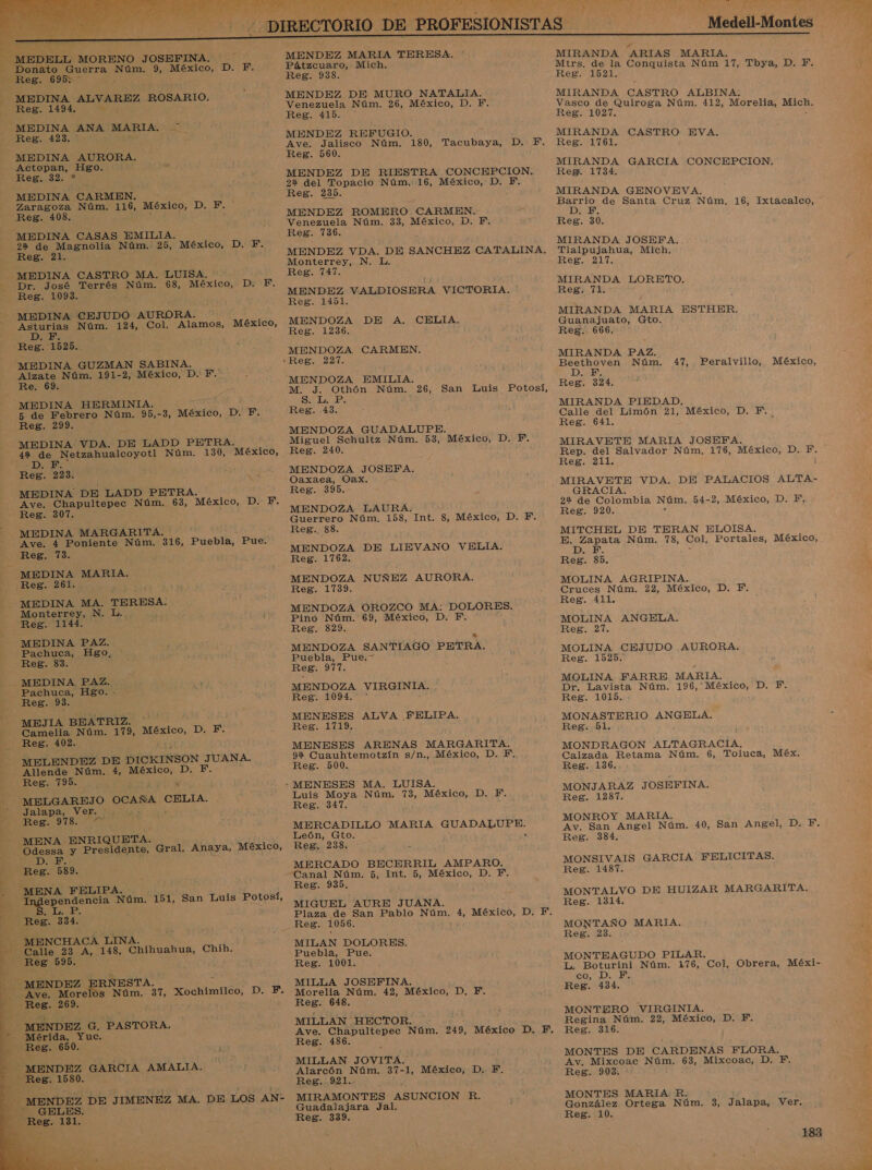       E ELL MORENO JOSEFINA. - Donato Guerra Núm. 2, México, D. ql Reg. 6953 7 MEDINA ALVAREZ ROSARIO. Reg. 1494. a MEDINA ANA MARIA. Reg. 423..' &gt; MEDINA AURORA. Actopan, Hgo. Reg. 32. * MEDINA CARMEN. Zaragoza Núm. 116, México, DP Reg. 408. MEDINA CASAS EMILIA. ; 22 de Magnolia Núm. 25, México, DIME Reg. 21. - MEDINA CASTRO MA. LUISA, 44.507 EDr: ¡José Terrés Núm. 68, México, D. F. Reg. 1093. MEDINA CEJUDO AURORA. Asturias Núm. 124, Col, Alamos, México, D. F. ; Reg. 1525. MEDINA GUZMAN SABINA. Alzate Núm. 191-2, México, D. F. Re. 69. MEDINA HERMINIA. 5 de Febrero Núm. 95,-3, México, es Reg. 299. ¿ MEDINA! VDA. DE LADD PETRA. i4ende Netzahualcoyotl Núm. 130, México, 10% DD: Reg. 223. MEDINA DE LADD PETRA. Ave. Chapultepec Núm. 63, México, D. ds Reg. 307. MEDINA MARGARITA. Ave. 4 Poniente Núm. 316, Puebla, Pue. Reg. 73. MEDINA MARIA. Reg. 261. - MEDINA MA. TERESA. Monterrey, N. L Reg. 1144. MEDINA PAZ. Pachuca, Hgo, * Reg. 83. MEDINA PAZ. Pachuca, Hgo. - Rea 93. MEJIA BEATRIZ. ' Camelia Núm. 179, México, DEE - Reg. 402. MELENDEZ DE DICKINSON JUANA. Allende Núm. 4, México, D. F. 5 SE IO eN MELGAREJ o occ d CELIA. Jalapa, Ver. ' É Reed 18.01 MENA ENRIQUETA. Odessa y Presidente, Y DATOS Reg. 589. MENA FELIP ependencia Aún. 151, San Luis Potosí, DES ó Reg. 334. MENCHACA LINA. Calle 23 A, 148, Chihuahua, Chih. Gral. Anaya, México, RAN Ly A ia! Reg 595. E: MENDEZ . RNESTA q Ave. Morelos Núm. 37, a D. F. . Reg. 269. A      MENDEZ G. PASTORA. Mérida, Yuc. - Reg. 650. MENDEZ GARCIA AMALIA. Reg. 1580. MENDEZ DE JIMENEZ MA. DE LOS AN- GELES. Reg. 131. MENDEZ MARIA TERESA, Pátzcuaro, Mich. Reg. 938. MENDEZ DE MURO NATALIA. Venezuela Núm. 26, México, D. F. Reg. 415. MENDEZ REFUGIO. Ave. Jalisco Núm. 180, Tacubaya, Reg. 560. MENDEZ DE RIESTRA CONCEPCION. 22 del Topacio Núm. 16, México, D. Y. Reg. 235. MENDEZ ROMERO CARMEN. Venezuela Núm. 33, México, D. F. Reg. 736. Monterrey, N. L. Reg. 747. MENDEZ VALDIOSERA VICTORIA. Reg. 1451. MENDOZA DE A. CELIA. Reg. 1236. MENDOZA CARMEN. MENDOZA EMILIA. M. J. Othón Núm. 26, San Luis Potosí, SALE es Reg. 43. MENDOZA GUADALUPE. Miguel Schultz Núm. 53, México, D. FP. Reg. 240. MENDOZA JOSEFA. Oaxaea, Oax. Reg. 395. MENDOZA LAURA. Guerrero Núm. 158, Int. 8, México, D. F. Reg. 88. MENDOZA DE LIEVANO VELIA. Reg. 1762. MENDOZA NUÑEZ AURORA. Reg. 1739. MENDOZA OROZCO MA: DOLORES. Pino Núm. 69, México, D. F. Reg. 829. 1 MENDOZA SANTIAGO PETRA. Puebla, Pue.” Reg. TT MENDOZA VIRGINIA, Reg: 1094. ” MENESES ALVA FELIPA. Reg. 1719. MENESES ARENAS MARGARITA. 92 Cuauhtemotzín s/n., México, D. F. Reg. 500. Luis Moya Núm. 73, México, D. F. Reg. 347. MERCADILLO MARIA Os ba León, Gto. Reg. 238. MERCADO BECERRIL AMPARO. Canal Núm. 5, Int. 5, México, D. F. Reg. 935. MIGUEL AURE JUANA. Plaza de San Pablo AA 4, México, D. F. Reg. 1056. MILAN DOLORES. Puebla, Pue. Reg. 1001. MILLA JOSEFINA. Morelia Núm. 42, México, D, F. Reg. 648. MILLAN HECTOR. Ave. Chapultepec Núm. 249, México D. F., Reg. 486. MILLAN JOVITA. Alarcón Núm. 37- 1, México, D.F. Reg. .921.. MIRAMONTES ASUNCION R. Guadalajara Jal. Reg. 339. Medell-Montes MIRANDA ARIAS MARIA. Mtrs. de la Conquista Núm 17, Tbya, D. Y. Reg. 1521. MIRANDA CASTRO ALBINA; Vasco de Quiroga Núm, 412, Morelia, MICH. Reg. 1027. MIRANDA CASTRO EVA. Reg. 1761. MIRANDA GARCIA CONCEPCION, Reg. 1734. MIRANDA GENOVEVA. ES de Santa Cruz Núm. 16, Ixtacalco, Reg. 30. MIRANDA JOSEFA. Tlalpujahua, Mich, Reg. 217. MIRANDA LORETO. Reg. 71. MIRANDA MARIA ESTHER. Guanajuato, Gto. Reg. 666. ' MIRANDA PAZ. Beethoven Núm. DIE. Reg. 324. MIRANDA PIEDAD. Calle del Limón 21, México, D. F.. Reg. 641, MIRAVETE MARIA JOSEFA. Rep. del Salvador Núm, 176, México, D.. F. Reg. 211. ] 47, Peralvillo, México, GRACIA. 22 de Colombia Núm. 54-2, México, D. Y. Reg. 920, MITCHEL DE TERAN ELOISA. o OE Núm. 78, Col, Portales, México, Reg. 85. MOLINA AGRIPINA. Cruces Núm. 22, México, D. F. Reg. 411. MOLINA ANGELA. Reg. 27. MOLINA CEJUDO AURORA. Reg. 1525. MOLINA FARRE MARIA, Dr. Lavista Núm. 196, México, D. F. Reg. 1015, MONASTERIO ANGELA. Reg. 51. MONDRAGON ALTAGRACIA., Calzada Retama Núm. 6, Toluca, Méx, Reg. 136. MONJARAZ JOSEFINA. Reg. 1287. MONROY MARIA. Av. San Angel Núm. 40, San Angel, Da E, Reg. 384. MONSIVAIS GARCIA FELICITAS. Reg. 1487. MONTALVO DE HUIZAR MARGARITA, Reg. 1314. MONTAÑO MARIA. Reg; 129. MONTEAGUDO PILAR. L. Boturini Núm. 176, Col, Obrera, Méxi- 7 co, D. FE, » Reg. 434. í MONTERO VIRGINIA, - Regina Núm. 22, México, D. F. Reg. 316. MONTES DE CARDENAS FLORA. 3 Av. Mixcoac AS 63, Mixcoac, D, Y. : Reg. 903. MONTES MARIA R. González Ortega Núm. 3, Jalapa, Ver. Reg. 10.