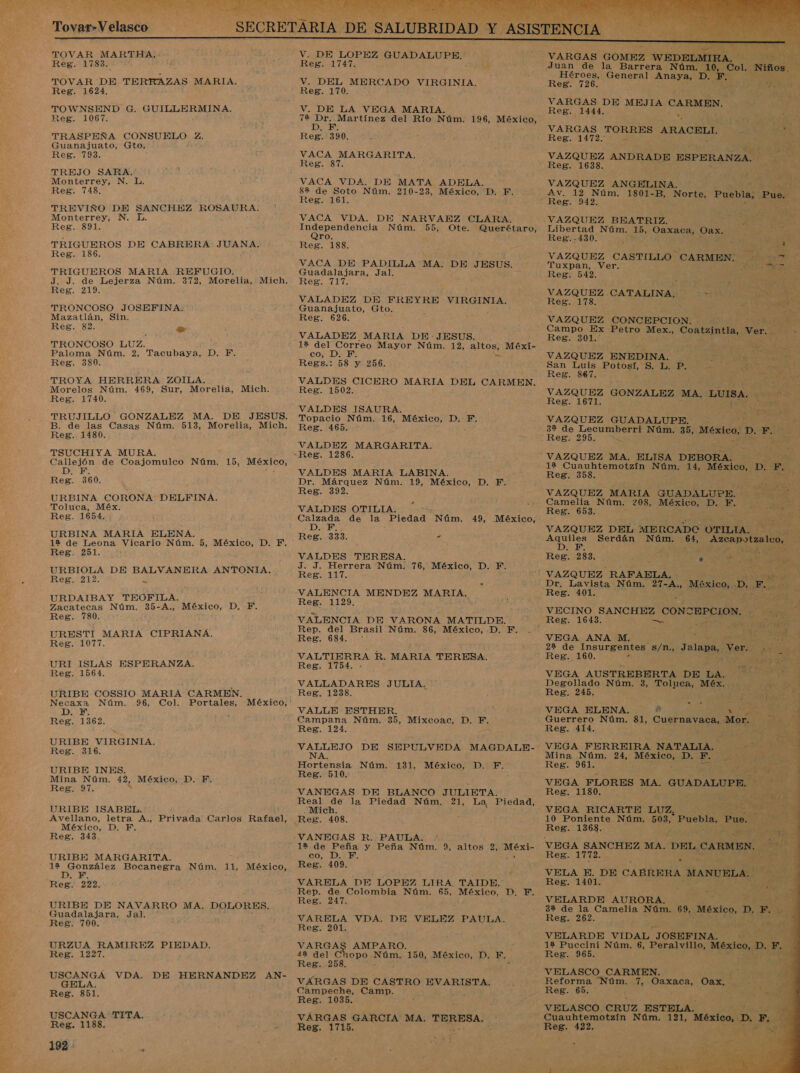 ES TOVAR MARTHA, Reg. 1783. TOVAR DE TERRAZAS MARIA. Reg. 1624. TOWNSEND G. GUILLERMINA, Reg. 1067. TRASPEÑA CONSUELO Z. Fuanajuato, Gto. Reg. 793. TREJO SARA. Monterrey, N. L. Reg. 748. TREVIÑO DE SANCHEZ ROSAURA. Monterrey, N. L. Reg. 891. TRIGUEROS DE Reg. 186. TRIGUEROS MARIA. REFUGIO. J. J. de Lejerza Núm. Reg. 219. TRONCOSO JOSEFINA. Mazatlán, Sin. Reg. 82. = TRONCOSO LUZ. h Paloma Núm. 2, Tacubaya, D. F. Reg. 380. TROYA HERRERA ZOILA. , Morelos Núm. 469, Sur, Morelia, Mich. Reg. 1740. CABRERA JUANA. Reg. 1480. TSUCHIYA MURA. DP. Reg. 360. URBINA CORONA DELFINA. Toluca, Méx. Reg. 1654. URBINA MARIA ELENA. Reg. 251. URBIOLA DE A ANTONIA. Reg. 212. Á URDAIBAY TEOFILA. ; Zacatecas Núm. 35-A., México, D, F. Reg. 780. URESTI MARIA CIPRIANA. Reg. 1077. URI ISLAS ESPERANZA. Reg. 1564. URIBE COSSIO MARIA CARMEN. Necaxa Núm. 96, Col. Portales, DIRE Reg, 1362. URIBE VIRGINIA. Reg. 316. URIBE INES. Mina Núm. 42, México, D. F. Reg. 97. URIBE ISABEL. México, D. F. Reg. 343. URIBE MARGARITA. 12 González Bocanegra Núm. 10 e e Reg. 222. URIBE DE NAVARRO MA. DOLORES. Guadalajara, Jal. Reg. 700. URZUA RAMIREZ PIEDAD. Reg. 1227. USCANGA TITA, Reg. 1188. 192 le V. DE LOPEZ SA Reg. 1747. V. DEL MERCADO VIRGINIA, Reg. 170. V. DE LA VEGA MARIA. DE Reg. 390. VACA MARGARITA. Reg. 87. VACA VDA. DE MATA ADELA. 82 de Soto Núm. 210-23, México, D. F. Reg. 161. VACA VDA. DE NARVAEZ CLARA. Independencia Núm. 55, Ote. Querétaro, Qro. Reg. 188. VACA DE PADILLA MA. DE JESUS. Guadalajara, Jal. Ree, LT. VALADEZ DE FREYRE VIRGINIA. Guanajuato, Gto. Reg. 626. VALADEZ MARIA DE-JESUS. 12 del Correo Mayor Núm. 12, AOS Méxi- co; D. E. Regs.: 58 y 256. Reg. 1502. VALDES ISAURA. Topacio Núm. 16, MÉXICO, D. F. Reg. 465. VALDEZ MARGARITA. Dr. Márquez Núm. Reg. 392. VALDES OTILIA. E Calzada de la Piedad Núm. DATE Reg. 333. - 19, México, D., F. 49, México, VALDES TERESA. J. J, Herrera Núm. 76, México, D. F. Reg. 117. VALENCIA MENDEZ MARIA. Reg. 1129. VALENCIA DE VARONA MATILDE. Rep. del Brasil Núm. 86, México, -D. F. Reg. 684. ' VALTIERRA R. MARIA TERESA. Reg. 1754. » VALLADARES JULIA. Reg. 1238. VALLE ESTHER. Campana Núm. 35, Mixcoac, D. E Reg. 124. VALLEJO DE NA. Hortensia Núm. 131, Reg. 510. VANEGAS DE BLANCO JULIETA. Real de la Piedad Núm. 21, La Piedad, Mich. Reg. 408. VANEGAS R. PAULA, 12 de Peña y Peña Núm. 9, altos 2, es 0, 123. Reg. 409. VARELA DE LOPEZ LIRA TAIDE. Rep. de Colombia Núm. $5, México, D. YE. Reg. 247. VARELA VDA. DE VELEZ PAULA. Reg. 201. VARGAS AMPARO. 42 del Chopo Núm. 150, México, D. E. Reg. 258. VARGAS DE CASTRO EVARISTA. Campeche, Camp. Reg. 1035. VARGAS GARCIA MA. o seg Reg. 1715, SEPULVEDA MAGDALE- México, D. F.   VARGAS GOMEZ WEDE: Juan de la Barrera Núm. E Héroes, General ana De PF. e Reg. 726. 5% ps VARGAS DE MEJIA CARMEN. Reg. 1444. . VARGAS TORRES AÑACuiS | ce : Reg. 1472; &gt; : VAZQUEZ ANDRADE ESPERANZA. se Reg. 1638. y | VAZQUEZ ANGELINA. Av. 12 Núm. 1801-B, AS Puebla, Pue. Reg. 942. VAZQUEZ BEATRIZ. pz Libertad Núm. 15, Oaxaca, Qax, 2 Reg. .430. E . d e VAZQUEZ CASTILLO CARMEN. da EN Tuxpan, Ver. CUELA 5? Reg. 542. s VAZQUEZ CATALINA, EPI A Reg. EE: E VAZQUEZ CONCEFCION. A Campo Ex Petro Mex., Coatzintla,. Mor Reg. 301 VAZQUEZ ENEDINA. Ip IR San Luis Potosí, S, L. P. E E Reg. 867. VAZQUEZ GONZALEZ MA. LUISA. | y No Reg. 1671. A VAZQUEZ GUADALUPE. 32 de Lecumberri mobi 35, México, D.. Y, ta Reg: 29. 7 VAZQUEZ MA. ELISA DEBORA. Aya 12 Cuauhtemotzín Núm. 14, México, D. F. 3 Reg. 358. ; VAZQUEZ MARIA GUADALUPE. Pa Camelia Núm. 208, México, D. F. Reg. 653. : E Y VAZQUEZ DEL MERCADO OTILIA. pa OS Serdán Núm. 61, Arcapstratco, 5. Reg. 283. VAZQUEZ RAFAELA, Dr. Lavista Núm. 27-A.,      México, te AS VECINO SANCHEZ CON AO A  Y VEGA ANA M, A dia 22 de suena s/n., Jalapa, Ver. PT, Reg. 160 A Dl Y e Y See VEGA AUSTREBERTA DE LA. a  Degollado Núm. 3, Toluca, O : Sa Reg. 245, p A ¡ ¿33 pd ; VEGA ELENA. .&gt;.D. AAA '] Guerrero Núm. 81, SERA Mor. d 3 Reg. 414. pe S            VEGA FERREIRA NATALIA. Mina Núm. 24, México, D. F. 439 Reg. 961. ti VEGA FLORES MA. GUADALUPE. AG Reg. 1180. 5 &gt; VEGA RICARTE LUZ, A 10 Poniente Núm. 508, Puebla, 28 Lx Reg. 1368. E ie VEGA SANCHEZ MA. DEL CARMEN. as Reg. 1772. AS, e E, e VELA E. DE CABRERA. MANUELA. Reg. 1401. o VELARDE AURORA. É dd 32 de la Camelia Núm. 69, México, D, E YE Reg. 262, VELARDE VIDAL JOSEFINA. ES 12 Puccini Núm. 6, Peralvillo, México, o: EN Reg. 965. ed oe VELASCO CARMEN. Aa Reforma Núm. 7, pS Oax, &gt; Reg. 65. Ba VELASCO. CRUZ ESTELA. RAN Cuauhtemotzín Núm. 121, México, D, %. Ps É