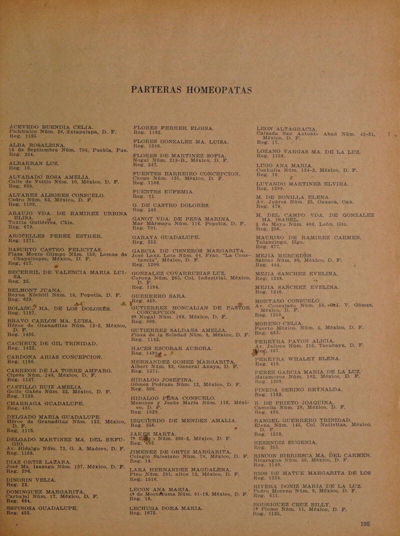 ALBA ROSALBINA, 16 de Septiembre Núm. 704, Puebla, Pue. po ALBARRAN LUZ. Reg. LOs -. ALVARADO ROSA AMELIA. . he Calle de Voitio Núm. 10, po . dE Reg. 609. ) » ALVAREZ ALBORES CONSUELO. “Cedro Núm. 63, -México, D. F. 1% Reg 4109: ARAUJO VDA.. DE RAMIREZ URBINA ELISA. es is dies Gutiérkez, Chia. _ Reg. 679. - ARGUELLES PEREZ ESTHER. Reg. 1271, - BASURTO CASTRO FELICITAS. Plaza Monte Olimpo Núm. 150, Lomas de Chapultepec, México, D. F. BECERRIL. DE VALENCIA MARIA LUI- E Reg. 2). E BELMONT JUANA. Reyna Xóchitl Núm. 16, Popotla, D. F. Reg. 629. ' rt - BOLAÑOS MA. DE LOS DOLORES. Reg. 1187. BRAVO CARLON MA. LUISA. 1 de Granaditas Núm. 12-2, México, a q Reg. 1495. CACHEUX DE GIL TRINIDAD. Reg. 1422, . CARDONA ARIAS CONCEPCION. - Reg. 1186. RREON DE LA TORRE AMPARO. PEA 240, México, D. vn ASTILLO RUIZ' AMPLIA. ON Núm. 32, México, D. F.      O 7 PARTERAS HOMEOPATAS FLORES FERRER ELOISA, Reg. vd, Reg. 1386. Nogal Núm. 218-B., México, DS Reg. 547. FUENTES BARREIRO CONCEPCION. Chopo Núm. 135, México, D. F. Reg. 1108. FUENTES EUFEMIA. Reg. 11. Reg. 348. GANOT VDA. DE PEÑA MARINA. Mar Mármara Núm. 116, Popotla, D. F. Reg. 701. GARAYA GUADALUPE. Reg. 393. , GARCIA DE CISNEROS MARGARITA. José Lanz, Lote Núm. 64, Frac. “La Cons- GONZALEZ COVARRUBIAS LUZ. Corona Núm. 265, Col. Industrial, México: DER Reg. 1194. GUERRERO SARA. Reg. 459. CONCEPCION. 62 Nogal Núm. 168, México, D. F. Reg. 909. GUTIERREZ SALDAÑA AMELIA. Plaza de la Soledad Núm. 8, México, D. F. Reg. 1142. HACES be AURORA. Reg. 14908 o HERNANDEZ GOMEZ MARGARITA. Albert Núm. 83, General Anaya, D. EF. Reg. 1371. HIDALGO JOSEFINA. Gómez Pedraza Núm. 12, México, IAE Reg. 596. HIDALGO PEÑA «CONSUELO. Mesones y Jesús María Núm. 116, Méxi- CO DIE: ñ A DE MENDEZ AMALIA. Reg. 856. y 7a :2&gt; Núm. 266-2, México, D. F. Reg. 3. JIMENEZ DE ORTIZ MARGARITA. Colegio Salesiano Núm. 70, PELI DEE Reg. 14. LARA HERNANDEZ MAGDALENA. Pino Núm. 291, altos 12, México, D. EF. Reg. 1516. Y LECON ANA MARIA. 48 de Moctézuma Núm. 91-16, México, D. F. Reg. 18. LECHUGA DORA MARIA. Reg. 1675. , ' Ri 3 ENS A a , : Urea $  LEON ALTAGRACIA. Calzada San Antonio Abad Núm. 43-31, México, D. F. Resta LOZANO VARGAS MA. DE LA LUZ. LUGO ANA MARIA. Coahuila Núm. 134-2, México, D. F. Reg. 16. E y LUYANDO MARTINEZ ELVIRA. M. DE BONILLA ELENA. Av. Juárez Núm. 25, Oaxaca, Oax. M. DEL CAMPO :'VDA. DE GONZALEZ MA. ISABEL. 5 de Mayo Núm. 406, León, Gto. MAURIÑO DE RAMIREZ CARMEN, Tulancingo, Hgo. MEJIA MERCEDES. MEJIA SANCHEZ EVELINA. Reg. 1248. 2 MEJIA SANCHEZ EVELINA, MONTAÑO CONSUELO. Av. Consulado Núm. 59, »Gti. México, D. F. Reg. 1259., MORENO CELIA. Puerto México, Núm. PEREYRA PAVON ALICIA. Av. Jalisco Núm. 310, Tacubaya, D. F, E&gt;s5 467. PEREYRA WHALEY ELENA. PEREZ GARCIA MARIA DE LA LUZ.' Matamoros Núm. 102, México, D. F. PINEDA SERINO REYNALDA, R. DE PRIETO JOAQUINA. Camelia Núm. 20, México, D. Y. RANGEL GUERRERO TRINIDAD. Elena Núm. 145, Col. Nativitas, DASS RESENDIZ EUGENIA. RINCON BIBRIESCA MA, DEL CARMEN. Nicaragua Núm. 55, México, D. F, RIOS DE MATUK MARGARITA DE LOS RIVERA DONIZ MARIA DE LA LUZ. Pedro Moreno Núm. 9, México, D. F',, _Reg. 54d, RODRIGUEZ CRUZ BILLY. 12 Plomo Núm. 11, México, D. F, Reg. 1135, V. Gómez, 5, México, D. Y. México, UA