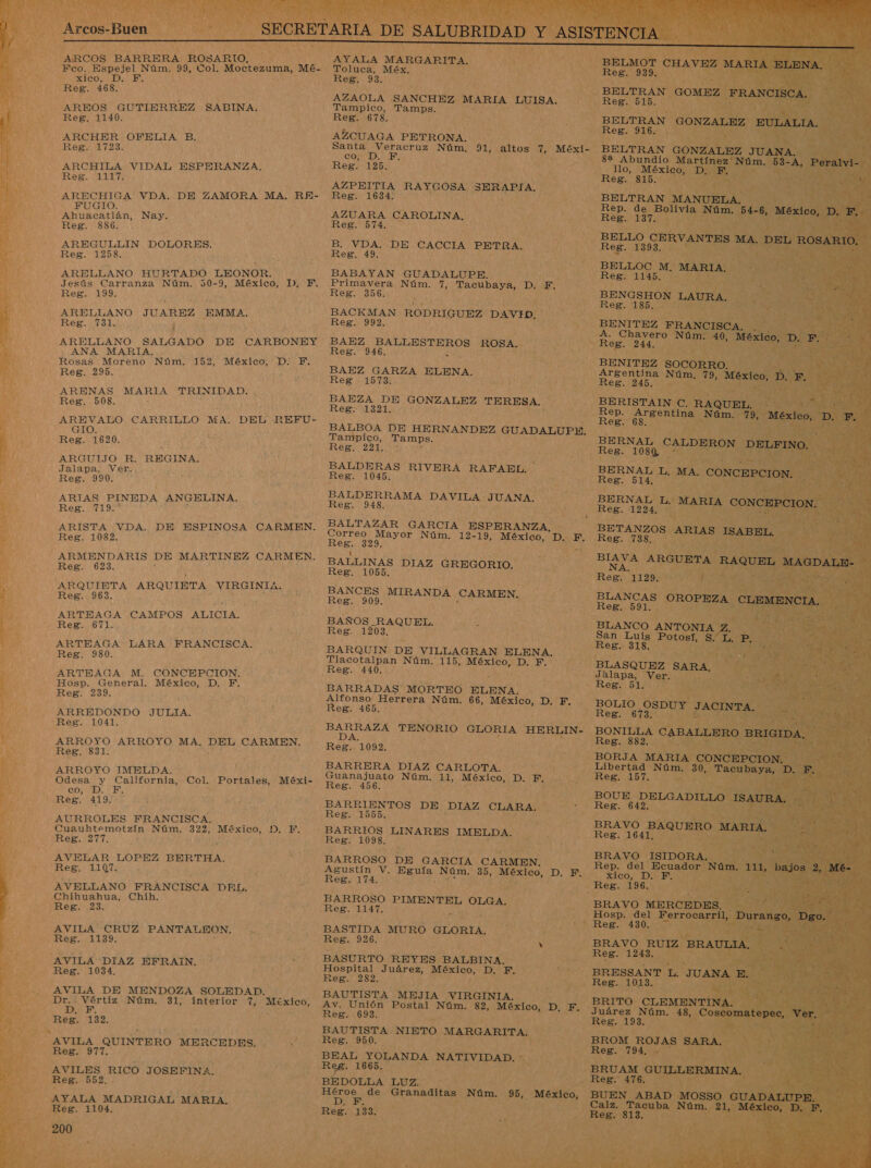  ARCOS BARRERA ROSARIO,    xico, Reg. 468. AREOS GUTIERREZ SABINA. Reg, 1140. ARCHER OFELIA B. Reg. 1723. q —ARCHILA VIDAL ESPERANZA. A NE Reg. 1117. NY: FUGIO. Ai Ahuacatlán, Nay. We Reg. 886... AREGULLIN DOLORES. Reg. 1258. ARELLANO HURTADO LEONOR. Reg. 199. ARELLANO JUAREZ EMMA. Reg. 731.: a :  q ANA MARIA. bo Rosas Moreno Reg. 295. ARENAS MARIA TRINIDAD. Reg. 508. Núm. 152,  E GIO. Ne e, Reg. 1620. 4 A ARGUIJO R. REGINA. 19444 Jalapa, Ver. uN Reg. 990. ARIAS PINEDA ANGELINA. Reg. 719. Reg. 1082, Reg. 623. ARQUIETA ARQUIETA VIRGINIA, Reg. 963, ARTEAGA CAMPOS ALICIA. Reg. 671. ARTEAGA LARA FRANCISCA. Reg, 980. ARTEAGA M,. CONCEPCION. Hosp. General. México, D. F, Reg. 239, ; ARREDONDO JULIA. Reg. 1041. Reg. 831. ARROYO IMELDA. - Odesa y California, Col. co, D. E: Reg. 419, AURROLES FRANCISCA. Portales, Reg. 277. AVELAR LOPEZ BERTHA. Reg. 1107. : AVELLANO FRANCISCA DEL. Chihuahua, Chih. Reg. 23. AVILA CRUZ PANTALEON. &gt; MECSESALLSO: “AVILA “DIAZ BERAIN. Reg. 1034, M Y a DE MENDOZA SOLEDAD. DA y ib Núm. 31, interior 7, Ein ab 32. r E he AVILA QUINTERO MERCEDES, Reg. 977 AVILES da JOSEFINA. Reg, 552. AYALA MADRIGAL MARIA. AIRES: 1104.    AYALA MARGARI A. Toluca, Méx, MAYO Reg. 93. AZAOLA SANCHEZ MARIA. LUISA.     BELTRAN GO EZ 1         Reg. 515. Tampico, Tamps. Reg. 678. BELTRAN 0) E Gi Reg. 916.   AZCUAGA PETRONA. Santa Veracruz Núm, 91, altos 7, Méxi- BELTRAN Go:         COMU: LEY ] 8% Abundio Reg. 125. o, México, Reg. 5 Lo e AZPEITIA RAYGOSA SERAPIA. Reg. 1634: 4                                           . Rep. de] AZUARA CAROLINA, Reg. 137. Reg. 574. BELLO CER E aa DE CACCIA PETRA. Reg. 1393, E eg BELLOC M. 3MA BABAYAN GUADALUPE. Reg. 1145, Primavera Núm. 7, Tacubaya, D. E REA AE A Reg. 356. ed, BENGSHON. L BACKMAN RODRIGUEZ DAVID. RS: BAEZ BALLESTEROS ROSA, Reg. 94 y BAEZ GARZA ELENA. BAEZA DE GONZALEZ TERESA. Reg. 1321. $ BALBOA DE HERNANDEZ GUADALUPE. Tampico, PES. Reg. 221. : sE ] BALDERAS RIVERA a BERNAL L MA. an Reg. 1045. A o e BALDERRAMA DAVILA. JUANA. BERNAL Ls A Reg. 948. , Reg. 1224, Ad BETANZOS ARIAS &gt; IS RES SS BALTAZAR GARCIN ESPERANZA. a Núm. 12-19, México, de F. es pl BIAVA AR: BALLINAS DIAZ GREGORIO. NAS ARG Reg. 1055, Reg IDO BANCES MIRANDA CARMEN. ON Pegas OROP BAÑOS_RAQUEL. “BLANCO A Reg. 1203. San Luis . Reg. 318, BARQUIN IAE ELENA, acotalpan m1 México, D. F. BLAS UEZ. Reg. 440, raso y ver: SARA, y) e BARRADAS MORTEO ELENA. ¡Ree Bl D% e Alfonso Herrera Núm. 66, a: DE, oe BOLIO ESO Reg. 465. Reg. 673. ST peinar TENORIO GLORIA HERLIN- BONILLA. Reg. 882. OS 1092. BORJA BARRERA DIAZ CARLOTA. Libertad                         Guanajuato Núm. 11, México, 107 F. Reg. A ¡8 Mo Reg. 456. JN Ñ $ DN BOUE DELGA:; BARRIENTOS DE DIAZ CLARA. Reg. 642, eE» 11809 PR BRAVO PAQUERO - BARRIOS LINARES IMELDA. ; Reg Reg. 1098. ES BARROSO DE GARCIA CARMEN. Agustín V. Eguía Núm. 35, TOS De e Reg. 174. o BARROSO PIMENTEL OLGA. —_BRAVO ME; ] Reg. 1147. Sa - Hosp. del Ferro Ji 4 o. BASTIDA MURO GLORIA. payo E Reg. 926. y BASURTO REYES BALBINA. yes Hospital Juárez, México, D. E Do Reg. 282. ¿ BAUTISTA MEJIA VIRGINIA. Reg. 1243. BRESSANT L - Reg. 1013. FBRITDO CLEMENT MT Av. Unión Postal Núm. 82, México, D, F. Reg. 693. e ESA BAUTISTA NIETO M RGARIT AO + A. BROM gozan Y Reg. 794,    BEAL YOLANDA NATIVIDAD. . Reg. 1665. BRUAN GU IL BEDOLLA LUZ. Y ro ES OS de Granaaltas Núm. 95, México, Reg. 133.